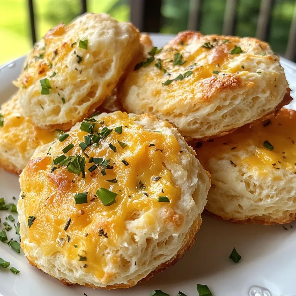 To make Cheddar Herb Drop Biscuits, you need simple ingredients. Here’s what you’ll need: - 2 cups all-purpose flour - 1 tablespoon baking powder - 1/2 teaspoon baking soda - 1 teaspoon salt - 1/2 cup cold unsalted butter, cut into small cubes - 1 cup sharp cheddar cheese, shredded - 1/4 cup fresh herbs (such as chives, parsley, and thyme), finely chopped - 1 cup buttermilk - 1 tablespoon honey (optional, for a touch of sweetness) Each ingredient plays a key role in making these biscuits fluffy and savory. The flour provides the base. Baking powder and baking soda help them rise. Salt adds flavor. Cold butter gives the biscuits a tender texture. Sharp cheddar cheese brings a rich, cheesy taste. Fresh herbs add a burst of flavor. Buttermilk makes the biscuits moist. The honey is optional but can add a nice hint of sweetness. Gather these ingredients, and you're on your way to making delicious biscuits! {{ingredient_image_2}} Start by heating your oven to 425°F (220°C). This high heat helps the biscuits rise. While the oven warms up, line a baking sheet with parchment paper. This step prevents the biscuits from sticking and makes cleanup easier. Grab a large mixing bowl. In it, whisk 2 cups of all-purpose flour, 1 tablespoon of baking powder, 1/2 teaspoon of baking soda, and 1 teaspoon of salt. Mix until everything blends well. This blend will give your biscuits a nice lift. Next, add 1/2 cup of cold, cubed unsalted butter to the flour mix. Use your fingertips or a pastry cutter to blend it in. You want a crumbly texture, like coarse crumbs. After that, fold in 1 cup of shredded sharp cheddar cheese and 1/4 cup of finely chopped fresh herbs. Mix gently, ensuring even distribution of cheese and herbs. In a separate bowl, whisk together 1 cup of buttermilk and 1 tablespoon of honey, if you're using it. Pour this wet mix into the flour mix. Stir gently until just combined. It’s okay if the dough looks slightly lumpy; don’t overmix! Using a spoon or cookie scoop, drop heaping tablespoons of dough onto the prepared baking sheet. Leave about 2 inches of space between each biscuit. This allows them to expand while baking. Once baked, take the biscuits out of the oven. Let them cool on the baking sheet for a few minutes before serving. This helps them set up perfectly and makes them easier to handle. Enjoy them warm! To get the best texture, handle the dough gently. Mix until just combined. Overmixing can make them tough. You want light, fluffy biscuits. Use cold butter to keep the dough flaky. Cut the butter into small cubes. This helps create those lovely layers. If you want extra height, use a little more baking powder. You can change the flavors easily. Try different cheeses like mozzarella or gouda. For herbs, mix in basil or dill for a twist. Adding garlic powder can give a nice kick. If you like a hint of sweetness, use the honey. Just a tablespoon adds great flavor. Serve these biscuits warm straight from the oven. They pair well with soup or salad. For breakfast, add a pat of butter or jam. They are also great with eggs. You can use them for sandwiches too. Enjoy them fresh for the best taste! Pro Tips Use Cold Ingredients: Ensure your butter and buttermilk are cold to create flaky layers in the biscuits. Experiment with Herbs: Try using different combinations of herbs to customize the flavor to your liking. Don't Overmix: Mix the dough just until combined to keep the biscuits tender and light. Brush with Butter: For an extra touch, brush the tops with melted butter immediately after baking for added flavor. {{image_4}} You can switch out the cheddar for other cheeses. Try using mozzarella for a milder taste. Gruyère adds a nutty flavor that is rich and creamy. If you want more zing, use pepper jack. Each cheese gives the biscuits a unique taste and texture. Experiment with your favorites to find what you like best. Fresh herbs can change the flavor of these biscuits. If you don't have chives, try green onions or dill. Parsley is a nice mild option, while basil brings a sweet note. You can also use dried herbs if fresh ones are not available. Just use less, as dried herbs are stronger in flavor. Want to spice things up? Add a pinch of red pepper flakes for heat. A dash of garlic powder gives a savory kick. If you like a touch of sweetness, try adding some paprika. Each spice can change the taste and make your biscuits special. Don’t be afraid to get creative and find your perfect mix! To store leftover cheddar herb drop biscuits, let them cool completely. Place them in an airtight container. You can keep them at room temperature for up to two days. If you want to keep them longer, consider refrigerating them. They will last up to a week in the fridge. Reheating your biscuits is simple. You can use the oven or microwave. For the oven, preheat to 350°F (175°C). Place the biscuits on a baking sheet and warm them for about 10 minutes. If using a microwave, heat each biscuit for about 15 to 20 seconds. Enjoy them warm for the best taste! Freezing is a great option for long-term storage. First, let the biscuits cool completely. Next, wrap each biscuit in plastic wrap. Then, place them in a freezer-safe bag or container. You can freeze them for up to three months. When ready to eat, thaw them in the fridge overnight before reheating. Drop biscuits are quick and easy to make. You don't need to roll or cut them. Instead, you simply scoop the dough and drop it onto the baking sheet. This method keeps the biscuits soft and fluffy. It also saves you time and effort in the kitchen. The dough is a bit wetter than traditional biscuit dough, which helps them rise beautifully. Yes, you can prepare the dough ahead of time. Just mix and drop the dough onto the baking sheet. Then, cover it and place it in the fridge for up to two hours. When you are ready, bake them straight from the fridge. You may need an extra minute or two in the oven. This way, you can enjoy warm, fresh biscuits without the last-minute rush. Check your biscuits after 12 minutes. They should be golden brown on top and have a nice rise. You can also gently tap the top; it should feel firm. If they look pale, give them another minute or two. Keep an eye on them, as every oven is a bit different. These biscuits are very versatile. They taste great with butter or honey on top. You can serve them with soups, salads, or stews. They also work well with breakfast dishes, like eggs or bacon. Feel free to get creative and enjoy them however you like! You learned how to make cheddar herb drop biscuits with simple steps and tasty ingredients. This recipe is easy to follow, even for beginners. Remember, the mix of cheese and herbs makes them special. Use my tips to adjust flavors or try new variations. Store leftovers well, so you can enjoy them later. Now, you can serve these warm biscuits at any meal and impress everyone. Happy baking!