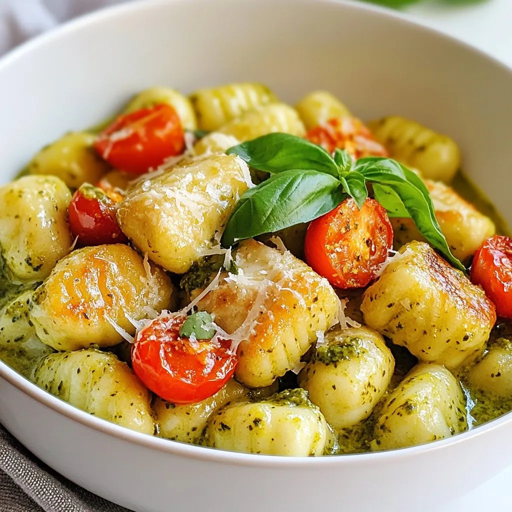To make this creamy dish, gather these key ingredients: - 1 pound chicken breast, cut into 1-inch pieces - 1 tablespoon extra virgin olive oil - 2 cups fresh gnocchi (store-bought or homemade) - 1 cup heavy cream - 1/2 cup basil pesto sauce (store-bought or homemade) - 1/2 cup cherry tomatoes, halved - 1/4 cup freshly grated Parmesan cheese - Salt and freshly cracked black pepper, to taste - Fresh basil leaves for garnish These ingredients blend together to create a rich, creamy sauce that coats the gnocchi perfectly. You can add a touch of your own style with these optional ingredients: - Spinach or arugula for extra greens - Sun-dried tomatoes for a tangy kick - Grilled zucchini or bell peppers for added flavor - Extra garlic for a bolder taste These choices help you make the dish feel fresh and unique. Pair this dish with simple sides to enhance your meal: - A crisp green salad with a light vinaigrette - Garlic bread for a delicious crunch - Steamed asparagus or green beans for a healthy touch These sides balance the creamy flavors of the gnocchi and add color to your plate. {{ingredient_image_2}} Start by heating 1 tablespoon of extra virgin olive oil in a large skillet over medium heat. Once the oil is hot and shimmering, add 1 pound of chicken breast cut into 1-inch pieces. Season the chicken with salt and freshly cracked black pepper for taste. Sauté the chicken for about 5-7 minutes or until it turns golden brown and is fully cooked. When done, transfer the chicken to a plate and set it aside. While the chicken cooks, fill a pot with salted water. Bring the water to a boil over high heat. Carefully add 2 cups of fresh gnocchi to the boiling water. Cook the gnocchi according to the package instructions, which usually takes 2-4 minutes. You’ll know they’re done when they float to the surface. Drain the gnocchi and set them aside for later. In the same skillet where you cooked the chicken, add 1/2 cup of halved cherry tomatoes. Sauté the tomatoes for about 2-3 minutes until they soften and release their juices. Reduce the heat to low. Pour in 1 cup of heavy cream, stirring to combine with the sautéed tomatoes. Once the cream is warmed up, add 1/2 cup of basil pesto sauce, mixing it well until blended. Return the cooked chicken and drained gnocchi to the skillet. Gently toss everything together, ensuring the gnocchi are coated in the creamy sauce. Let it cook for an additional 2-3 minutes until heated through. Finally, sprinkle 1/4 cup of freshly grated Parmesan cheese over the top and stir gently to mix. To cook the chicken perfectly, cut it into small pieces. This helps it cook evenly. Heat the oil until it shimmers before adding the chicken. Season it well with salt and pepper. Cook it until golden brown, about 5-7 minutes. Letting it rest after cooking keeps it juicy. For a creamy sauce, use heavy cream as the base. Heat it gently to avoid curdling. Adding pesto while the cream warms up helps blend flavors. Stir continuously for a smooth mix. Finish with grated Parmesan for added creaminess and flavor. Serve the creamy pesto chicken gnocchi in shallow bowls. Top with fresh basil leaves and extra Parmesan. This adds color and flavor. Pair it with a side salad for crunch. A light white wine, like Pinot Grigio, complements this dish well. Enjoy your meal! Pro Tips Perfectly Cooked Gnocchi: Always cook gnocchi in boiling salted water until they float to the surface, indicating they are done. This ensures a light and fluffy texture. Customizing Pesto: Feel free to enhance your store-bought pesto with additional fresh basil, garlic, or a squeeze of lemon juice for extra flavor depth. Chicken Tenderness: For juicier chicken, let the pieces rest after cooking. This allows the juices to redistribute, resulting in tender bites. Garnishing Like a Pro: When garnishing, use whole basil leaves and a generous sprinkle of Parmesan for a professional touch that elevates the dish visually and flavor-wise. {{image_4}} You can easily make this dish vegetarian. Just swap the chicken for mushrooms or zucchini. These veggies add great flavor and texture. Slice mushrooms or zucchini, then sauté them in olive oil until tender. The creamy pesto sauce will coat these veggies just like chicken. This option keeps the dish rich and satisfying. If you need gluten-free options, choose gluten-free gnocchi. Many brands make delicious gluten-free gnocchi. Check the label to ensure it meets your needs. You can also use spiralized vegetables like zucchini or sweet potatoes. They will soak up the creamy sauce and add a nice twist. Enhance your creamy pesto chicken gnocchi with extra flavors. Consider adding spinach or kale for a health boost. Toss in some sun-dried tomatoes for a sweet and tangy kick. Pine nuts or walnuts can add a nice crunch. You can even try a splash of lemon juice to brighten the dish. Each addition will bring a new layer of flavor to your meal. To store leftovers, let the dish cool first. Place the creamy pesto chicken gnocchi in an airtight container. This will keep it fresh for 3 to 4 days in the fridge. Make sure to seal it well to avoid any odors. When reheating, use a skillet for the best taste. Add a splash of water or cream to keep it moist. Heat it on medium-low, stirring often. This way, the gnocchi and chicken will warm evenly without drying out. If you want to freeze the dish, it’s best to do so before adding the cheese. Place the cooled gnocchi and chicken in a freezer-safe container. It can last up to 2 months. When ready to eat, thaw it overnight in the fridge. Reheat it in a skillet, adding fresh cream and cheese for the best flavor. It takes about 25 minutes to make Creamy Pesto Chicken Gnocchi. This includes 10 minutes of prep time and 15 minutes of cooking time. You can enjoy a tasty meal in no time! Yes, you can use store-bought gnocchi. It saves time and still tastes great! Just cook it as directed on the package. You can add many tasty ingredients. Here are some ideas: - Spinach: Add fresh spinach for a healthy boost. - Mushrooms: Sauté mushrooms with the chicken for an earthy flavor. - Sun-dried tomatoes: Add for a tangy kick. - Crushed red pepper: For a bit of heat, sprinkle some in. These additions will make your dish even more flavorful! Creamy Pesto Chicken Gnocchi is a simple yet tasty dish. We’ve covered key ingredients, easy steps, and helpful tips. You can customize it to fit your taste or diet. Storing leftovers is easy, and reheating keeps it delicious. Remember, cooking can be fun and creative! Dive into this recipe and enjoy a meal everyone will love.