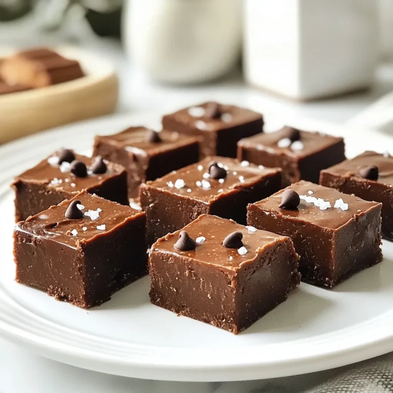 To make vegan chocolate peanut butter fudge, gather these simple ingredients: - 1 cup natural peanut butter (creamy or crunchy) - 1/2 cup pure maple syrup - 1/4 cup coconut oil, melted - 1/2 cup unsweetened cocoa powder - 1 teaspoon pure vanilla extract - 1/4 teaspoon sea salt - 1/4 cup dairy-free dark chocolate chips - Optional: Chopped nuts or a sprinkle of sea salt for topping If you need substitutes, here are some ideas: - Instead of peanut butter, use almond or cashew butter. - Maple syrup can be replaced with agave syrup or brown rice syrup. - For coconut oil, try using vegan butter or cocoa butter. - Use carob powder as an alternative to cocoa powder for a different taste. - Vanilla extract can be swapped with almond extract for a unique twist. Choosing the right brands can make a difference. Here are some I trust: - Peanut Butter: Look for brands like Justin’s or MaraNatha. They offer high-quality natural peanut butter options. - Chocolate Chips: Enjoy Life and Lily's are excellent for dairy-free dark chocolate chips. They melt well and taste great. These choices help ensure your fudge turns out delicious and rich in flavor. Enjoy the process of making this tasty treat! {{ingredient_image_2}} To start, grab a large bowl. Add 1 cup of natural peanut butter, creamy or crunchy. Pour in 1/2 cup of pure maple syrup. Then, add 1/4 cup of melted coconut oil. Use a whisk or spatula to mix well. You want this to be smooth and lump-free. Next, add 1/2 cup of unsweetened cocoa powder. Don’t forget to include 1 teaspoon of pure vanilla extract and 1/4 teaspoon of sea salt. Stir again until everything is blended. It should look like a rich chocolate mix, and it will smell amazing! Now we get to the fun part! Take 1/4 cup of dairy-free dark chocolate chips. Gently fold them into the fudge mixture. Use a spatula, and be careful not to stir too hard. You want to keep the chocolate chips whole for bursts of flavor. Make sure they are spread out evenly. This way, every bite has a little chocolate surprise. Get an 8x8 inch square baking dish. Line it with parchment paper, letting some paper hang over the edges. This makes it easy to pull out the fudge later. Pour the fudge mixture into the dish and spread it evenly with a spatula. If you like, sprinkle on chopped nuts or a bit of sea salt for extra flavor. Now, place the dish in the freezer. Let it freeze for at least 1-2 hours until firm. Once set, lift the fudge out using the parchment paper. Use a cutting board to slice it into 16 squares. Enjoy your delicious vegan treat! To get the best texture for your fudge, use creamy peanut butter. It blends smoothly with the other ingredients. If you prefer crunch, go for crunchy peanut butter. Make sure to mix the peanut butter, maple syrup, and coconut oil well. You want a smooth, lump-free mixture. Incorporate cocoa powder slowly to avoid clumps. This makes the fudge rich and chocolatey. Avoid using too much cocoa powder or coconut oil. Too much cocoa makes it dry, while extra oil can make it greasy. Also, don’t skip the sea salt. It enhances the flavor of chocolate and peanut butter. Be careful when folding in the chocolate chips. Stir gently to keep the fudge thick and creamy. Lastly, let it set in the freezer long enough. If you cut it too soon, it may fall apart. For a lovely presentation, place fudge squares on a decorative plate. Drizzle some melted chocolate over the top for a fancy touch. You can also sprinkle chopped nuts or sea salt to add flair. Serve with fresh fruit, like berries or apple slices. This adds color and a refreshing taste that balances the richness of the fudge. Pro Tips Use high-quality cocoa powder: The richness of your fudge greatly depends on the quality of cocoa powder you use. Opt for a premium brand for a more intense chocolate flavor. Experiment with nut butter: While peanut butter is delicious, feel free to switch it up with almond or cashew butter for a different flavor profile. Adjust sweetness to taste: If you prefer a sweeter fudge, add more maple syrup gradually, tasting as you go until you reach your desired sweetness. Store properly: To maintain freshness, store the fudge in an airtight container in the refrigerator. It can also be frozen for extended shelf life. {{image_4}} You can change the taste of your fudge by adding flavors. For a minty twist, mix in 1/2 teaspoon of peppermint extract. This gives it a fresh and cool taste. If you love coffee, add 1 tablespoon of instant coffee granules. This enhances the chocolate flavor and adds depth. Both options are easy and fun! If you need a nut-free fudge, don’t worry. You can use sun butter or soy nut butter instead of peanut butter. Both options work well and still taste great. Make sure to check for allergies if you share with others. This way, everyone can enjoy your rich treat. Want to boost the nutrition in your fudge? Try adding superfoods! You can mix in a tablespoon of chia seeds or ground flaxseed. These add fiber and omega-3s. You can also stir in a bit of spirulina or matcha powder for extra vitamins. These options keep your fudge tasty and healthy! To keep your vegan chocolate peanut butter fudge fresh, store it well. Use an airtight container or wrap it tightly in plastic wrap. This keeps moisture out and helps it last longer. I prefer to line the container with parchment paper. This way, you can lift the fudge out easily. When stored correctly, your fudge can last up to two weeks in the fridge. If you keep it at room temperature, it may last about five days. Always check for any signs of spoilage, like changes in texture or smell. If it looks good, it’s likely still tasty! Freezing is the best option if you want to keep fudge for months. To freeze, cut the fudge into squares. Place the pieces in an airtight container, separated by parchment paper. This prevents them from sticking together. When you’re ready to enjoy, let it thaw in the fridge. Refrigerating is great for short-term storage. Just remember, the fudge may become a bit firmer in the fridge. But it will still taste delicious! Enjoy your fudge however you choose to store it. Yes, you can make this fudge without coconut oil. You can use other healthy fats instead. Here are some options: - Almond oil - Avocado oil - Vegan butter Each option will change the taste a bit. Choose one that you like. If you need a substitute for maple syrup, many options work well. Try these: - Agave nectar - Brown rice syrup - Date syrup These sweeteners will keep your fudge sweet and tasty. Use the same amount as the maple syrup in the recipe. You will know the fudge is set when it is firm to the touch. Here’s what to look for: - The edges pull away from the pan. - It feels solid but not hard. - It holds its shape when you cut into it. For best results, let it freeze for at least 1-2 hours. This ensures a perfect fudge texture. You now have all the tools to make delicious fudge. We explored ingredients, step-by-step instructions, and storage tips. You learned how to avoid mistakes and add fun variations. Remember, it’s all about flavor and texture. Don’t hesitate to experiment with different mixes. With practice, you’ll create amazing treats that everyone will love. Enjoy your fudge-making journey!