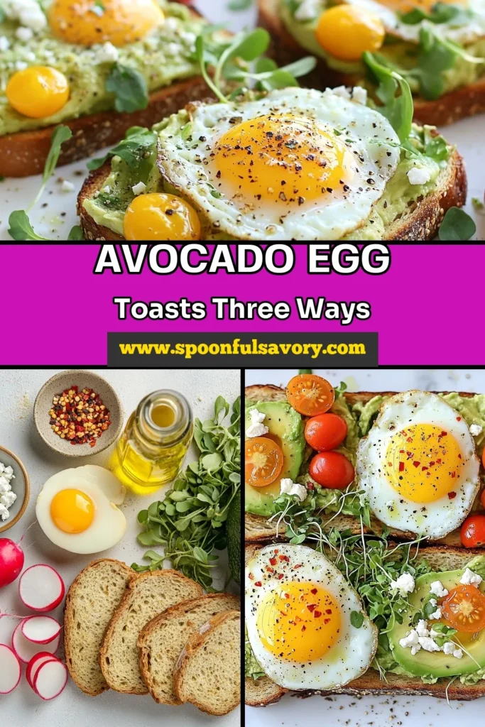 Discover delicious and healthy avocado egg toast recipes with our Avocado Egg Toast 3 Ways! These easy breakfast recipes with eggs feature whole grain avocado toast topped with perfectly cooked eggs and vibrant ingredients. Try the classic style, a Mediterranean avocado egg toast with feta, or a garden-fresh variation. Perfect for any morning! Save this for a nutritious start to your day. #AvocadoEggToast #HealthyRecipes #BreakfastIdeas #WholeGrainEating