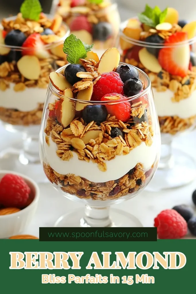 Indulge in a delicious Berry Yogurt Parfait that combines creamy Greek yogurt, fresh mixed berries, crunchy granola, and sliced almonds for a perfect healthy breakfast parfait. This Greek Yogurt Parfait Recipe is bursting with flavor and can be customized with your favorite ingredients. Elevate your mornings with this Mixed Berry Parfait that's quick to prepare. Try it today and savor every layer! #HealthyBreakfast #GranolaYogurtParfait #BerryParfait #YogurtRecipes