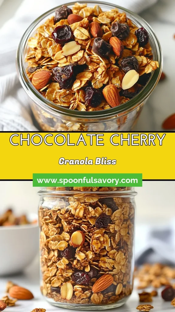 Discover the ultimate homemade granola recipe with this delicious Chocolate Cherry Granola! Packed with wholesome oats and sweet cherries, this healthy granola snack will satisfy your cravings without compromising on taste. Enjoy crunchy chocolate granola clusters that are perfect for breakfast or a treat. Ready in just 45 minutes, this recipe is a must-try! Save it now and share with friends! #ChocolateCherryGranola #HealthySnacks #GranolaRecipe #ChocolateClusters