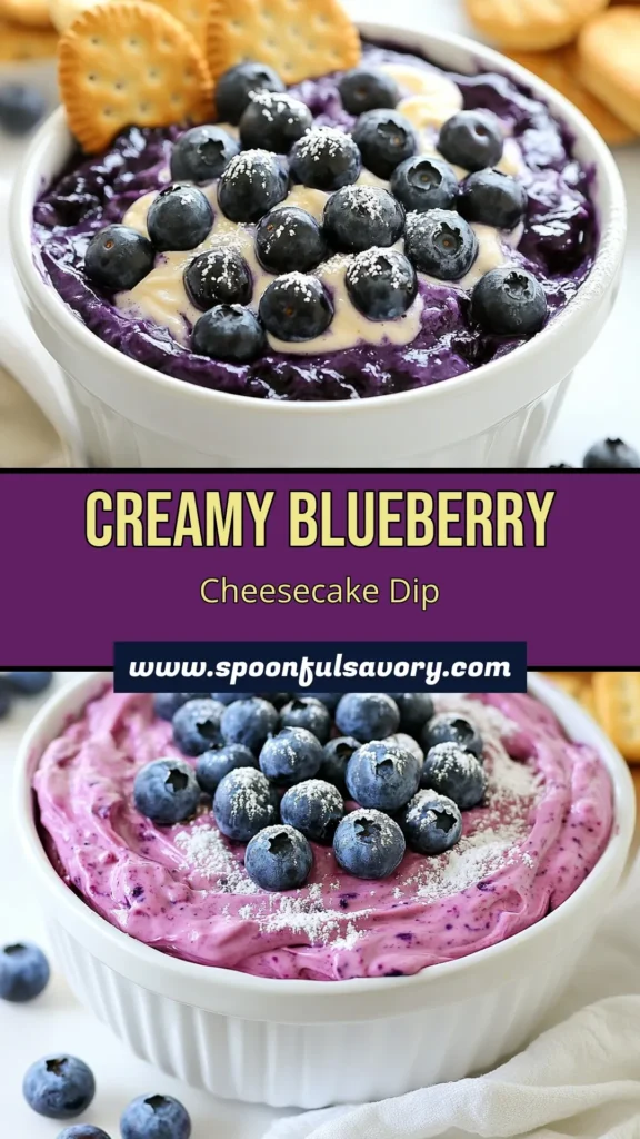 Satisfy your sweet tooth with this delectable Blueberry Cheesecake Dip! This easy dessert dip recipe is a no-bake cheesecake dip that's perfect for gatherings. Made with creamy Greek yogurt, fresh blueberries, and a hint of lemon, it's the ultimate creamy blueberry dessert. Serve with graham crackers or fruit for a delightful treat. Try this Blueberry Cheesecake Dip today, and don&rsquo;t forget to save this recipe for later! #BlueberryCheesecakeDip #NoBakeDessert #EasyDessert #CreamyDessert
