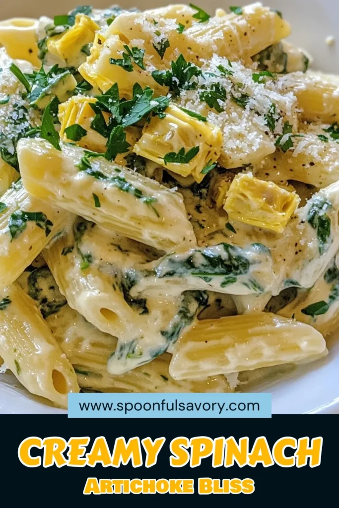 Savor the flavors of this creamy spinach artichoke pasta, a delightful twist on easy dinner recipes! Made with penne pasta and luscious cream cheese, it's perfect for any vegetarian pasta dish lover. This one pot pasta recipe is not only quick but also loaded with fresh spinach and artichokes for a tasty, creamy meal. Try this dish tonight and elevate your dinner plans! Save this recipe for later! #CreamySpinachArtichokePasta #EasyDinnerRecipes #VegetarianPasta #OnePotPastaRecipes