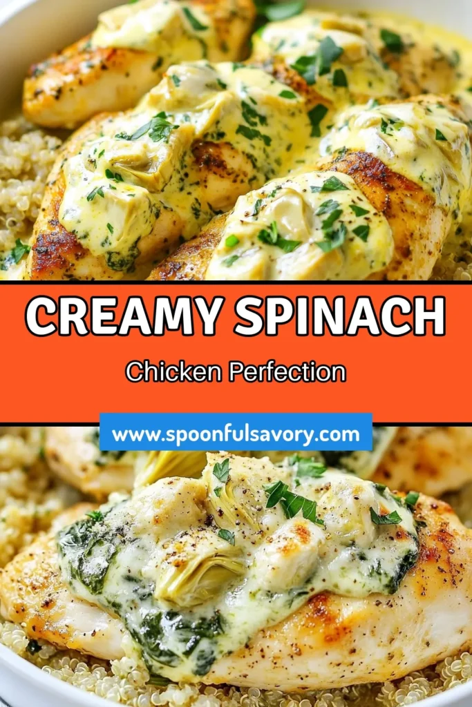 Indulge in this creamy spinach artichoke chicken that will transform your weeknight dinners! Perfect for fans of chicken breast recipes, this creamy chicken dinner features tender chicken topped with a luscious spinach artichoke dip mixture. Easy to make and oven-baked for a delightful finish, it's a must-try dish. Get the recipe now and elevate your dinner game! Save this creamy spinach artichoke chicken for later! #ChickenDinner #SpinachArtichoke #OvenBakedChicken #CreamyRecipes
