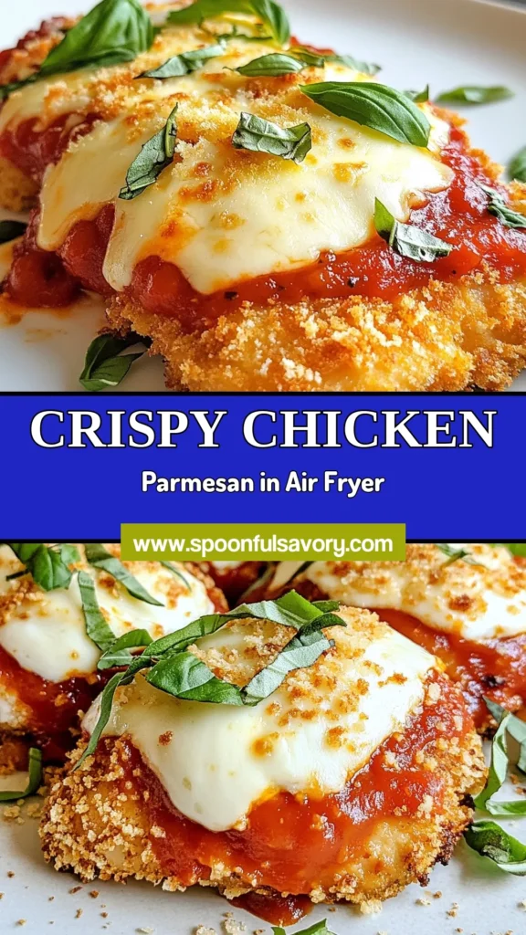 Discover the joy of making Crispy Air Fryer Chicken Parmesan with this simple and healthy chicken parmesan recipe! Using whole wheat breadcrumbs, this easy chicken parmesan in air fryer creates a delightful crunch without the extra calories. Perfectly cooked chicken breasts are topped with marinara sauce and gooey mozzarella. Try this Air Fryer Chicken Recipe today and impress your family. Save it for your next meal! #ChickenParmesan #AirFryerRecipes #HealthyEating #EasyRecipes