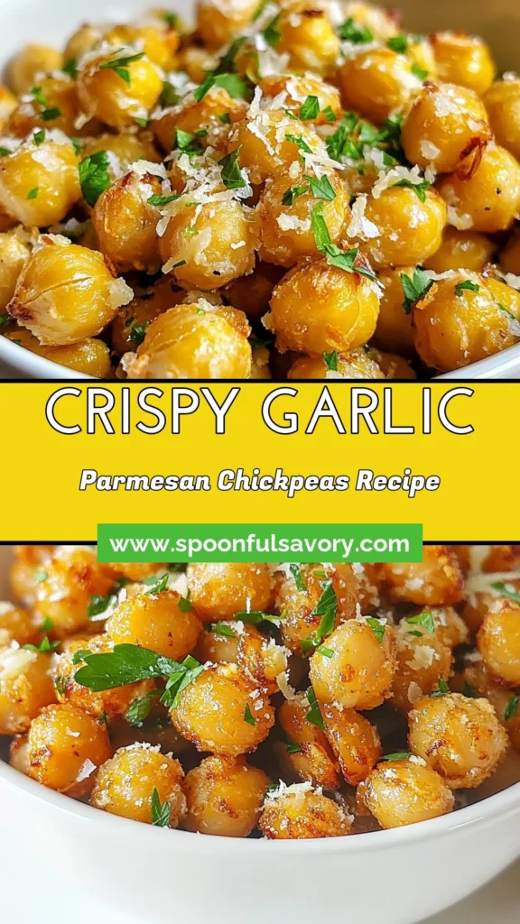 Discover the ultimate crispy garlic roasted chickpeas that are perfect for snacking or entertaining! This delicious Parmesan chickpeas recipe transforms a can of chickpeas into a crunchy, flavorful treat seasoned with spices. These healthy snacks chickpeas are easy to make and perfect as appetizers. Enjoy them on their own or pair roasted chickpeas with spices for an amazing flavor boost. Try this easy recipe today and save it for your next gathering! #HealthySnacks #ChickpeaRecipes #Appetizers #RoastedChickpeas