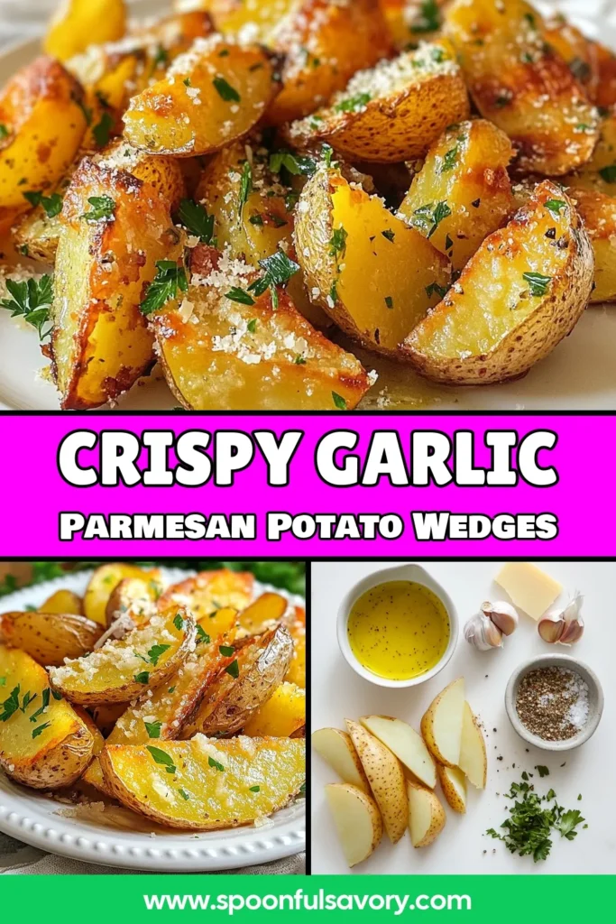 Craving a delicious snack or side dish? Try these Garlic Parmesan Potato Wedges! This crispy potato wedges recipe features perfectly baked potato wedges with garlic and a cheesy Parmesan crust. Ideal as easy potato sides, this Garlic Parmesan Potato Wedges dish will impress your guests and family. Get ready to savor the flavor and elevate your meals! Try this irresistible recipe today! #GarlicParmesanPotatoWedges #CrispyPotatoWedges #EasyPotatoSides #PotatoWedgeRecipe