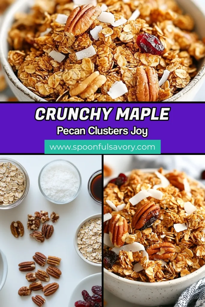 Savor the goodness of our Maple Pecan Granola Clusters! This easy granola recipe combines rolled oats, pecans, and dried cranberries for a deliciously healthy granola snack. Perfect for breakfast or a quick bite, these homemade granola clusters are a nutritious choice. Try this maple pecan granola recipe today and experience tasty, wholesome snacks at home. Save this for your next cooking adventure! #GranolaRecipe #HealthySnacks #GranolaClusters #MaplePecan
