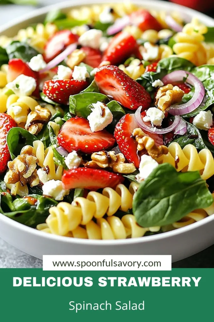 Discover the vibrant flavors of Strawberry Spinach Pasta Salad, a delicious and healthy dish perfect for any occasion. This Whole Wheat Pasta Salad combines fresh spinach, sweet strawberries, and creamy feta cheese for a delightful meal. Try this Healthy Pasta Salad Recipe today and impress your guests. Perfect as a refreshing Spinach Salad with Strawberries, it&rsquo;s a must-try for salad lovers! Save this recipe now! #PastaSalad #HealthyEating #SaladRecipes #StrawberrySalad