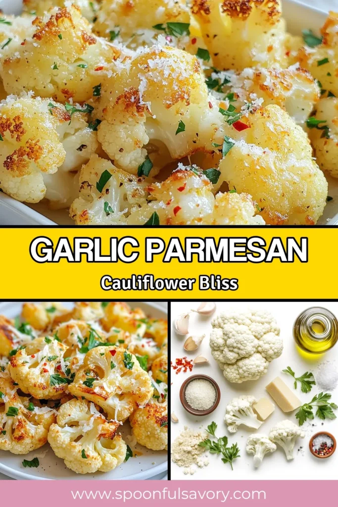 Discover how to make Garlic Parmesan Cauliflower with this easy roasted cauliflower recipe that transforms simple ingredients into a delicious healthy cauliflower side dish. This easy cauliflower bake is perfect for any meal and pairs well with grilled meats and pasta. Enjoy crispy edges and melting cheese in just 35 minutes! Save this recipe for your next family dinner. #GarlicParmesanCauliflower #RoastedCauliflowerRecipe #HealthyCauliflowerSideDish #ParmesanRoastedVegetables