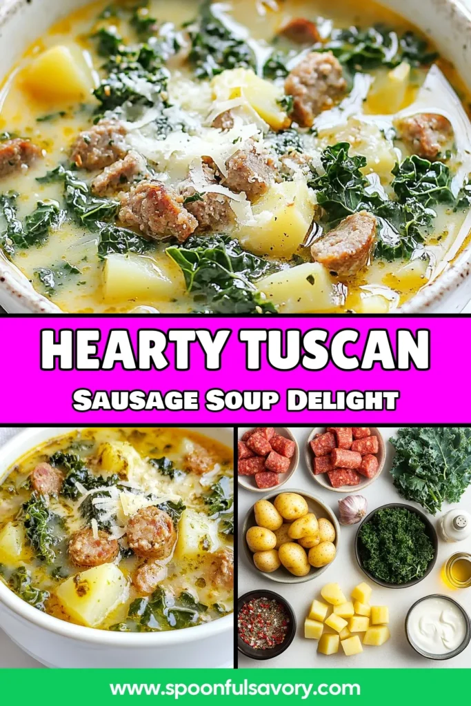 Discover the rich flavors of Tuscan Sausage Kale Soup, a delightful Italian sausage soup recipe that's both comforting and healthy! This creamy sausage soup combines Italian sausage, fresh kale, and Yukon Gold potatoes for a rustic Italian soup recipe that's sure to impress. Perfect for chilly nights, it's easy to make and a family favorite. Try this healthy kale soup today! Don't forget to save this recipe! #TuscanSausageKaleSoup #ItalianSausageSoup #CreamySausageSoup #HealthyKaleSoup