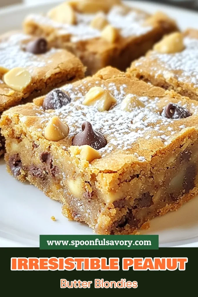 Indulge in these delicious Peanut Butter Chocolate Chip Blondies with this easy blondies dessert recipe. Combining creamy peanut butter, rich chocolate chips, and optional nuts, these chewy blondies are a perfect homemade peanut butter treat. Bake a batch today and satisfy your sweet cravings! Ideal for any occasion, this peanut butter blondies recipe promises to delight. Don't forget to save for later! #PeanutButterBlondies #ChocolateChipBlondies #EasyBlondiesDessert #HomemadeTreats