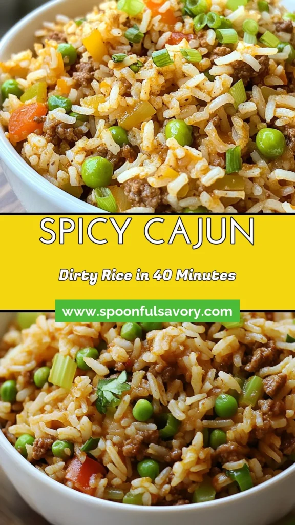 Dive into a flavorful adventure with this Spicy Cajun Dirty Rice recipe! This easy Cajun rice recipe blends ground beef and aromatic spices for a mouthwatering Cajun rice dish that's perfect for any meal. Using chicken broth and vibrant veggies, you'll create a hearty and satisfying dish in just 40 minutes. Don&rsquo;t miss out on making this ground beef dirty rice for your family &ndash; save the recipe now! #CajunRice #DirtyRice #EasyRecipe #Foodie
