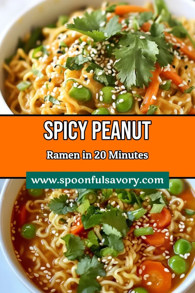 Craving a quick spicy noodle dish? Try this easy Spicy Peanut Ramen recipe! Made with creamy peanut sauce and rich vegetable broth, it’s a delightful twist on traditional ramen. In just 20 minutes, whip up a bowl brimming with flavor and fresh veggies like snap peas and carrots. Perfect for lunch or dinner, this dish is sure to impress! Save this recipe for a tasty meal tonight. #SpicyPeanutRamen #EasyRamenRecipe #QuickNoodleDish #VegetableBrothRamen