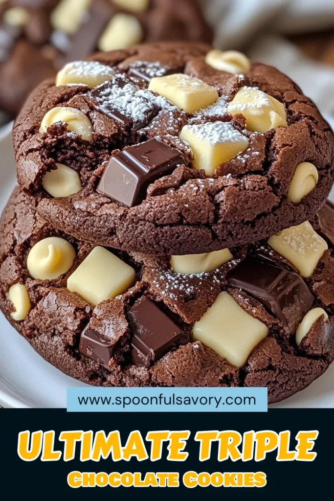 Indulge in the ultimate treat with these Triple Chocolate Brownie Cookies! This easy cookie recipe combines rich flavors for a chewy chocolate cookie experience. Perfect for any occasion, this brownie cookies recipe features semisweet, white, and dark chocolate chunks for chocolate lovers. Ready in just 30 minutes, you'll want to bake a batch today! Try it and let your friends know! #TripleChocolateCookies #ChewyChocolateCookies #HomemadeChocolateChipCookies #EasyCookieRecipe