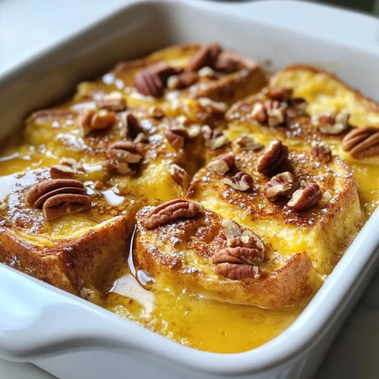 To make this delightful dish, gather the following ingredients: - 1 loaf of challah or brioche bread, cut into 1-inch cubes - 1 cup canned pumpkin puree - 4 large eggs - 1 cup milk (whole or your preferred type) - 1 teaspoon vanilla extract - 1 teaspoon ground cinnamon - 1/2 teaspoon ground nutmeg - 1/2 teaspoon ground ginger - 1/4 teaspoon salt - 1/2 cup packed brown sugar - 1/2 cup pecans, chopped (optional for extra texture) - Maple syrup for serving Measuring ingredients correctly is key for a great bake. Use dry measuring cups for solids like brown sugar. For liquids, use a liquid measuring cup for milk. Eggs should be large for the best results. - When measuring pumpkin puree, use a standard cup to ensure the right amount. - Spices should be leveled off with a knife for accuracy. If you want to customize your bake, consider these fun add-ins: - Chopped apples: Add diced apples for a fruity twist. - Chocolate chips: Mix in semi-sweet chocolate chips for a sweet surprise. - Dried fruits: Raisins or cranberries can add a chewy texture. - Extra nuts: Walnuts or almonds can enhance the crunch. These options can make your Pumpkin Spice French Toast Bake even more special! {{ingredient_image_2}} Start by preheating your oven to 350°F (175°C). This step sets the stage for perfect baking. Next, grab a 9x13-inch baking dish. Grease it well. This helps prevent sticking. You want every delicious bite to come out smoothly. In a large mixing bowl, combine the canned pumpkin puree, eggs, and milk. Add one teaspoon of vanilla extract for a nice touch. Sprinkle in the ground cinnamon, nutmeg, ginger, and salt. Finally, mix in half a cup of brown sugar. Use a whisk to blend until smooth. This pumpkin base is the heart of your bake, so make it nice and creamy. Now, gently add the cubed bread to your pumpkin mixture. Use a spatula or wooden spoon to fold the bread in. You want every piece to be coated well. If you like, fold in half a cup of chopped pecans for crunch. This adds a nice texture and flavor. Pour your bread and pumpkin mixture into the prepared baking dish. Spread it evenly. Cover the dish with aluminum foil. This keeps moisture in while baking. Bake for 25 minutes. After that, carefully remove the foil. Continue to bake for another 15 to 20 minutes. The top should be golden brown and the center should not jiggle. Once baked, take the dish out of the oven. Let it cool for about 10 minutes. This helps it firm up. Serve warm with a generous drizzle of maple syrup. You can add extra pecans or a dollop of whipped cream on top for a lovely finish. Enjoy this tasty treat! When picking bread for your bake, use challah or brioche. These breads are soft and sweet. They soak up the pumpkin mixture well. You want bread that holds its shape but still gets soft. Avoid using dry or crusty bread. If you can, buy fresh bread the day you plan to bake. This keeps the texture perfect. Do you like strong flavors? You can add more spice! Increase the cinnamon or nutmeg for a bolder taste. If you prefer a milder flavor, cut back a bit. You can also try adding a pinch of cloves or allspice. This gives the dish a unique twist. Always taste the mixture before baking. That way, you can adjust it to suit your palate. Serve your French toast bake warm for the best taste. It’s delicious right out of the oven! To make it even better, drizzle maple syrup on top. You can also add whipped cream for a creamy touch. Chopped pecans add texture and crunch. Fresh fruit like berries or banana slices can brighten the dish. Feel free to mix and match your toppings! Pro Tips Use Day-Old Bread: Stale bread absorbs the custard mixture better, resulting in a creamier texture. Experiment with Spices: Feel free to adjust the spices according to your taste. A pinch of cloves or allspice can add depth. Make Ahead: Prepare the dish the night before, cover it, and let it sit in the fridge. Bake it in the morning for a quick breakfast. Presentation Matters: Dust with powdered sugar before serving for a beautiful touch, and pair with fresh fruit for added color. {{image_4}} You can make this dish dairy-free with some simple swaps. Use almond milk, coconut milk, or oat milk instead of regular milk. These options will keep the creamy texture. For the eggs, try using a mix of flaxseed meal and water. Mix one tablespoon of flaxseed meal with three tablespoons of water for each egg. Let it sit for five minutes to thicken. This mix works well in baked goods and keeps your bake moist. If you need a gluten-free version, choose gluten-free bread. Look for brands that use a mix of flours, like almond or rice flour. Make sure the bread is fresh for better texture. You can also make your own gluten-free bread at home if you prefer. Just replace the regular bread in the recipe with your gluten-free option, and you’re good to go. Want to jazz it up? Add chocolate chips or chunks to the mix. They melt and create sweet pockets in each bite. Use dark chocolate for a deeper taste, or try white chocolate for a sweeter twist. Dried fruits like cranberries or raisins can also add a nice chewiness. Toss in about half a cup of your choice to the pumpkin mixture for an extra flavor boost. To store leftovers, let the Pumpkin Spice French Toast Bake cool completely. Cut it into squares and place them in an airtight container. You can keep it in the fridge for up to three days. This keeps it fresh and tasty. When you want to enjoy it again, take a square out of the fridge. Place it on a plate and cover it with a damp paper towel. Microwave it for about 30 seconds, or until warm. You can also reheat it in the oven. Preheat the oven to 350°F (175°C), place the square in a baking dish, and heat for about 10 minutes. If you want to store it longer, freezing works well. Cut the bake into squares and wrap each piece in plastic wrap. Place the wrapped pieces into a freezer bag. They can stay in the freezer for up to three months. When you're ready to eat, thaw it in the fridge overnight and reheat as mentioned above. This method keeps the flavor and texture intact. Yes, you can prepare this bake ahead of time. Mix the pumpkin base and bread together. Pour it into your baking dish, cover it, and place it in the fridge. This makes it easy for a busy morning. Bake it the next day. Just add an extra few minutes to the baking time if it is cold from the fridge. If you don’t have pecans, you can use walnuts or almonds. Both add a nice crunch. You can also skip nuts altogether if you want. The bake will still taste great without them. Try adding some chocolate chips or raisins for a sweet twist! You will know the bake is done when the top is golden brown. Gently shake the dish; the center should not jiggle. It may take 40 to 45 minutes of total baking time. Let it cool for about 10 minutes before serving. This helps it set nicely for cutting. This blog post covered the key steps to make a tasty Pumpkin Spice French Toast Bake. We reviewed ingredients, cooking methods, and helpful tips. You learned about add-ins and variations, plus how to store leftovers. In closing, this dish offers warm, rich flavors perfect for any time of year. Don’t be afraid to personalize it to your taste! Enjoy your baking journey and surprise your friends with this delicious meal.