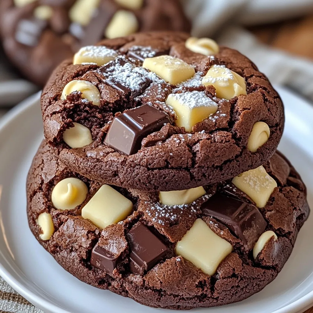 To make these triple chocolate brownie cookies, you need these key ingredients: - 1 cup unsalted butter, melted - 1 cup packed brown sugar - 1/2 cup granulated sugar - 2 large eggs, at room temperature - 2 teaspoons pure vanilla extract - 1 cup all-purpose flour - 1/2 cup unsweetened cocoa powder - 1/2 teaspoon baking powder - 1/4 teaspoon fine sea salt - 1 cup semisweet chocolate chips - 1/2 cup white chocolate chips - 1/2 cup dark chocolate chunks You can adjust flavors by using different chocolate types. For a nutty crunch, add chopped nuts. If you want a gluten-free option, use a gluten-free flour blend. For tools, gather the following: - Large mixing bowl - Whisk - Sifter - Baking sheets - Parchment paper - Cookie scoop or tablespoon These tools help make the process easy and fun! {{ingredient_image_2}} 1. Start by preheating your oven to 350°F (175°C). This ensures even baking. Line two baking sheets with parchment paper. This helps keep the cookies from sticking and makes cleanup easy. 2. In a large bowl, combine 1 cup of melted unsalted butter, 1 cup of packed brown sugar, and 1/2 cup of granulated sugar. Whisk these together until smooth. Make sure the sugars mix well into the butter. 3. Crack 2 large eggs into the bowl, adding them one at a time. Whisk after each egg until fully mixed in. Then, stir in 2 teaspoons of pure vanilla extract. This adds a lovely flavor to your cookies. 4. In another bowl, sift together 1 cup of all-purpose flour, 1/2 cup of unsweetened cocoa powder, 1/2 teaspoon of baking powder, and 1/4 teaspoon of fine sea salt. Sifting helps to remove lumps. Gradually add this dry mix to the wet mixture. Stir gently until just combined. Be careful not to overmix. 5. Now, fold in 1 cup of semisweet chocolate chips, 1/2 cup of white chocolate chips, and 1/2 cup of dark chocolate chunks. Make sure these goodies are evenly spread throughout the dough. 6. Use a tablespoon or cookie scoop to drop generous balls of dough onto the baking sheets. Leave about 2 inches of space between each cookie. This allows them to spread nicely while baking. 1. Place the baking sheets in the preheated oven. Bake for 10-12 minutes. The edges should look set, but the centers may look slightly underbaked. This keeps the cookies chewy. 2. To check if they are done, look for set edges and a soft center. They will firm up as they cool. 1. Once baked, take the cookies out of the oven. Let them cool on the sheets for about 5 minutes. This helps them firm up a bit. 2. After 5 minutes, transfer the cookies to a wire rack. Let them cool completely. 3. For serving, arrange the cookies on a nice platter. You can dust them with powdered sugar or drizzle with melted chocolate for a fancy touch. Consider serving them with whipped cream or a scoop of vanilla ice cream for extra delight. To create the best cookies, you need to know how to control texture. For chewy cookies, use less flour and bake them for a shorter time. If you want cakey cookies, add a bit more flour. Bake them longer to let them rise. To prevent overmixing, combine your wet and dry ingredients gently. Mix until just combined. This helps keep the cookies soft and chewy. If you overmix, your cookies can become tough. To boost the chocolate richness, consider using different types of cocoa powder. Dark cocoa gives a deeper flavor. You could also add more chocolate chips for extra bursts of chocolate. Nuts can add a nice crunch. Try walnuts or pecans for a great texture. For spices, a pinch of cinnamon can add warmth. You can also use sea salt to enhance the chocolate taste. Pro Tips Use Room Temperature Eggs: Make sure your eggs are at room temperature before adding them to the batter. This helps create a smoother mixture and results in a better texture for your cookies. Don’t Overmix the Dough: When combining the wet and dry ingredients, mix until just combined to keep your cookies tender and chewy. Overmixing can lead to tough cookies. Chill the Dough: For extra thick cookies, consider chilling the dough for at least 30 minutes before baking. This helps the flavors meld together and prevents spreading. Perfect Baking Time: Keep an eye on your cookies as they bake. They should look slightly underbaked in the center when you take them out. They’ll continue to cook on the baking sheet as they cool. {{image_4}} You can switch up the chocolate in these cookies. Try using milk chocolate for a sweeter treat. Dark chocolate gives a nice depth of flavor, too. You could also use chocolate with sea salt for a fun twist. For extra flavor, add a bit of espresso powder to the dough. If you want to make these cookies gluten-free, swap the all-purpose flour for a gluten-free blend. For a vegan option, use a plant-based butter and replace the eggs with flaxseed meal. Just mix one tablespoon of flaxseed meal with three tablespoons of water. Let it sit until it thickens. Holidays are a great time to add festive flavors. You can mix in peppermint extract for a wintery taste. Adding pieces of holiday candies can also be fun. For fall, try using pumpkin spice to give your cookies a warm flavor. For special occasions, think about adding nuts like walnuts or pecans. You can also fold in dried fruits, like cherries or cranberries. These tweaks make the classic cookie feel fresh and exciting. To keep your Triple Chocolate Brownie Cookies fresh, store them in an airtight container. This helps seal in moisture and flavor. Use a container that fits the cookies without squishing them. You can layer them with parchment paper if you stack them. These cookies stay fresh for up to one week at room temperature. If you want to keep them longer, consider freezing them. Freezing your cookie dough or baked cookies is easy. For dough, shape it into balls and place them on a baking sheet. Freeze them for about two hours until firm. Then transfer the balls to a freezer-safe bag. This way, you can bake fresh cookies anytime. To freeze baked cookies, let them cool completely first. Then, layer them in an airtight container with parchment paper between layers. They can last up to three months in the freezer. When you’re ready to enjoy them, thaw the dough or cookies in the fridge overnight. For warm cookies, reheat them in the oven at 350°F for about 5-7 minutes. This brings back that fresh-baked taste and texture. Can I substitute ingredients in the recipe? Yes, you can substitute some ingredients. Use coconut oil for butter if needed. You can also swap brown sugar with white sugar. However, this may change the flavor and texture a bit. How long do the cookies take to bake? These cookies bake in 10 to 12 minutes at 350°F (175°C). Look for set edges and soft centers. What should I do if my dough is too sticky? If your dough is sticky, add a little more flour. Start with one tablespoon at a time until it feels right. You can chill the dough for 30 minutes to help too. Tips for preventing spreading during baking To prevent cookies from spreading too much, chill the dough before baking. Also, ensure you use the right amount of flour. Too little flour can cause spreading. How to achieve a gooey center in cookies To get a gooey center, underbake the cookies slightly. Take them out when the edges are set, but the middle looks soft. They will firm up as they cool. In this post, I covered all you need for making Triple Chocolate Brownie Cookies. You learned how to prepare the dough, bake, cool, and serve your treats. I shared tips for achieving great texture and flavor, along with fun variations to try. Storing your cookies properly keeps them fresh for longer. Follow these steps, and you’ll enjoy delicious cookies every time. Embrace the joy of baking and make these cookies your own!