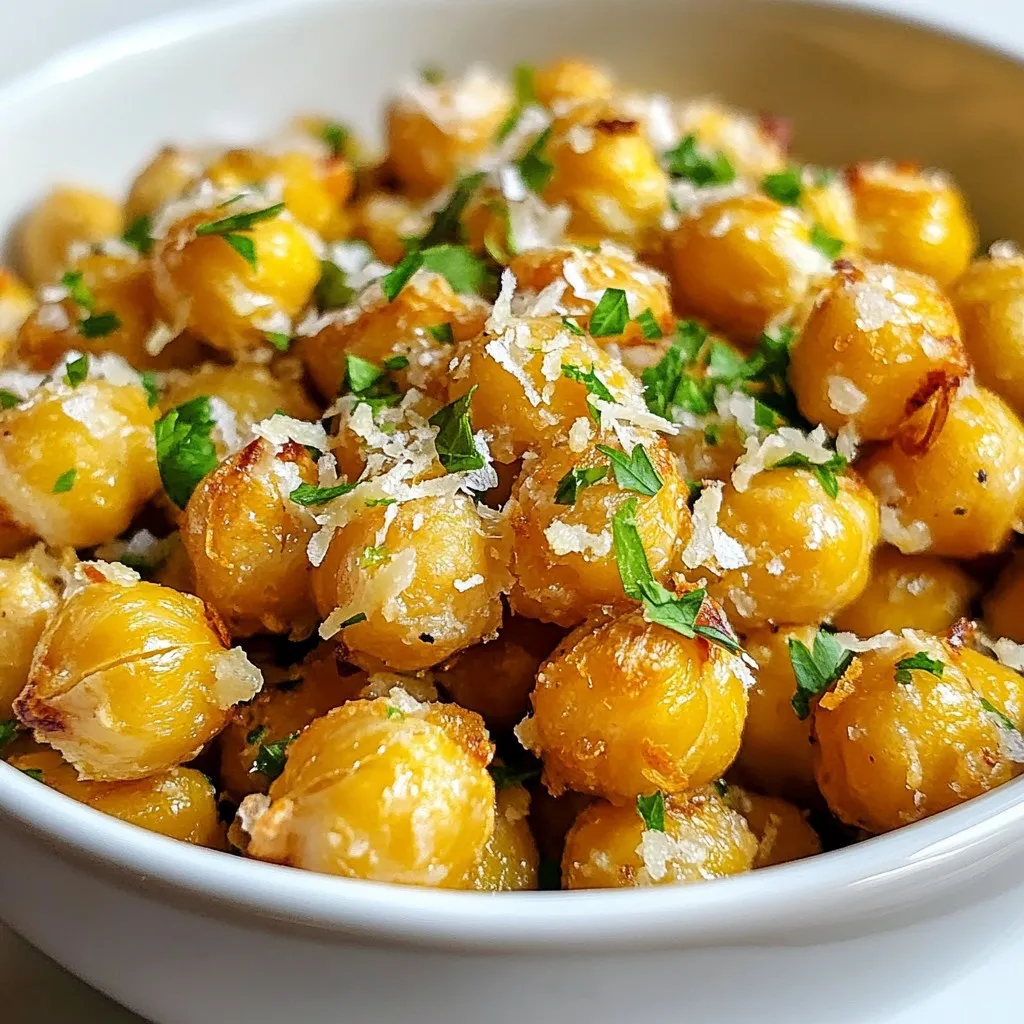 For Garlic Parmesan Roasted Chickpeas, you will need the following ingredients: - 1 can (15 oz) chickpeas, thoroughly rinsed and drained - 2 tablespoons extra virgin olive oil - 1 teaspoon garlic powder - 1 teaspoon onion powder - 1/2 teaspoon smoked paprika - 1/4 teaspoon cayenne pepper (adjust based on your heat preference) - 1/2 teaspoon sea salt - 1/4 cup freshly grated Parmesan cheese - Fresh parsley, finely chopped (for garnish) Chickpeas are the star here. They give a great base and crunch. Olive oil helps the spices stick and adds flavor. Garlic powder and onion powder bring out savory notes. Smoked paprika gives a nice depth, while cayenne adds a kick if you like heat. Sea salt enhances all the flavors. Lastly, Parmesan cheese adds a rich, cheesy finish that makes these chickpeas irresistible. Don't forget fresh parsley! It brightens the dish and adds a lovely pop of color. {{ingredient_image_2}} First, set your oven to 400°F (200°C). This high heat makes the chickpeas crispy. Line a baking sheet with parchment paper. This helps with easy cleanup and stops sticking. Open the can of chickpeas. Pour them into a colander and rinse them well. Use a paper towel to dry them off completely. Removing moisture is key to getting that perfect crunch. In a large bowl, add the dried chickpeas. Pour in 2 tablespoons of extra virgin olive oil. Then, add 1 teaspoon garlic powder, 1 teaspoon onion powder, 1/2 teaspoon smoked paprika, 1/4 teaspoon cayenne pepper, and 1/2 teaspoon sea salt. Stir until all the chickpeas are well coated in the spices. Spread the seasoned chickpeas on the prepared baking sheet in a single layer. This helps them roast evenly. Place the baking sheet in the oven. Roast for 25 to 30 minutes. Shake the pan halfway through. This ensures they cook evenly and get crispy. You want them to turn golden brown. In the last 5 minutes of roasting, take the baking sheet out and sprinkle 1/4 cup of freshly grated Parmesan cheese over the hot chickpeas. Put them back in the oven. This melts the cheese and gives it a nice crunch. When the chickpeas are golden and crunchy, take them out of the oven. Let them cool for a few minutes. This helps them crisp up even more. Finally, sprinkle some finely chopped fresh parsley on top for color and flavor. Enjoy your tasty snack! To get super crispy chickpeas, start by drying them well. Use a paper towel to remove all moisture. This step is key for crunch. Spread the chickpeas in a single layer on the baking sheet. If they are too close together, they will steam instead of roast. Shake the pan halfway through cooking to help them brown evenly. Feel free to change the spice amounts to fit your taste. If you like it spicy, add more cayenne pepper. For a milder flavor, skip it entirely. You can also mix in other spices like cumin or chili powder. The great thing about this recipe is that it adapts well to your preferences. Using freshly grated Parmesan cheese makes a big difference. It melts better and adds more flavor than pre-grated cheese. Fresh herbs, like parsley, will also give a pop of color and taste. If you use dried herbs, adjust the amounts since they are more concentrated. Fresh ingredients enhance the overall taste and enjoyment of your snack. Pro Tips Dry Chickpeas Thoroughly: Ensure the chickpeas are patted dry with a paper towel before seasoning. This step is crucial for achieving maximum crispiness when roasted. Even Spacing on Baking Sheet: Spread the chickpeas in a single layer without overcrowding. This allows for even roasting and prevents steaming, which can lead to soggy chickpeas. Adjust Seasoning to Taste: Feel free to modify the spices according to your flavor preferences. Add more cayenne for heat or extra garlic powder for a stronger garlic flavor. Store for Freshness: If you have leftovers, store them in an airtight container at room temperature. They are best enjoyed fresh but can last for a couple of days if stored properly. {{image_4}} You can swap Parmesan for other cheeses. Try using Pecorino Romano for a sharper taste. Grana Padano offers a milder flavor and is also great. For a dairy-free version, use nutritional yeast. It gives a cheesy flavor without any dairy. Feel free to change the spices based on your taste. If you love heat, add more cayenne or use chili powder. For a smoky flavor, try adding smoked salt. You can also use taco seasoning for a fun twist. Fresh herbs can enhance the flavor of your chickpeas. Mix in some dried oregano or thyme for extra depth. You can also add fresh basil or dill after roasting for a burst of freshness. Experiment with different herbs to find your favorite! To keep your Garlic Parmesan roasted chickpeas fresh, store them in an airtight container. This helps prevent moisture from making them soggy. Use a glass jar or a plastic container with a tight lid. Avoid plastic bags, as they can trap air and moisture. Reheating chickpeas can be tricky. For the best results, use your oven. Preheat it to 350°F (175°C). Spread the chickpeas on a baking sheet and heat for about 10 minutes. This will help restore their crunch. You can also use an air fryer for a quicker option. Just heat them at 350°F for about 5 minutes. These snacks taste best within a few days after making them. If stored properly, they can last up to one week. Check for any signs of softness or moisture before eating. If they lose their crunch, you can always reheat them to revive their texture. Enjoy these tasty bites while they are fresh! Yes, you can use canned chickpeas. They are convenient and save time. Just make sure to rinse and drain them well. This helps remove excess sodium and ensures they get crispy when roasted. Look for a golden brown color. The chickpeas should feel crunchy. Shake the pan halfway through cooking to check them. If they look dry and crispy, they are ready to enjoy! Absolutely! An air fryer works great for this recipe. Preheat the air fryer to 400°F (200°C). Cook the chickpeas for about 15 to 20 minutes. Shake the basket halfway for even cooking. A tangy yogurt dip works well. You can mix plain yogurt with lemon juice and herbs. A zesty marinara sauce also complements the flavors nicely. Enjoy experimenting with different dips! This blog post covered how to make Garlic Parmesan Roasted Chickpeas. We discussed the key ingredients, like chickpeas and spices, and the steps to prepare and roast them. I shared tips for achieving that perfect crispy texture and explored variations for every taste. Storing your leftovers properly ensures they stay fresh. Lastly, I answered common questions to help you enjoy this snack. With these insights, you'll make a tasty treat that's healthy and easy. Get cooking, and enjoy every crunchy bite!