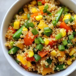 - 1 cup quinoa - 1 small onion, finely diced - 2 cloves garlic, minced - 1 cup carrots, diced - 1 cup bell peppers, diced - 1 cup snap peas, trimmed and halved - 1 cup corn, fresh or frozen - 2 tablespoons soy sauce - 1 tablespoon sesame oil - 2 tablespoons extra virgin olive oil - Salt and black pepper to taste - 2 green onions, thinly sliced (for garnish) - Sesame seeds (for optional garnish) Having the right ingredients makes all the difference. Quinoa serves as a healthy base, packed with protein and fiber. I love how it absorbs flavors, making it the star of this dish. Next, I add a mix of colorful vegetables. The onion and garlic bring a lovely aroma. Carrots and bell peppers add sweetness. Snap peas give a nice crunch, while corn brings a pop of flavor. Seasonings take this dish to the next level. Soy sauce adds umami, while sesame oil brings a nutty taste. I finish off with fresh green onions and sesame seeds for a beautiful garnish. This combination makes the dish not only healthy but also tasty. You can personalize it with your favorite veggies. Enjoy the vibrant colors and flavors! {{ingredient_image_2}} First, rinse your quinoa well to remove any bitter taste. This step is key for flavor. After rinsing, combine the quinoa with 2 cups of vegetable broth or water in a medium saucepan. Bring this mixture to a boil over medium-high heat. Once it boils, reduce the heat to low and cover the pan. Let it simmer for about 15 minutes. The quinoa is ready when all the liquid is absorbed. After cooking, fluff the quinoa gently with a fork and set it aside. This will give it a light texture. Next, grab a large skillet or wok. Heat 2 tablespoons of olive oil over medium-high heat. When the oil is hot, add the diced onion. Saut&eacute; for about 2-3 minutes until the onion turns translucent and fragrant. Then, add the minced garlic and cook for another 30 seconds. Be careful not to burn the garlic. After that, toss in the diced carrots and bell peppers. Cook these vegetables for about 5 minutes, stirring occasionally, until they start to soften. Finally, add the snap peas and corn. Saut&eacute; for another 3-4 minutes. You want all the veggies to stay tender-crisp for the best texture. Now, it's time to mix everything. Push the saut&eacute;ed vegetables to one side of the skillet. Carefully add the cooked quinoa to the other side. Drizzle 2 tablespoons of soy sauce and 1 tablespoon of sesame oil over the quinoa. Stir everything together until the sauce coats both the quinoa and vegetables evenly. Cook for an extra 2 minutes to heat it all through. Once ready, taste your dish and adjust with salt and black pepper as needed. This is where you can make it just right for your taste. To cook quinoa well, start by rinsing it. Rinsing removes the bitter coating called saponin. Use a fine mesh strainer for the best results. After rinsing, combine 1 cup of quinoa with 2 cups of vegetable broth or water. Bring the mixture to a boil over medium-high heat. Once it boils, reduce the heat to low. Cover the pan and let it simmer for about 15 minutes. When the liquid is absorbed, fluff the quinoa gently with a fork. Fluffing helps separate the grains and makes it light. When saut&eacute;ing veggies, think about texture. You want them to stay crunchy. Start with the onion, as it takes a bit longer to soften. Cook it for about 2-3 minutes until it turns translucent. After that, add garlic for extra flavor, but don&rsquo;t let it burn. Next, add carrots and bell peppers. Cook them for about 5 minutes. Then, toss in snap peas and corn. Saut&eacute; for another 3-4 minutes. This way, all veggies stay tender yet crisp, giving a nice bite to your dish. To make your dish pop without extra ingredients, focus on seasoning. Soy sauce adds saltiness and umami. Sesame oil brings a rich, nutty flavor. Mix these in after adding the quinoa. Tasting your dish is key. Remove it from heat and check the flavors. Add salt and black pepper to balance everything. This simple step makes a big difference in enhancing the overall taste. Pro Tips Rinse the Quinoa: Always rinse the quinoa under cold water before cooking. This removes the natural saponins that can make it taste bitter. Customize Your Veggies: Feel free to substitute or add any of your favorite vegetables. Broccoli, zucchini, or mushrooms all work great in this dish! Make It Spicy: If you enjoy a little heat, add some chili flakes or sriracha to the dish while cooking for an extra kick. Storage Tips: This quinoa fried rice can be stored in an airtight container in the fridge for up to 3 days. Reheat in a skillet or microwave before serving. {{image_4}} You can boost your quinoa fried rice with protein. Here are some great options: - Tofu: Press, cube, and saut&eacute; it for a nice texture. - Tempeh: Slice it thin and cook until golden for added crunch. - Edamame: Toss in this protein-packed bean for a fresh taste. If you want alternatives, try chickpeas or black beans. Both options add flavor and nutrition. Feel free to add more veggies to your dish. Seasonal vegetables work great. Try: - Zucchini: Dice and saut&eacute; for a soft bite. - Spinach: Add it at the end for a vibrant color. - Broccoli: Cut into small florets for crunch. You can also use leftover veggies. Clean out your fridge and toss in what you have. This keeps waste low and flavors high! Spice up your fried rice with different flavors. Consider these ideas: - Curry powder: A quick way to add warmth and depth. - Fresh ginger: Grate it in for a zesty kick. If you like heat, chili sauce is a great choice. Just a little can transform your dish into something fiery and exciting. Store leftovers in an airtight container. You can use glass or plastic containers. Make sure the quinoa fried rice cools down first. This keeps it fresh and tasty. Place it in the fridge. It should last for up to 4 days. Always check for any signs of spoilage before eating. To freeze quinoa fried rice, wait until it cools. Transfer it to a freezer-safe bag. Flatten the bag to save space. This makes it easier to store. It can last up to 3 months in the freezer. When ready to eat, take it out and thaw in the fridge overnight. Reheat it in a pan over low heat. Add a splash of water if it seems dry. In the fridge, quinoa fried rice stays good for about 4 days. In the freezer, it can last up to 3 months. Look for signs of spoilage, like off smells or discoloration. If it smells bad or looks odd, it's best to toss it. Always trust your senses when it comes to food safety. You can use rice, farro, or barley instead of quinoa. Each grain has a unique taste and texture. Rice is the closest in size and can work well. Farro and barley add a nice chewiness. If you need a gluten-free option, try brown rice or millet. Each substitute changes the dish a bit, but all are tasty. Absolutely! To make this dish vegan, choose soy sauce or tamari that is labeled vegan. For gluten-free, tamari is a great option. You can also use other gluten-free sauces like coconut aminos. This way, you keep all the flavors while meeting dietary needs. To add spice, use red pepper flakes or sriracha. You can mix these in with the soy sauce. If you like fresh heat, add sliced jalape&ntilde;os or chili peppers when cooking. Adjust the amount to your heat preference. Start small, then taste as you go. Yes, this dish is perfect for meal prep! Store it in airtight containers in the fridge for up to four days. For longer storage, freeze portions for up to three months. Just reheat in the microwave or on the stove. This makes it easy to enjoy healthy meals throughout the week. This blog post covered how to make a tasty quinoa fried rice. We discussed key ingredients like vegetables and seasonings, and shared step-by-step cooking methods. I provided tips for perfect quinoa, saut&eacute;ing, and flavor adjustments. You can also tweak the recipe with different proteins and veggies. In summary, this dish is flexible, easy, and great for meal prep. Enjoy experimenting with flavors while keeping it nutritious and satisfying.