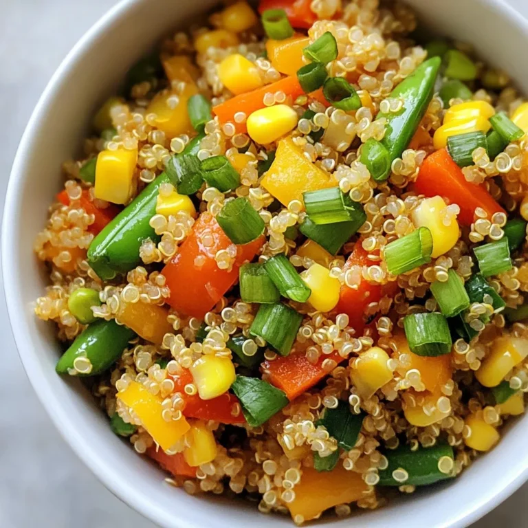 - 1 cup quinoa - 1 small onion, finely diced - 2 cloves garlic, minced - 1 cup carrots, diced - 1 cup bell peppers, diced - 1 cup snap peas, trimmed and halved - 1 cup corn, fresh or frozen - 2 tablespoons soy sauce - 1 tablespoon sesame oil - 2 tablespoons extra virgin olive oil - Salt and black pepper to taste - 2 green onions, thinly sliced (for garnish) - Sesame seeds (for optional garnish) Having the right ingredients makes all the difference. Quinoa serves as a healthy base, packed with protein and fiber. I love how it absorbs flavors, making it the star of this dish. Next, I add a mix of colorful vegetables. The onion and garlic bring a lovely aroma. Carrots and bell peppers add sweetness. Snap peas give a nice crunch, while corn brings a pop of flavor. Seasonings take this dish to the next level. Soy sauce adds umami, while sesame oil brings a nutty taste. I finish off with fresh green onions and sesame seeds for a beautiful garnish. This combination makes the dish not only healthy but also tasty. You can personalize it with your favorite veggies. Enjoy the vibrant colors and flavors! {{ingredient_image_2}} First, rinse your quinoa well to remove any bitter taste. This step is key for flavor. After rinsing, combine the quinoa with 2 cups of vegetable broth or water in a medium saucepan. Bring this mixture to a boil over medium-high heat. Once it boils, reduce the heat to low and cover the pan. Let it simmer for about 15 minutes. The quinoa is ready when all the liquid is absorbed. After cooking, fluff the quinoa gently with a fork and set it aside. This will give it a light texture. Next, grab a large skillet or wok. Heat 2 tablespoons of olive oil over medium-high heat. When the oil is hot, add the diced onion. Sauté for about 2-3 minutes until the onion turns translucent and fragrant. Then, add the minced garlic and cook for another 30 seconds. Be careful not to burn the garlic. After that, toss in the diced carrots and bell peppers. Cook these vegetables for about 5 minutes, stirring occasionally, until they start to soften. Finally, add the snap peas and corn. Sauté for another 3-4 minutes. You want all the veggies to stay tender-crisp for the best texture. Now, it's time to mix everything. Push the sautéed vegetables to one side of the skillet. Carefully add the cooked quinoa to the other side. Drizzle 2 tablespoons of soy sauce and 1 tablespoon of sesame oil over the quinoa. Stir everything together until the sauce coats both the quinoa and vegetables evenly. Cook for an extra 2 minutes to heat it all through. Once ready, taste your dish and adjust with salt and black pepper as needed. This is where you can make it just right for your taste. To cook quinoa well, start by rinsing it. Rinsing removes the bitter coating called saponin. Use a fine mesh strainer for the best results. After rinsing, combine 1 cup of quinoa with 2 cups of vegetable broth or water. Bring the mixture to a boil over medium-high heat. Once it boils, reduce the heat to low. Cover the pan and let it simmer for about 15 minutes. When the liquid is absorbed, fluff the quinoa gently with a fork. Fluffing helps separate the grains and makes it light. When sautéing veggies, think about texture. You want them to stay crunchy. Start with the onion, as it takes a bit longer to soften. Cook it for about 2-3 minutes until it turns translucent. After that, add garlic for extra flavor, but don’t let it burn. Next, add carrots and bell peppers. Cook them for about 5 minutes. Then, toss in snap peas and corn. Sauté for another 3-4 minutes. This way, all veggies stay tender yet crisp, giving a nice bite to your dish. To make your dish pop without extra ingredients, focus on seasoning. Soy sauce adds saltiness and umami. Sesame oil brings a rich, nutty flavor. Mix these in after adding the quinoa. Tasting your dish is key. Remove it from heat and check the flavors. Add salt and black pepper to balance everything. This simple step makes a big difference in enhancing the overall taste. Pro Tips Rinse the Quinoa: Always rinse the quinoa under cold water before cooking. This removes the natural saponins that can make it taste bitter. Customize Your Veggies: Feel free to substitute or add any of your favorite vegetables. Broccoli, zucchini, or mushrooms all work great in this dish! Make It Spicy: If you enjoy a little heat, add some chili flakes or sriracha to the dish while cooking for an extra kick. Storage Tips: This quinoa fried rice can be stored in an airtight container in the fridge for up to 3 days. Reheat in a skillet or microwave before serving. {{image_4}} You can boost your quinoa fried rice with protein. Here are some great options: - Tofu: Press, cube, and sauté it for a nice texture. - Tempeh: Slice it thin and cook until golden for added crunch. - Edamame: Toss in this protein-packed bean for a fresh taste. If you want alternatives, try chickpeas or black beans. Both options add flavor and nutrition. Feel free to add more veggies to your dish. Seasonal vegetables work great. Try: - Zucchini: Dice and sauté for a soft bite. - Spinach: Add it at the end for a vibrant color. - Broccoli: Cut into small florets for crunch. You can also use leftover veggies. Clean out your fridge and toss in what you have. This keeps waste low and flavors high! Spice up your fried rice with different flavors. Consider these ideas: - Curry powder: A quick way to add warmth and depth. - Fresh ginger: Grate it in for a zesty kick. If you like heat, chili sauce is a great choice. Just a little can transform your dish into something fiery and exciting. Store leftovers in an airtight container. You can use glass or plastic containers. Make sure the quinoa fried rice cools down first. This keeps it fresh and tasty. Place it in the fridge. It should last for up to 4 days. Always check for any signs of spoilage before eating. To freeze quinoa fried rice, wait until it cools. Transfer it to a freezer-safe bag. Flatten the bag to save space. This makes it easier to store. It can last up to 3 months in the freezer. When ready to eat, take it out and thaw in the fridge overnight. Reheat it in a pan over low heat. Add a splash of water if it seems dry. In the fridge, quinoa fried rice stays good for about 4 days. In the freezer, it can last up to 3 months. Look for signs of spoilage, like off smells or discoloration. If it smells bad or looks odd, it's best to toss it. Always trust your senses when it comes to food safety. You can use rice, farro, or barley instead of quinoa. Each grain has a unique taste and texture. Rice is the closest in size and can work well. Farro and barley add a nice chewiness. If you need a gluten-free option, try brown rice or millet. Each substitute changes the dish a bit, but all are tasty. Absolutely! To make this dish vegan, choose soy sauce or tamari that is labeled vegan. For gluten-free, tamari is a great option. You can also use other gluten-free sauces like coconut aminos. This way, you keep all the flavors while meeting dietary needs. To add spice, use red pepper flakes or sriracha. You can mix these in with the soy sauce. If you like fresh heat, add sliced jalapeños or chili peppers when cooking. Adjust the amount to your heat preference. Start small, then taste as you go. Yes, this dish is perfect for meal prep! Store it in airtight containers in the fridge for up to four days. For longer storage, freeze portions for up to three months. Just reheat in the microwave or on the stove. This makes it easy to enjoy healthy meals throughout the week. This blog post covered how to make a tasty quinoa fried rice. We discussed key ingredients like vegetables and seasonings, and shared step-by-step cooking methods. I provided tips for perfect quinoa, sautéing, and flavor adjustments. You can also tweak the recipe with different proteins and veggies. In summary, this dish is flexible, easy, and great for meal prep. Enjoy experimenting with flavors while keeping it nutritious and satisfying.