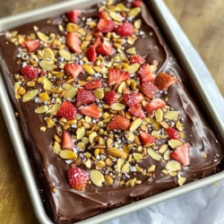 For this recipe, I use two types of chocolate: dark and milk. The dark chocolate gives a rich taste. It balances the sweet milk chocolate well. You'll need 2 cups of dark chocolate chips and 1 cup of milk chocolate chips. The mix creates a lovely flavor and texture. You can add some extra crunch with nuts. I like chopped almonds or walnuts. You only need 1/2 cup if you choose to add them. They bring a nice texture to the bark. Sea salt is also a great touch. A small pinch on top enhances the sweet and salty mix. This recipe makes about 8 servings. Each piece is a fun treat. It’s perfect for sharing or enjoying yourself. In terms of nutrition, the combination of chocolates and strawberries offers a mix of sweet and healthy. Remember, the nuts add healthy fats too. Enjoy this treat in moderation for a balanced snack. {{ingredient_image_2}} Start with a baking sheet and lay down parchment paper. Make sure the paper is smooth and flat. This will help you pull off the bark later. The parchment prevents sticking and makes cleanup simple. In a microwave-safe bowl, add 1 cup of dark chocolate chips. Heat the chocolate in the microwave for 30 seconds. Take it out and stir the chocolate. Repeat this until the chocolate is fully melted and smooth. Next, take another bowl and add 1 cup of milk chocolate chips. Use the same method. Heat in 30-second intervals, stirring each time. The goal is to get it creamy and glossy. Now, pour the melted dark chocolate onto the baking sheet. Spread it evenly into a rectangle about 1/4 inch thick. This will be your base layer. Take a spoon and drizzle the melted milk chocolate over the dark chocolate in a zigzag pattern. Use a toothpick or knife to swirl the chocolates together. This will create a nice marbled look. Before the chocolate sets, sprinkle the crushed freeze-dried strawberries on top. If you like, add chopped nuts as well. Lastly, add a pinch of sea salt to boost the flavors. Transfer the sheet to the refrigerator. Let it chill for 30 to 45 minutes. When it is firm, lift the bark from the sheet and break it into rustic pieces. Enjoy your delicious creation! To get a smooth melt of chocolate, I suggest using the microwave. Start with dark chocolate chips. Place one cup in a bowl. Heat it for 30 seconds. Take it out and stir. Repeat this until it looks shiny and smooth. This helps prevent the chocolate from burning. If you prefer, you can also use a double boiler. Fill a pot with water and bring it to a simmer. Place a heat-safe bowl on top, making sure it does not touch the water. Add the chocolate chips and stir until melted. This method offers more control over the heat. Drizzling the milk chocolate gives your bark a fun look. Once your dark chocolate is ready, melt the milk chocolate in the same way. Use a spoon to drizzle it on the dark chocolate in a zigzag pattern. To create a marbled effect, take a toothpick or knife. Gently swirl it through both chocolates. Be careful not to mix them too much. You want to see both colors. After your chocolate bark sets, store it in an airtight container. Keep it in a cool, dry place. This keeps it fresh and tasty. If you want to serve it, use a nice platter. Add some small treat bags with ribbons for gifts. For extra flair, place fresh strawberries on the side. They add color and contrast to your treat. Enjoy your beautiful creation! Pro Tips Use Quality Chocolate: Opt for high-quality chocolate chips for the best flavor and smooth melting. The better the chocolate, the better the final product will taste. Perfectly Melting Technique: When melting chocolate, use a microwave in short bursts and stir frequently to prevent overheating and burning. Layering Flavors: Experiment with additional toppings like coconut flakes or crushed pretzels for a unique twist and added texture. Storage Tips: Store the bark in an airtight container at room temperature or in the fridge to keep it fresh and prevent melting. {{image_4}} You can make your chocolate covered strawberry bark even more fun by adding different toppings. Besides freeze-dried strawberries, try crushed raspberries or blueberries for a berry explosion. If you love nuts, chopped almonds or walnuts add a nice crunch. You can also use pistachios for a pop of color and flavor. Just remember, sprinkle them on before the chocolate sets. This way, they stick well. Mixing chocolates can change the taste and look of your bark. Instead of just dark and milk chocolate, try white chocolate for a creamy twist. You can also use half dark chocolate and half milk chocolate for a balanced sweetness. If you like a stronger flavor, use extra dark chocolate. The options are endless, so feel free to experiment! Making this bark vegan is easy. Use dairy-free chocolate chips instead of regular chocolate. There are many brands that make tasty vegan options. For a gluten-free treat, check the labels on your chocolate chips. Most are gluten-free, but always double-check. This way, everyone can enjoy your delicious treat without worry. To keep your chocolate covered strawberry bark fresh, store it properly. First, let the bark cool completely before you store it. This prevents moisture from forming. Once cool, break it into pieces. Place the pieces in a single layer if you can. Avoid stacking them, as this can make them stick together. Use an airtight container to store your bark. A glass or plastic container works well. If you don’t have one, a resealable plastic bag can also do the trick. Just make sure to squeeze out any extra air before sealing. Line the bottom with wax paper to avoid sticking, and keep the lid on tight to keep out moisture. When stored correctly, chocolate covered strawberry bark can last up to two weeks. Keep it in a cool, dry place away from sunlight. If you want to make it last longer, you can freeze it. Just wrap each piece tightly in plastic wrap, then place them in a freezer-safe bag. Frozen bark can last for up to three months. When you’re ready to enjoy it, let it thaw in the fridge for a few hours before serving. You can use fresh strawberries, but the bark will be different. Fresh strawberries add moisture. This moisture can make the chocolate soft. Freeze-dried strawberries are crunchy and flavorful. They blend well with the chocolate and keep the bark crisp. Using both dark and milk chocolate gives a rich taste. The dark chocolate is bold, while the milk chocolate is sweet. This mix creates a nice balance of flavors. If you prefer one type, you can use just dark or just milk chocolate. But the taste will change. If you want a chocolate-free option, try carob chips. They have a sweet, nutty taste. You can also use white chocolate for a different flavor. Just remember, the texture and taste will change with substitutes. This guide covers all you need to know about making chocolate-covered strawberry bark. We explored chocolate types, add-ins, and nutritional info. I shared step-by-step instructions for a smooth melt and how to store your treat. We also discussed fun variations for different diets. Keep experimenting with flavors and enjoy this tasty treat. Your friends and family will love it!