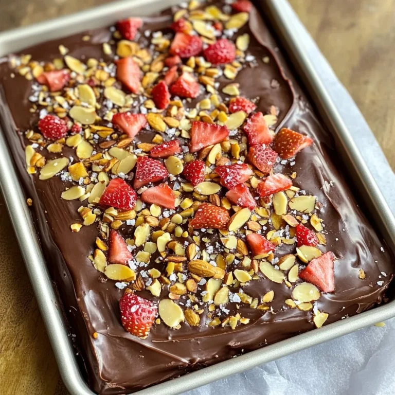 For this recipe, I use two types of chocolate: dark and milk. The dark chocolate gives a rich taste. It balances the sweet milk chocolate well. You'll need 2 cups of dark chocolate chips and 1 cup of milk chocolate chips. The mix creates a lovely flavor and texture. You can add some extra crunch with nuts. I like chopped almonds or walnuts. You only need 1/2 cup if you choose to add them. They bring a nice texture to the bark. Sea salt is also a great touch. A small pinch on top enhances the sweet and salty mix. This recipe makes about 8 servings. Each piece is a fun treat. It’s perfect for sharing or enjoying yourself. In terms of nutrition, the combination of chocolates and strawberries offers a mix of sweet and healthy. Remember, the nuts add healthy fats too. Enjoy this treat in moderation for a balanced snack. {{ingredient_image_2}} Start with a baking sheet and lay down parchment paper. Make sure the paper is smooth and flat. This will help you pull off the bark later. The parchment prevents sticking and makes cleanup simple. In a microwave-safe bowl, add 1 cup of dark chocolate chips. Heat the chocolate in the microwave for 30 seconds. Take it out and stir the chocolate. Repeat this until the chocolate is fully melted and smooth. Next, take another bowl and add 1 cup of milk chocolate chips. Use the same method. Heat in 30-second intervals, stirring each time. The goal is to get it creamy and glossy. Now, pour the melted dark chocolate onto the baking sheet. Spread it evenly into a rectangle about 1/4 inch thick. This will be your base layer. Take a spoon and drizzle the melted milk chocolate over the dark chocolate in a zigzag pattern. Use a toothpick or knife to swirl the chocolates together. This will create a nice marbled look. Before the chocolate sets, sprinkle the crushed freeze-dried strawberries on top. If you like, add chopped nuts as well. Lastly, add a pinch of sea salt to boost the flavors. Transfer the sheet to the refrigerator. Let it chill for 30 to 45 minutes. When it is firm, lift the bark from the sheet and break it into rustic pieces. Enjoy your delicious creation! To get a smooth melt of chocolate, I suggest using the microwave. Start with dark chocolate chips. Place one cup in a bowl. Heat it for 30 seconds. Take it out and stir. Repeat this until it looks shiny and smooth. This helps prevent the chocolate from burning. If you prefer, you can also use a double boiler. Fill a pot with water and bring it to a simmer. Place a heat-safe bowl on top, making sure it does not touch the water. Add the chocolate chips and stir until melted. This method offers more control over the heat. Drizzling the milk chocolate gives your bark a fun look. Once your dark chocolate is ready, melt the milk chocolate in the same way. Use a spoon to drizzle it on the dark chocolate in a zigzag pattern. To create a marbled effect, take a toothpick or knife. Gently swirl it through both chocolates. Be careful not to mix them too much. You want to see both colors. After your chocolate bark sets, store it in an airtight container. Keep it in a cool, dry place. This keeps it fresh and tasty. If you want to serve it, use a nice platter. Add some small treat bags with ribbons for gifts. For extra flair, place fresh strawberries on the side. They add color and contrast to your treat. Enjoy your beautiful creation! Pro Tips Use Quality Chocolate: Opt for high-quality chocolate chips for the best flavor and smooth melting. The better the chocolate, the better the final product will taste. Perfectly Melting Technique: When melting chocolate, use a microwave in short bursts and stir frequently to prevent overheating and burning. Layering Flavors: Experiment with additional toppings like coconut flakes or crushed pretzels for a unique twist and added texture. Storage Tips: Store the bark in an airtight container at room temperature or in the fridge to keep it fresh and prevent melting. {{image_4}} You can make your chocolate covered strawberry bark even more fun by adding different toppings. Besides freeze-dried strawberries, try crushed raspberries or blueberries for a berry explosion. If you love nuts, chopped almonds or walnuts add a nice crunch. You can also use pistachios for a pop of color and flavor. Just remember, sprinkle them on before the chocolate sets. This way, they stick well. Mixing chocolates can change the taste and look of your bark. Instead of just dark and milk chocolate, try white chocolate for a creamy twist. You can also use half dark chocolate and half milk chocolate for a balanced sweetness. If you like a stronger flavor, use extra dark chocolate. The options are endless, so feel free to experiment! Making this bark vegan is easy. Use dairy-free chocolate chips instead of regular chocolate. There are many brands that make tasty vegan options. For a gluten-free treat, check the labels on your chocolate chips. Most are gluten-free, but always double-check. This way, everyone can enjoy your delicious treat without worry. To keep your chocolate covered strawberry bark fresh, store it properly. First, let the bark cool completely before you store it. This prevents moisture from forming. Once cool, break it into pieces. Place the pieces in a single layer if you can. Avoid stacking them, as this can make them stick together. Use an airtight container to store your bark. A glass or plastic container works well. If you don’t have one, a resealable plastic bag can also do the trick. Just make sure to squeeze out any extra air before sealing. Line the bottom with wax paper to avoid sticking, and keep the lid on tight to keep out moisture. When stored correctly, chocolate covered strawberry bark can last up to two weeks. Keep it in a cool, dry place away from sunlight. If you want to make it last longer, you can freeze it. Just wrap each piece tightly in plastic wrap, then place them in a freezer-safe bag. Frozen bark can last for up to three months. When you’re ready to enjoy it, let it thaw in the fridge for a few hours before serving. You can use fresh strawberries, but the bark will be different. Fresh strawberries add moisture. This moisture can make the chocolate soft. Freeze-dried strawberries are crunchy and flavorful. They blend well with the chocolate and keep the bark crisp. Using both dark and milk chocolate gives a rich taste. The dark chocolate is bold, while the milk chocolate is sweet. This mix creates a nice balance of flavors. If you prefer one type, you can use just dark or just milk chocolate. But the taste will change. If you want a chocolate-free option, try carob chips. They have a sweet, nutty taste. You can also use white chocolate for a different flavor. Just remember, the texture and taste will change with substitutes. This guide covers all you need to know about making chocolate-covered strawberry bark. We explored chocolate types, add-ins, and nutritional info. I shared step-by-step instructions for a smooth melt and how to store your treat. We also discussed fun variations for different diets. Keep experimenting with flavors and enjoy this tasty treat. Your friends and family will love it!