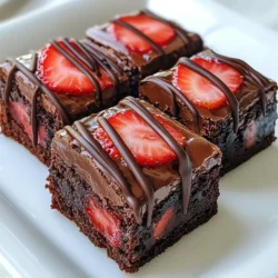 To make these delightful brownies, you need the following key ingredients: - 1 cup unsalted butter, melted - 2 cups granulated sugar - 4 large eggs - 1 teaspoon vanilla extract - 1 cup all-purpose flour - 1 cup cocoa powder - &frac12; teaspoon baking powder - &frac12; teaspoon salt - 1 cup fresh strawberries, hulled and halved - 1 cup semi-sweet chocolate chips - 1 tablespoon coconut oil (for melting chocolate) These ingredients come together to create a rich, chocolaty base with juicy strawberries. You can personalize your brownies with some fun extras. Here are a few ideas: - Nuts like walnuts or pecans for added crunch - A pinch of espresso powder to enhance the chocolate flavor - Swirls of cream cheese for a tangy twist - Different types of chocolate chips, like white or dark chocolate These options let you make each batch unique and tailored to your taste. If you need to follow a special diet, it's easy to adapt this recipe. Here are some options: - For gluten-free brownies, use a gluten-free flour blend instead of all-purpose flour. - Replace eggs with flaxseed meal mixed with water for a vegan version. - Choose dairy-free chocolate chips to keep it vegan and dairy-free. These swaps ensure everyone can enjoy these tasty brownies! {{ingredient_image_2}} Start by preheating your oven to 350&deg;F (175&deg;C). This sets the stage for baking. Next, take a 9x13 inch baking pan. Grease it lightly with butter or line it with parchment paper. This will help you remove the brownies easily later. In a large mixing bowl, add 1 cup of melted unsalted butter and 2 cups of granulated sugar. Whisk them together until smooth. Then, add 4 large eggs one at a time. Mix well after each egg. Finally, stir in 1 teaspoon of vanilla extract until it blends perfectly. Now it&rsquo;s time for the dry ingredients. Sift together 1 cup of all-purpose flour, 1 cup of cocoa powder, &frac12; teaspoon of baking powder, and &frac12; teaspoon of salt. Carefully sift this mix directly over the wet ingredients. Use a spatula to fold the dry ingredients into the wet mix. Do this gently; overmixing will make your brownies tough. Pour about half of the brownie batter into the prepared pan. Spread it evenly with a spatula. Take 1 cup of hulled and halved fresh strawberries and place them on top of the batter. Press them down gently. Then, spoon the rest of the brownie batter over the strawberries. Make sure to cover them well. Place your pan in the preheated oven. Bake for 30 to 35 minutes. To check for doneness, insert a toothpick into the center. It should come out with a few moist crumbs, not wet batter. If it&rsquo;s wet, give it a few more minutes. While the brownies bake, let&rsquo;s prepare the chocolate coating. In a microwave-safe bowl, combine 1 cup of semi-sweet chocolate chips with 1 tablespoon of coconut oil. Heat them in the microwave in 30-second intervals. Stir after each interval until the chocolate is fully melted and smooth. To get the best brownie texture, mix the wet and dry ingredients carefully. Overmixing can make them tough. When you fold the flour and cocoa into the wet mix, stop once you see no dry flour. This keeps your brownies soft and chewy. Also, check the baking time. Every oven is different. Start checking at 30 minutes to avoid overbaking. Melting chocolate is easy with a few tips. Use a microwave-safe bowl. Combine the chocolate chips and coconut oil. Heat in short bursts of 30 seconds. Stir after each burst until melted and smooth. This method prevents burning. If you don&rsquo;t have a microwave, use a double boiler. Just be careful not to let water touch the chocolate. Presentation makes your brownies even more enjoyable. Once the chocolate coating sets, try these ideas: - Garnish with extra halved strawberries on top. - Dust with powdered sugar for a sweet touch. - Add a drizzle of white chocolate for contrast. - Serve on a decorative plate to impress guests. These small touches can make your brownies look as good as they taste! Pro Tips Use Room Temperature Ingredients: Ensure your eggs and melted butter are at room temperature for better emulsification and a smoother batter. Don&rsquo;t Overmix the Batter: Gently fold the dry ingredients into the wet ingredients to avoid tough brownies. Stop mixing as soon as there are no dry streaks. Cool Completely Before Topping: Allow the brownies to cool fully before adding the chocolate coating to prevent it from melting into the brownies. Enhance Chocolate Flavor: Add a pinch of espresso powder to the batter to intensify the chocolate flavor without making the brownies taste like coffee. {{image_4}} You can use many types of chocolate for your brownies. I love semi-sweet chocolate for its balance. Milk chocolate brings a sweeter taste. White chocolate adds a creamy touch. Each type creates a unique flavor. Experiment with your favorites. Mix different chocolates for a fun twist. Nuts can add crunch and flavor. Try adding walnuts or pecans. They pair well with chocolate and strawberries. You can also use other fruits. Raspberries or blueberries could work great. Just make sure to adjust the amount of sugar if you add more fruit. Think beyond the basics! Add mint for a fresh twist. A little mint extract can brighten the flavor. You can also use orange zest for a zesty kick. It adds a lovely citrus note. Explore different spices too, like cinnamon or ginger. Each choice will elevate your brownies. To keep your brownies fresh, place leftovers in an airtight container. This helps keep moisture in and air out. You can store them at room temperature for up to three days. For longer freshness, refrigerate them. Just remember to let them come to room temperature before serving. You can freeze these brownies for later enjoyment. First, cut them into squares. Wrap each square in plastic wrap. Then, place the wrapped brownies in a freezer-safe bag. They can stay in the freezer for up to three months. When you want to eat them, just thaw them in the fridge overnight. To enjoy your brownies warm, preheat your oven to 350&deg;F (175&deg;C). Place the brownie squares on a baking sheet. Heat them for about 10 minutes. This warms them up nicely without drying them out. You can also use a microwave. Just heat each square for 15 to 20 seconds, but check to avoid overheating. Yes, you can make these brownies ahead of time. Bake them, let them cool, and store them in an airtight container. They stay fresh in the fridge for about 3 days. If you want to keep them longer, freeze them for up to 3 months. Just thaw in the fridge when you&rsquo;re ready to enjoy them. Serve these brownies with flair! Cut them into squares and place them on a nice plate. Add extra halved strawberries for color. A light dusting of powdered sugar can give them a pretty finish. For a fun twist, serve with whipped cream or a scoop of vanilla ice cream. Using frozen strawberries is fine, but there are some tips. Thaw and drain them first to reduce extra moisture. This step helps keep your brownies from getting soggy. Fresh strawberries are best for flavor and texture, but frozen ones can work in a pinch. Chocolate Covered Strawberry Brownies last about 3 days at room temperature. If you store them in the fridge, they can last up to a week. Just make sure to keep them covered. If you freeze them, they can last for about 3 months. Enjoy them any time you crave a sweet treat! You learned how to make Chocolate Covered Strawberry Brownies from start to finish. We covered essential and optional ingredients, step-by-step baking instructions, and tips for great results. You can also customize flavors and store leftovers easily. I hope you feel inspired to create this treat in your kitchen. Enjoy every bite and share with friends and family! Happy baking!