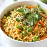 To make Spicy Peanut Ramen, you need fresh and tasty ingredients. Here’s what you will need: - 200g ramen noodles - 2 tablespoons creamy peanut butter - 1 tablespoon soy sauce (low sodium preferred) - 1 tablespoon sriracha (or more, depending on your spice preference) - 1 tablespoon sesame oil - 2 cups rich vegetable broth - 1 clove garlic, finely minced - 1 teaspoon fresh ginger, grated - 1 cup snap peas, ends trimmed - 1 carrot, cut into thin julienne strips - 2 green onions, sliced diagonally - 1 tablespoon sesame seeds (for garnish) - A handful of fresh cilantro leaves (for garnish) These ingredients create a creamy and spicy dish that warms you up. Garnishes add color and flavor. Here are some great options: - Extra sliced green onions - More sesame seeds - Chopped peanuts for crunch - Thinly sliced chili for more heat - Lime wedges for a zesty touch Feel free to mix and match these garnishes based on your taste. You can tweak this recipe to fit your needs. Here are some ideas: - Use gluten-free ramen noodles if needed. - Swap creamy peanut butter for almond butter or sunflower seed butter. - For a vegan option, make sure the soy sauce is vegan. - Add tofu or chicken for extra protein. - Replace vegetable broth with mushroom broth for a deeper flavor. These substitutions help you enjoy this dish no matter your diet. {{ingredient_image_2}} To start, bring a large pot of water to a rolling boil. Once it bubbles, add 200g of ramen noodles. Cook them as the package says, usually for 3-4 minutes. When they're done, drain the noodles and set them aside to cool a bit. Next, grab a mixing bowl. In it, whisk together 2 tablespoons of creamy peanut butter, 1 tablespoon of low-sodium soy sauce, 1 tablespoon of sriracha, and 1 tablespoon of sesame oil. Mix until smooth. Set this tasty sauce aside for later. Now, heat some sesame oil in a large skillet or wok over medium heat. Add 1 clove of minced garlic and 1 teaspoon of grated ginger. Sauté them for about 1 minute. You want to smell their great aroma, but be careful not to burn them. Next, carefully pour in 2 cups of rich vegetable broth. Bring it to a gentle boil. Add in 1 cup of snap peas and 1 julienned carrot. Let them simmer for 3-4 minutes until they are tender, but still crisp. Lower the heat, then add the drained ramen noodles. Toss everything together to soak up the broth. Finally, stir in the creamy peanut sauce until everything is warm and coated. To serve, divide the spicy peanut ramen into two bowls. Top each with some sliced green onions, a sprinkle of sesame seeds, and a handful of fresh cilantro leaves. This adds a bright touch to your dish. For extra spice, keep some sriracha on the side. Enjoy this bold, flavorful comfort food! To make your spicy peanut ramen even better, focus on fresh ingredients. Use fresh garlic and ginger for a strong taste. You can also add lime juice or zest for a bright kick. A splash of rice vinegar can balance the flavors too. Don’t forget to taste your sauce as you mix. Adjust the sriracha if you want more heat. One common mistake is overcooking the ramen noodles. Always follow package instructions carefully. They should be firm and chewy, not mushy. Another mistake is skipping the sautéing step. This step brings out the flavors of garlic and ginger. Lastly, do not rush the sauce mixing. Take your time to ensure it blends well. To save time, prep all ingredients before you start cooking. Chop your veggies and measure sauces in advance. You can even cook your ramen noodles ahead and store them. When ready to eat, just warm them in the broth. This way, your meal will be ready in a flash! Pro Tips Adjust the Spice Level: If you prefer a milder dish, start with less sriracha and gradually add more to taste, ensuring it's just right for your palate. Vegetable Variations: Feel free to add other vegetables like bell peppers, bok choy, or mushrooms to the ramen for added flavor and nutrition. Make it Creamier: For an extra creamy texture, add a splash of coconut milk to the broth before combining with the noodles and sauce. Leftover Storage: Store any leftovers in an airtight container in the fridge for up to 3 days. Reheat gently on the stovetop, adding a bit of broth if needed. {{image_4}} You can easily make this dish vegetarian or vegan. Simply use vegetable broth instead of chicken broth. The creamy peanut sauce is already vegan. To boost the nutrients, add more veggies like bell peppers or mushrooms. You can also toss in some extra greens, such as spinach or kale, for a fresh twist. If you want more protein, consider adding tofu or chicken. For tofu, choose firm or extra-firm types. Cut them into cubes and pan-fry until golden for a crispy texture. If you prefer chicken, grill or sauté bite-sized pieces until fully cooked. Add either protein to the broth before mixing in the noodles. Adjusting the spice level is simple. If you like it mild, use less sriracha in the sauce. For more heat, add extra sriracha or even chili flakes. You can also include fresh chili peppers for a bold kick. Just remember, you can always add more spice but can’t take it out once it’s in! To store leftover Spicy Peanut Ramen, let it cool first. Place it in an airtight container. Keep it in the fridge. It stays fresh for about three days. Avoid storing it with garnishes, as they lose their crunch. Reheat leftover ramen on the stove or in the microwave. If using the stove, add a splash of water or broth. Heat over medium until warm. For the microwave, cover it loosely and heat in short bursts. Stir between each burst to warm evenly. You can freeze Spicy Peanut Ramen, but it’s best to freeze the broth separately. Let the ramen cool fully. Place it in a freezer-safe bag, removing as much air as possible. Store the broth in another bag or container. It will keep for up to three months in the freezer. When ready to eat, thaw overnight in the fridge. Reheat both parts separately, then combine for a quick meal. I recommend using fresh or dried ramen noodles. They soak up the broth well. Fresh noodles have a great texture, but dried noodles work too. Just follow the package instructions for cooking time. Both types will give you a lovely dish. Yes, you can use natural peanut butter. It may have a different texture. Natural peanut butter can be a bit grainy. If you want creaminess, mix it with a bit of water or oil. This helps create a smoother sauce. To make this dish gluten-free, use gluten-free ramen. Many brands offer this option. You can also use rice noodles or soba noodles made from buckwheat. Check labels to ensure they are gluten-free. This way, everyone can enjoy the meal! If you don't have vegetable broth, use water with seasoning. You can add soy sauce or miso for flavor. Chicken broth works too if you’re not vegetarian. Just remember, the broth adds depth to the dish! Spicy Peanut Ramen lasts about three days in the fridge. Store it in an airtight container for best results. When you're ready to eat, just reheat it on the stove or in the microwave. Enjoy your delicious leftovers! This blog post gives you all the essentials for making Spicy Peanut Ramen. You learned about key ingredients, cooking steps, and storage tips. Each section helps you create a tasty meal that suits your taste and diet. You can adjust spice levels and add proteins, too. Don’t forget the garnishes for extra flair! With these tips, you can avoid common mistakes and save time. Dive in and enjoy your new cooking adventure with this simple yet delicious dish. Happy cooking!