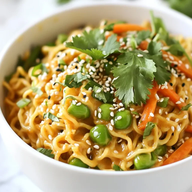 To make Spicy Peanut Ramen, you need fresh and tasty ingredients. Here’s what you will need: - 200g ramen noodles - 2 tablespoons creamy peanut butter - 1 tablespoon soy sauce (low sodium preferred) - 1 tablespoon sriracha (or more, depending on your spice preference) - 1 tablespoon sesame oil - 2 cups rich vegetable broth - 1 clove garlic, finely minced - 1 teaspoon fresh ginger, grated - 1 cup snap peas, ends trimmed - 1 carrot, cut into thin julienne strips - 2 green onions, sliced diagonally - 1 tablespoon sesame seeds (for garnish) - A handful of fresh cilantro leaves (for garnish) These ingredients create a creamy and spicy dish that warms you up. Garnishes add color and flavor. Here are some great options: - Extra sliced green onions - More sesame seeds - Chopped peanuts for crunch - Thinly sliced chili for more heat - Lime wedges for a zesty touch Feel free to mix and match these garnishes based on your taste. You can tweak this recipe to fit your needs. Here are some ideas: - Use gluten-free ramen noodles if needed. - Swap creamy peanut butter for almond butter or sunflower seed butter. - For a vegan option, make sure the soy sauce is vegan. - Add tofu or chicken for extra protein. - Replace vegetable broth with mushroom broth for a deeper flavor. These substitutions help you enjoy this dish no matter your diet. {{ingredient_image_2}} To start, bring a large pot of water to a rolling boil. Once it bubbles, add 200g of ramen noodles. Cook them as the package says, usually for 3-4 minutes. When they're done, drain the noodles and set them aside to cool a bit. Next, grab a mixing bowl. In it, whisk together 2 tablespoons of creamy peanut butter, 1 tablespoon of low-sodium soy sauce, 1 tablespoon of sriracha, and 1 tablespoon of sesame oil. Mix until smooth. Set this tasty sauce aside for later. Now, heat some sesame oil in a large skillet or wok over medium heat. Add 1 clove of minced garlic and 1 teaspoon of grated ginger. Sauté them for about 1 minute. You want to smell their great aroma, but be careful not to burn them. Next, carefully pour in 2 cups of rich vegetable broth. Bring it to a gentle boil. Add in 1 cup of snap peas and 1 julienned carrot. Let them simmer for 3-4 minutes until they are tender, but still crisp. Lower the heat, then add the drained ramen noodles. Toss everything together to soak up the broth. Finally, stir in the creamy peanut sauce until everything is warm and coated. To serve, divide the spicy peanut ramen into two bowls. Top each with some sliced green onions, a sprinkle of sesame seeds, and a handful of fresh cilantro leaves. This adds a bright touch to your dish. For extra spice, keep some sriracha on the side. Enjoy this bold, flavorful comfort food! To make your spicy peanut ramen even better, focus on fresh ingredients. Use fresh garlic and ginger for a strong taste. You can also add lime juice or zest for a bright kick. A splash of rice vinegar can balance the flavors too. Don’t forget to taste your sauce as you mix. Adjust the sriracha if you want more heat. One common mistake is overcooking the ramen noodles. Always follow package instructions carefully. They should be firm and chewy, not mushy. Another mistake is skipping the sautéing step. This step brings out the flavors of garlic and ginger. Lastly, do not rush the sauce mixing. Take your time to ensure it blends well. To save time, prep all ingredients before you start cooking. Chop your veggies and measure sauces in advance. You can even cook your ramen noodles ahead and store them. When ready to eat, just warm them in the broth. This way, your meal will be ready in a flash! Pro Tips Adjust the Spice Level: If you prefer a milder dish, start with less sriracha and gradually add more to taste, ensuring it's just right for your palate. Vegetable Variations: Feel free to add other vegetables like bell peppers, bok choy, or mushrooms to the ramen for added flavor and nutrition. Make it Creamier: For an extra creamy texture, add a splash of coconut milk to the broth before combining with the noodles and sauce. Leftover Storage: Store any leftovers in an airtight container in the fridge for up to 3 days. Reheat gently on the stovetop, adding a bit of broth if needed. {{image_4}} You can easily make this dish vegetarian or vegan. Simply use vegetable broth instead of chicken broth. The creamy peanut sauce is already vegan. To boost the nutrients, add more veggies like bell peppers or mushrooms. You can also toss in some extra greens, such as spinach or kale, for a fresh twist. If you want more protein, consider adding tofu or chicken. For tofu, choose firm or extra-firm types. Cut them into cubes and pan-fry until golden for a crispy texture. If you prefer chicken, grill or sauté bite-sized pieces until fully cooked. Add either protein to the broth before mixing in the noodles. Adjusting the spice level is simple. If you like it mild, use less sriracha in the sauce. For more heat, add extra sriracha or even chili flakes. You can also include fresh chili peppers for a bold kick. Just remember, you can always add more spice but can’t take it out once it’s in! To store leftover Spicy Peanut Ramen, let it cool first. Place it in an airtight container. Keep it in the fridge. It stays fresh for about three days. Avoid storing it with garnishes, as they lose their crunch. Reheat leftover ramen on the stove or in the microwave. If using the stove, add a splash of water or broth. Heat over medium until warm. For the microwave, cover it loosely and heat in short bursts. Stir between each burst to warm evenly. You can freeze Spicy Peanut Ramen, but it’s best to freeze the broth separately. Let the ramen cool fully. Place it in a freezer-safe bag, removing as much air as possible. Store the broth in another bag or container. It will keep for up to three months in the freezer. When ready to eat, thaw overnight in the fridge. Reheat both parts separately, then combine for a quick meal. I recommend using fresh or dried ramen noodles. They soak up the broth well. Fresh noodles have a great texture, but dried noodles work too. Just follow the package instructions for cooking time. Both types will give you a lovely dish. Yes, you can use natural peanut butter. It may have a different texture. Natural peanut butter can be a bit grainy. If you want creaminess, mix it with a bit of water or oil. This helps create a smoother sauce. To make this dish gluten-free, use gluten-free ramen. Many brands offer this option. You can also use rice noodles or soba noodles made from buckwheat. Check labels to ensure they are gluten-free. This way, everyone can enjoy the meal! If you don't have vegetable broth, use water with seasoning. You can add soy sauce or miso for flavor. Chicken broth works too if you’re not vegetarian. Just remember, the broth adds depth to the dish! Spicy Peanut Ramen lasts about three days in the fridge. Store it in an airtight container for best results. When you're ready to eat, just reheat it on the stove or in the microwave. Enjoy your delicious leftovers! This blog post gives you all the essentials for making Spicy Peanut Ramen. You learned about key ingredients, cooking steps, and storage tips. Each section helps you create a tasty meal that suits your taste and diet. You can adjust spice levels and add proteins, too. Don’t forget the garnishes for extra flair! With these tips, you can avoid common mistakes and save time. Dive in and enjoy your new cooking adventure with this simple yet delicious dish. Happy cooking!