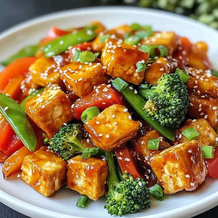 - 14 oz firm tofu, well-pressed and cut into 1-inch cubes - 2 tablespoons cornstarch - 2 tablespoons vegetable oil (plus more if needed) - 1 bell pepper (choose red or yellow for sweetness), sliced - 1 cup broccoli florets (fresh or frozen) - 1 cup snap peas (trimmed) - 3 cloves garlic, minced - 1 tablespoon fresh ginger, minced - 1/4 cup sweet chili sauce - 1 tablespoon soy sauce - 1 tablespoon rice vinegar To create a tasty Sweet Chili Tofu Stir-Fry, you need firm tofu, colorful veggies, and flavorful sauces. Start with firm tofu. Press it well to remove moisture, so it can crisp nicely. Cut it into 1-inch cubes for even cooking. Next, grab some fresh or frozen vegetables. I love using bell peppers, broccoli, and snap peas. They add both crunch and color to the dish. The sauces are key to flavor. Sweet chili sauce gives a nice kick and sweetness. Soy sauce adds saltiness, while rice vinegar adds a tangy note. These three work together to create a rich taste. - Salt and black pepper to taste - 2 green onions, finely chopped (for garnish) - Sesame seeds (for garnish) Now, let’s talk about seasoning. A pinch of salt and black pepper enhances the overall flavor. Don’t forget the garnishes! Chopped green onions add freshness, while sesame seeds give a nice crunch. These small touches elevate the final dish. Use them generously for a beautiful presentation. {{ingredient_image_2}} Start by pressing the tofu. Place it between two plates and add weight on top. Let it sit for about 15 minutes to remove excess moisture. This step is key for crispy tofu. After pressing, cut the tofu into 1-inch cubes. Sprinkle 2 tablespoons of cornstarch over the cubes. Toss gently to coat all sides evenly. In a large skillet, heat 1 tablespoon of vegetable oil over medium-high heat. Wait until the oil is hot, then add the coated tofu cubes to the pan. Fry the tofu for 5-7 minutes, turning occasionally. You want them golden brown and crispy. Once done, carefully remove the tofu and set it aside on a plate. In the same skillet, add more oil if needed. Now, add the sliced bell pepper, broccoli florets, and snap peas. Stir-fry these for about 3-4 minutes. Cook until they are bright and tender but still crisp. This keeps the veggies fresh and full of flavor. Next, introduce the minced garlic and ginger to the skillet. Stir-fry them for one more minute. This step brings out their rich flavors. Be careful not to let them burn, as that can make them bitter. Now, return the crispy tofu to the skillet with the vegetables. Pour in 1/4 cup of sweet chili sauce, 1 tablespoon of soy sauce, and 1 tablespoon of rice vinegar. Use a spatula to toss everything gently. Make sure the tofu and veggies are well coated with the sauce. Season your stir-fry with salt and black pepper to taste. Let it cook for an extra 2 minutes. This allows the sauce to thicken and the flavors to blend. Finally, remove from heat and garnish with chopped green onions and sesame seeds before serving. This adds a nice crunch and extra flavor to your dish. Tofu is great but can be soft if not cooked right. Pressing it is key. When you press tofu, you remove extra water. This makes it firm and helps it crisp up. Press it for about 15 minutes. After pressing, cut the tofu into 1-inch cubes. Next, sprinkle cornstarch over these cubes. Toss them gently to coat each one. This coating creates a crunchy texture when you fry it. For a tasty stir-fry, choose the right vegetables. Bell peppers, broccoli, and snap peas work well. They add color and crunch. Cut them into even pieces for even cooking. Stir-fry these vegetables for 3-4 minutes. You want them to be bright and crisp-tender. Avoid overcooking them, or they will become mushy. You can adjust the sauce to fit your taste. If you want it sweeter, add more sweet chili sauce. For more heat, try adding chili flakes or sriracha. You can also make your own sweet chili sauce. Combine sugar, vinegar, and chili in a pan. Simmer until thick. This way, you get a fresh flavor that fits your dish perfectly. Pro Tips Pressing Tofu: Ensure you press the tofu well to remove excess moisture. This step is crucial for achieving a crispy texture during frying. Vegetable Timing: Add vegetables to the pan based on their cooking times. Start with those that take longer to cook, like broccoli, and add quicker-cooking ones like snap peas later. Adjusting Sauce: Feel free to adjust the amount of sweet chili sauce based on your spice preference. You can add more for a sweeter dish or less for a milder flavor. Garnishing: Don’t skip the garnishing step! Fresh green onions and sesame seeds add a delightful crunch and elevate the presentation of the dish. {{image_4}} You can change the protein in this dish. Tempeh is a great choice. It has a nutty flavor and a firm texture. Seitan is another option. It mimics meat well and absorbs flavors nicely. If you prefer seafood, try shrimp. Shrimp cooks quickly and adds a sweet taste. Chicken is also a classic choice. Cut it into small pieces for even cooking. Feel free to mix up the veggies! You might like carrots or bell peppers for sweetness. Zucchini adds a nice crunch, while mushrooms bring earthiness. Seasonal veggies like asparagus or snap peas are also great. They add freshness and color to your stir-fry. Want more heat? Add chili flakes or a touch of sriracha. This will kick up the spice level. For a different taste, try mixing sauces. You could blend teriyaki with sweet chili sauce for a twist. Soy sauce with a hint of lime adds a zesty flavor. Explore these options to find your perfect balance! Store leftover sweet chili tofu stir-fry in the fridge. Use an airtight container. This helps keep the dish fresh. You can enjoy it for up to three days. If you want to keep it longer, consider freezing. You can reheat your stir-fry on the stovetop or in the microwave. The stovetop method works best for keeping texture. Heat in a pan over medium heat until warm. Stir often to avoid burning. The microwave is quicker but may make the tofu soft. If you use it, heat in short bursts, stirring in between. For freezing, place the stir-fry in a freezer-safe container. Leave some space at the top to allow for expansion. Label the container with the date. This dish can last up to three months in the freezer. When ready to eat, thaw it overnight in the fridge. Reheat it on the stovetop for the best results. Yes, this recipe is already vegan. All the ingredients are plant-based. Make sure to use a vegan sweet chili sauce. Check labels for any hidden animal products. To add more heat, try these tips: - Use fresh chili peppers, like Thai bird chilies. - Add chili flakes or sriracha sauce. - Increase the sweet chili sauce for a spicy-sweet kick. You can, but it changes the texture. Frozen tofu becomes spongy when thawed. It absorbs sauces well but won't be as crispy. Pressing it after thawing is important. This dish pairs well with: - Steamed rice or quinoa for a hearty meal. - Noodles, like rice noodles or soba. - A side salad for extra crunch and freshness. To sum up, making Sweet Chili Tofu Stir-Fry is simple and fun. You learned about key ingredients like firm tofu, fresh veggies, and tasty sauces. We walked through preparing, cooking, and seasoning to get the best flavors. Remember, tips on crispiness and storage will keep your dish great later on. You can also mix things up with veggies or proteins to fit your taste. Experiment and enjoy this tasty dish with your own twist!