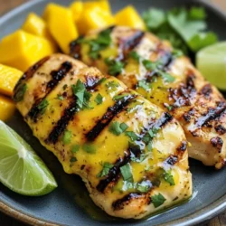 - 4 boneless, skinless chicken breasts - 1 ripe mango, pureed until smooth - 1/4 cup freshly squeezed lime juice - 2 tablespoons honey - 1 tablespoon extra-virgin olive oil - 2 cloves of garlic, finely minced - 1 teaspoon ground cumin - 1/2 teaspoon chili powder - Salt and freshly cracked black pepper to taste - Fresh cilantro, chopped (for vibrant garnish) Gather these simple ingredients to make a delightful meal. The chicken breasts are the star. They are tender and juicy. The ripe mango adds sweetness. Lime juice gives it a tangy taste. Honey adds a hint of caramel. Extra-virgin olive oil keeps the chicken moist. For seasoning, garlic packs a punch. Ground cumin brings warmth. Chili powder adds just a bit of heat. Adjust the salt and pepper to your liking. This mix makes the chicken flavorful and bright. Don&rsquo;t forget the garnish! Fresh cilantro adds color and fresh flavor. It makes the dish pop on the plate. With these ingredients, you can create a delicious and easy meal that everyone will love. {{ingredient_image_2}} To make the marinade, start by mixing the following ingredients in a medium bowl: - 1 ripe mango, pureed until smooth - 1/4 cup freshly squeezed lime juice - 2 tablespoons honey - 1 tablespoon extra-virgin olive oil - 2 cloves of garlic, finely minced - 1 teaspoon ground cumin - 1/2 teaspoon chili powder - Salt and freshly cracked black pepper to taste Whisk these together until smooth. The mango gives a sweet taste, and the lime adds zest. This mix is key for flavor. Next, take 4 boneless, skinless chicken breasts and place them in a large resealable bag. Pour the marinade over the chicken. Make sure each piece is well-coated. Seal the bag tightly. You can also use a shallow glass dish. Refrigerate the chicken for at least 1 hour. For best results, let it sit for up to 4 hours. This time helps the chicken absorb all the flavors. When you&rsquo;re ready to cook, preheat your grill to medium-high heat, around 375&deg;F to 400&deg;F. Remove the chicken from the marinade. Let any excess drip off. Discard the leftover marinade for safety. Place the chicken on the grill. Cook for 6 to 7 minutes on each side. Use a meat thermometer to ensure it reaches an internal temperature of 165&deg;F. The chicken should have nice grill marks and look golden. Once cooked, let the chicken rest for about 5 minutes on a cutting board. This step keeps the juices in the chicken, making it moist. After resting, slice the chicken into strips. Add freshly chopped cilantro on top for a burst of flavor and color. To get the best flavor, marinate the chicken for at least 1 hour. If you have time, let it sit for up to 4 hours. This extra time helps the chicken absorb the mango and lime flavors. For more taste, consider adding a splash of soy sauce or a bit of grated ginger. Both can enhance the flavor profile and make it even more delicious. For even cooking, keep the grill at a steady medium-high heat, around 375&deg;F to 400&deg;F. Use a meat thermometer to check the chicken's internal temperature, which should be 165&deg;F. To get those perfect grill marks, place the chicken on the grill and avoid moving it for 6 to 7 minutes on each side. This allows the grill to do its magic. To make your dish pop, slice the grilled chicken and arrange it on a big, colorful platter. Add lime wedges and mango slices around it. This not only looks good but also adds extra flavor. For sides, consider serving jasmine rice or a fresh salad. These options balance the sweetness of the mango and lime and make your meal complete. Pro Tips Marination Time: The longer you marinate the chicken, the more flavorful it will be. Aim for at least 4 hours for the best results. Grill Temperature: Ensure your grill is preheated to the right temperature (375&deg;F to 400&deg;F) to achieve perfect grill marks and a juicy interior. Resting Period: Let the chicken rest for 5 minutes after grilling to allow the juices to redistribute, ensuring a tender bite. Serving Suggestions: Pair the grilled chicken with a fresh salad or serve it with coconut rice for a tropical twist. {{image_4}} You can change the taste of your mango lime grilled chicken by adding spices. Smoked paprika gives a nice smoky flavor. Coriander adds a fresh twist. You can also swap the mango puree with other fruit purees. Pineapple adds sweetness, while papaya offers a creamy texture. Experiment with these options to find your favorite taste! If you want a different way to cook, try oven-baking. Preheat your oven to 400&deg;F (200&deg;C). Place the marinated chicken on a baking sheet. Bake for 20-25 minutes, flipping halfway through. This method keeps the chicken juicy and tender. You can also saut&eacute; the chicken in a skillet. Heat a tablespoon of oil over medium heat. Cook the chicken for 6-7 minutes per side, until golden brown. For gluten-free options, check your honey and spices. Most are naturally gluten-free. You can also make this dish low-calorie. Use less honey or substitute with a low-calorie sweetener. If you have allergies, be careful with spices. Always read labels and adjust based on your needs. Make the recipe safe and tasty for everyone! To keep your leftover Mango Lime Grilled Chicken fresh, store it in an airtight container. Make sure it cools down to room temperature first. Place it in the fridge and eat it within three days for the best taste. If you have leftover marinade, discard it. Never reuse marinade that has touched raw chicken. If you want to save some grilled chicken for later, freezing is a good option. Wrap each chicken piece tightly in plastic wrap, then place them in a freezer-safe bag. This prevents freezer burn. You can freeze the chicken for up to three months. For the marinade, you can freeze it before using. Just make sure to thaw it in the fridge overnight before marinating new chicken. To reheat your grilled chicken and keep it moist, use the oven. Preheat it to 350&deg;F (175&deg;C). Place the chicken in a baking dish and cover it with foil. Bake for about 15 minutes. You can also use the microwave, but be careful. Heat it in short bursts, checking often so it doesn&rsquo;t dry out. Enjoy your flavorful chicken warm! You can marinate the chicken for 1 to 4 hours. One hour gives a nice flavor. If you have time, four hours offers the best taste. The longer marination helps the chicken soak in all the mango and lime goodness. Just remember to not exceed four hours. Beyond that, the chicken can start to become too soft. Yes, you can use this mango lime marinade on other meats. It works well with pork and shrimp. The sweet and tangy flavor enhances these proteins beautifully. If you're using pork, choose tender cuts like pork loin. For shrimp, peel and devein them before marinating. Just adjust the marination time. Shrimp only need about 30 minutes, while pork can go for 2 to 4 hours. Many sides pair nicely with this dish. Here are some popular choices: - Rice: Coconut or jasmine rice adds a nice touch. - Salad: A fresh green salad with lime vinaigrette complements the chicken well. - Vegetables: Grilled veggies like zucchini or bell peppers also work great. - Beans: Black beans or refried beans add a hearty element. - Corn: Corn on the cob or corn salad offers a sweet crunch. Feel free to mix and match! These sides will make your meal colorful and tasty. This blog post outlined how to create a flavorful Mango Lime Grilled Chicken. We covered the key ingredients, simple marinade steps, and grilling techniques. You learned about variations and how to store your leftovers. In conclusion, this dish is both tasty and easy to make. Use the tips for perfect grilling and feel free to get creative. You can enjoy this meal again and again while impressing friends and family. Happy cooking!
