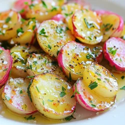 You start with 1 pound of fresh radishes. Choose radishes that are firm and bright in color. Halve them to help them cook evenly and soak up flavors. The essential seasonings bring this dish to life. You need: - 4 tablespoons unsalted butter, cut into pieces - 3 cloves garlic, finely minced - 1 tablespoon fresh rosemary, finely chopped - 1 teaspoon sea salt - 1/2 teaspoon freshly ground black pepper - 1 teaspoon lemon zest Melt the butter and mix in the garlic. Garlic adds a rich aroma and taste. The rosemary gives a fresh herbal note. The sea salt and black pepper balance the flavors. Lemon zest brightens the dish, adding a hint of citrus. For a touch of color, add fresh parsley. Chopped parsley makes the dish look vibrant. It also adds a fresh taste that contrasts with the roasted radishes. You can sprinkle it right before serving for the best effect. {{ingredient_image_2}} Start by preheating your oven to 425&deg;F (220&deg;C). This high heat helps the radishes roast nicely. Next, melt 4 tablespoons of unsalted butter in a small saucepan over low heat. Once melted, add 3 finely minced garlic cloves. Stir constantly for about 1 minute until you smell the garlic. Don't let it brown! Remove it from the heat. Now mix in 1 tablespoon of finely chopped fresh rosemary, 1 teaspoon of sea salt, 1/2 teaspoon of black pepper, and 1 teaspoon of lemon zest. This blend gives a bright flavor to the dish. In a large mixing bowl, place 1 pound of halved fresh radishes. Pour the garlic butter mixture over the radishes. Make sure they are all well coated. Toss them gently but thoroughly. Line a baking sheet with parchment paper. This step keeps the radishes from sticking. Spread the coated radishes in a single layer on the baking sheet. Leave some space between them for even roasting. Roast the radishes in the oven for 20-25 minutes. Halfway through, stir them to make sure they cook evenly. Look for a nice golden color on the radishes. Once roasted, take the radishes out of the oven and let them cool for a few minutes. This short wait helps enhance their flavor. Transfer the radishes to a serving dish and garnish with finely chopped fresh parsley. This adds a nice touch of color and freshness. Enjoy this tasty side dish with your main meal! To make garlic butter roasted radishes even tastier, you can add more herbs. Try using thyme or oregano for a unique twist. You can also use different types of salt, like garlic salt or smoked salt. This adds a new layer of taste. A splash of balsamic vinegar before serving can brighten the dish. Just a little will do. Roasting radishes at the right temperature is key. Preheat your oven to 425&deg;F (220&deg;C). This helps them cook evenly and develop a nice crust. Make sure to spread the radishes in a single layer. This allows hot air to circulate around them. Stir them halfway through roasting for even cooking. Keep an eye on them to avoid burning. Garlic butter roasted radishes pair well with many main dishes. They go great with grilled chicken or fish. You can also serve them beside steak for a hearty meal. If you're having a meatless night, try them with quinoa or a fresh salad. They add color and flavor to any plate. Pro Tips Choose Fresh Radishes: Select firm, vibrant radishes for the best flavor and texture. Experiment with Herbs: Feel free to substitute or add other herbs like thyme or dill for a different flavor profile. Adjust Roasting Time: Depending on the size of your radish halves, you may need to adjust the roasting time for perfect tenderness. Serve Warm: For the best experience, enjoy these roasted radishes warm right out of the oven. {{image_4}} You can easily change the flavor of roasted radishes. Try adding cumin or paprika for warmth. Both spices bring a nice twist. You can also mix in fresh herbs like thyme or dill. These herbs add a fresh taste. Experiment with different spices to find your favorite blend. If you want a lighter dish, swap the butter for olive oil. Olive oil gives a nice flavor while cutting fat. Use about half the amount of oil compared to butter. You still get a rich taste without the extra calories. You can also use a butter substitute for a creamy finish. Get creative with your radish recipe! Instead of radishes, you can use baby carrots or turnips. These veggies roast well and have a sweet taste. You can also try garlic powder if you don't have fresh garlic. Adjust the amounts to keep the flavor strong. Adding lemon juice instead of zest can brighten the dish, too. You can store leftover garlic butter roasted radishes in an airtight container. Keep them in the fridge for up to three days. Make sure they cool down before sealing. This helps preserve their texture and flavor. To reheat, place the radishes in a skillet over medium heat. Add a splash of water or a bit of butter to keep them moist. Stir them for about five minutes until warmed through. You can also microwave them for one to two minutes. Just cover them to keep moisture in. You can freeze garlic butter roasted radishes, but their texture may change. Allow them to cool completely, then place them in a freezer bag. Remove as much air as possible. They can stay in the freezer for up to three months. When ready to eat, thaw overnight in the fridge before reheating. Yes, you can swap radishes for other root veggies. Carrots, turnips, or parsnips work well. They all add great taste and texture. Just cut them to a similar size as radishes for even cooking. To make this dish vegan, just replace the butter with plant-based butter. You can also use olive oil for a lighter touch. The garlic and herbs will still give you amazing flavor. Garlic butter roasted radishes pair well with many dishes. Try serving them with grilled chicken, steak, or fish. They also go well with a fresh salad or creamy mashed potatoes. Radishes are done roasting when they become tender and golden. You can test their doneness by poking them with a fork. If they slide in easily, they are ready to enjoy! You learned valuable steps to make Garlic Butter Roasted Radishes. We covered ingredients, cooking tips, and ways to store leftovers. Remember, you can try different herbs or veggies for a unique twist. Roasting radishes unlocks great flavors and makes a tasty dish. Keep these ideas in mind as you cook. Enjoy your time in the kitchen and share your tasty results!