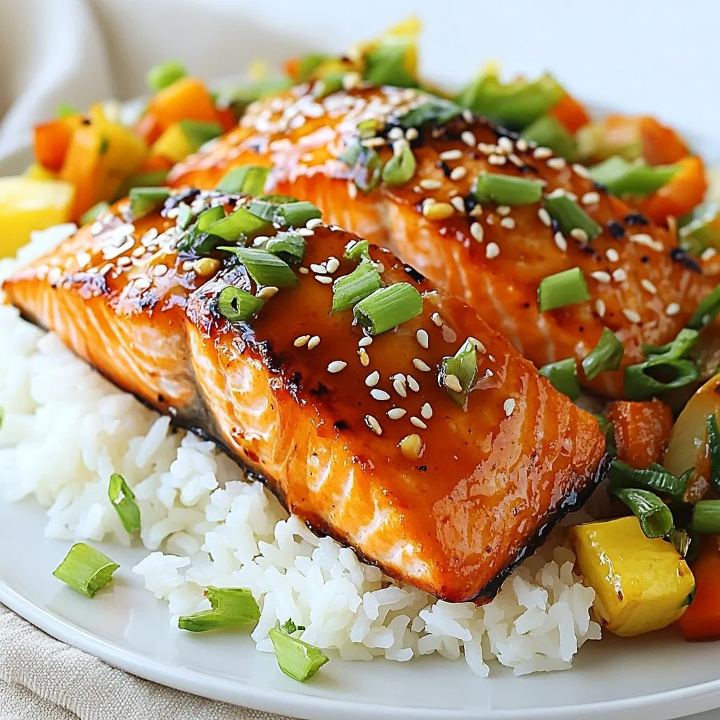 - 4 salmon fillets (about 6 oz each) - 1/4 cup low-sodium soy sauce - 1/4 cup honey - 2 tablespoons rice vinegar - 1 tablespoon sesame oil - 2 cloves garlic, finely minced - 1 teaspoon fresh ginger, freshly grated - 1 tablespoon sesame seeds (for garnish) - 2 green onions, finely chopped (for garnish) - Salt and freshly ground black pepper to taste For this Honey Soy Glazed Salmon, you need fresh salmon fillets. Look for vibrant color and firmness. The soy sauce adds saltiness, while honey brings sweetness. Rice vinegar gives a nice tang. Sesame oil adds a rich, nutty flavor. Garlic and ginger enhance the taste with their bold notes. Sesame seeds and green onions serve as great garnishes. They add crunch and color to the dish. Don't forget to season with salt and black pepper to balance the flavors. Gather all these ingredients before you start cooking. This way, you will have everything ready for a smooth cooking process. {{ingredient_image_2}} To start, gather your ingredients. In a medium bowl, combine: - 1/4 cup low-sodium soy sauce - 1/4 cup honey - 2 tablespoons rice vinegar - 1 tablespoon sesame oil - 2 cloves garlic, finely minced - 1 teaspoon fresh ginger, freshly grated Whisk these ingredients together until smooth. This marinade brings a sweet and salty flavor to your salmon. Next, place your salmon fillets in a shallow dish or a resealable plastic bag. Pour the marinade over the fillets. Make sure each piece is well-coated. Cover the dish or seal the bag. Let it marinate in the fridge for at least 30 minutes. For the best flavor, aim for 1-2 hours. You can cook your salmon by grilling or using a skillet. Preheat your grill or skillet on medium-high heat. - If grilling, place the salmon skin-side down. Cook for about 4-5 minutes per side. The internal temperature should reach 145°F. - If using a skillet, add a splash of oil. Sear the salmon for about 4-5 minutes on each side. Check for doneness by seeing if the flesh flakes easily with a fork. Take the leftover marinade and pour it into a small saucepan. Bring it to a boil over medium heat. Then, reduce the heat and let it simmer for about 5 minutes. The marinade will thicken slightly. This glaze adds a rich flavor to your salmon. Once cooked, drizzle the thickened glaze over each salmon fillet. For a nice touch, sprinkle sesame seeds and chopped green onions on top. You can serve the salmon on a bed of steamed jasmine rice or quinoa. Pair it with colorful sautéed vegetables. This makes for an inviting plate. When picking salmon, look for fresh fillets. I love using Atlantic or Sockeye salmon. They have rich flavor and good texture. Freshness is key. Check for bright, shiny skin. It should not smell fishy. Look for clear eyes and firm flesh that bounces back when pressed. You can grill or cook salmon on the stovetop. Grilling gives a nice smoky flavor. It also creates pretty grill marks. Cooking on the stovetop is easier for beginners and keeps moisture in. Be careful not to overcook it. Salmon cooks fast. Aim for an internal temperature of 145°F. The fish should easily flake with a fork when done. To amp up the taste, add herbs like cilantro or basil. You can also try spices like paprika or black pepper. Serve your salmon with sides like jasmine rice or sautéed veggies. They add color and balance the sweet glaze. Try some steamed broccoli or a fresh salad for extra crunch! Pro Tips Marinate Longer for More Flavor: If time permits, marinating the salmon for 1-2 hours allows the flavors to penetrate deeper, resulting in a more flavorful dish. Monitor Cooking Temperature: Use a meat thermometer to ensure the salmon reaches an internal temperature of 145°F for perfectly cooked fish. Thicken the Glaze: Simmer the reserved marinade until it thickens to create a rich glaze that clings beautifully to the salmon. Presentation Matters: Serve the salmon on a bed of rice or quinoa and garnish with green onions and sesame seeds for an attractive and appetizing presentation. {{image_4}} You can swap honey for maple syrup or agave. Each option brings a unique flavor. Maple syrup adds a rich, earthy taste. Agave gives a mild sweetness. Both options work well. Just keep the same amount as honey. This change can help if you want to avoid certain sugars. Want to kick up the flavor? Add citrus! Lime or orange juice brightens the dish. Just a splash can balance the sweetness. You could also add heat. A sprinkle of chili flakes gives a nice kick. Adjust the amount based on your spice level. These additions make the dish fun and fresh. If you need gluten-free options, use tamari instead of soy sauce. It has a similar taste and works great. For low-sodium variations, choose low-sodium soy sauce. This helps cut down on salt without losing flavor. These tips ensure everyone can enjoy this tasty salmon dish. Store leftover Honey Soy Glazed Salmon in an airtight container. Keep it in the fridge. The optimal storage temperature is below 40°F. This dish stays fresh for up to three days. After that, the flavor and texture may decline. To freeze salmon, wrap each fillet tightly in plastic wrap. Place them in a freezer bag or container. Make sure to remove as much air as possible. This helps prevent freezer burn. Frozen salmon keeps well for up to three months. When you’re ready to eat, thaw it in the fridge overnight. You can also use the microwave on a low setting for quicker thawing. Reheat the salmon gently to keep it moist. Use an oven set to 275°F for the best results. Place the salmon on a baking sheet and cover it with foil. Heat it for about 10-15 minutes until warmed through. You can also reheat it in a skillet over low heat. Avoid high heat to keep the texture nice and flaky. You should marinate salmon for at least 30 minutes. For best flavor, let it sit for 1-2 hours. This gives the salmon enough time to soak up the tasty marinade. Yes, you can use other fish like trout or tilapia. These fish will also soak up the honey soy flavors well. Keep in mind that cooking times may vary based on the thickness of the fish. I like serving this salmon with steamed jasmine rice or quinoa. You can also add sautéed veggies for color and nutrition. Broccoli or snap peas work great as sides. To thicken the glaze, simmer the reserved marinade longer. Bring it to a boil first, then lower the heat. Cook it until it reduces and coats the back of a spoon. This makes the glaze rich and sticky. Yes, Honey Soy Glazed Salmon is a healthy choice. Salmon is full of omega-3 fatty acids, which are good for your heart. The honey adds natural sweetness, while the soy sauce provides flavor without too many calories. By following this guide, you've learned to create a delicious Honey Soy Glazed Salmon. You know about the key ingredients, cooking methods, and ways to enhance flavors. Remember that freshness is key when choosing salmon. You can try different sweeteners or add spices for a twist. Finally, proper storage and reheating will keep your dish tasty. Enjoy your cooking adventure and impress your friends with this simple yet scrumptious meal!