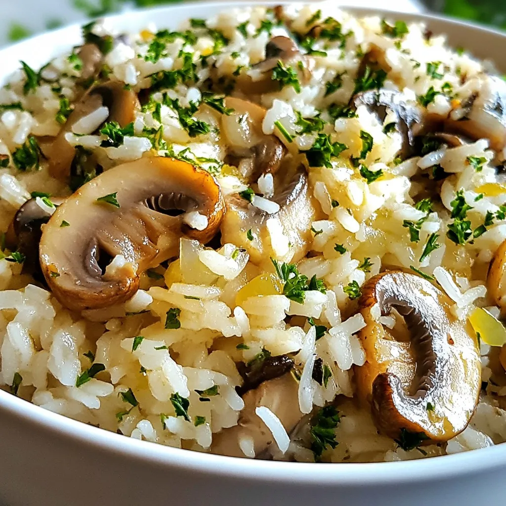 - 1 cup jasmine rice - 2 cups vegetable broth - 1 cup mushrooms (cremini or button), sliced - 4 tablespoons unsalted butter, divided - 4 cloves garlic, minced - 1 medium onion, finely chopped - 1 teaspoon fresh thyme leaves (or ½ teaspoon dried thyme) - 1 teaspoon salt (adjust to taste) - ½ teaspoon black pepper - 2 tablespoons freshly chopped parsley (for garnish) - Jasmine rice: This rice has a lovely aroma and a soft texture. It cooks fluffy and pairs well with the garlic butter and mushrooms. - Vegetable broth: Use a good quality broth. It adds depth to the dish. You can also make your own for the best flavor. - Mushrooms: Cremini or button mushrooms work well. They give a rich, earthy flavor. Slicing them allows them to cook evenly and absorb the flavors better. - Unsalted butter: This gives a rich taste. You can adjust the salt later, so unsalted is best. - Garlic: Fresh garlic adds a strong flavor. Mince it well to release its oils. - Onion: A finely chopped onion brings sweetness to the dish. Cook it until soft for the best taste. - Thyme: Fresh thyme gives a great herbal note. Dried thyme can work too, but fresh is best for flavor. - Salt and black pepper: These are essential for seasoning. Adjust them based on your taste. - Parsley: Fresh parsley adds color and a fresh taste to the dish. It’s the perfect finishing touch. - Rice: You can use long-grain rice or basmati rice, but the cooking time may vary. Adjust as needed. - Broth: If you need a gluten-free option, choose a certified gluten-free vegetable broth. - Mushrooms: For a different flavor, try using shiitake or portobello mushrooms. - Butter: To make this vegan, use a plant-based butter or olive oil instead. - Allergies: If you have a garlic allergy, you could try using shallots or leeks for flavor, but they will change the dish's taste. Always check labels for pre-made items like broth for allergens. {{ingredient_image_2}} First, gather all your ingredients. You will need: - 1 cup jasmine rice - 2 cups vegetable broth - 1 cup mushrooms (cremini or button), sliced - 4 tablespoons unsalted butter, divided - 4 cloves garlic, minced - 1 medium onion, finely chopped - 1 teaspoon fresh thyme leaves (or ½ teaspoon dried thyme) - 1 teaspoon salt (adjust to taste) - ½ teaspoon black pepper - 2 tablespoons freshly chopped parsley (for garnish) Rinse the jasmine rice under cold water. This step is key. It removes extra starch. Rinsing helps the rice cook fluffy. When the water runs clear, you’re ready to move on. In a medium saucepan, melt 2 tablespoons of butter over medium heat. Once melted, add the finely chopped onion. Sauté it for about 4-5 minutes. You want the onions soft and clear. Add the minced garlic next. Stir it for about 1 minute. Keep an eye on it. Burnt garlic can ruin your dish. Now, add the sliced mushrooms. Toss in the fresh thyme, salt, and black pepper. Cook this mixture for about 6-8 minutes. Stir occasionally. The mushrooms should be soft and most of their moisture should evaporate. Add the rinsed jasmine rice to the pan. Stir gently to coat each grain in the butter and flavors. Carefully pour in the vegetable broth. Bring everything to a boil. Once boiling, lower the heat to low. Cover the saucepan and let it simmer for 15 minutes. This allows the rice to absorb all the liquid. After 15 minutes, remove the pan from heat but keep it covered. Let it sit for another 5 minutes. This steaming step helps make the rice fluffy. Use a fork to fluff the rice gently. Finally, stir in the remaining 2 tablespoons of butter. Let it melt and mix in. Sprinkle the dish with fresh parsley for a bright finish before serving. To make fluffy rice, start by rinsing jasmine rice in cold water. This step washes away extra starch. Extra starch can make rice sticky. Rinse until the water runs clear. After rinsing, soak the rice for 30 minutes for better texture. When cooking, use the right rice-to-broth ratio. For this recipe, it’s 1 cup of rice to 2 cups of vegetable broth. Bring the broth to a boil before adding the rice. Once boiling, lower the heat and cover the pot. Let it simmer for 15 minutes, then let it sit for 5 minutes before fluffing. This method traps steam and keeps the rice light. You can boost the taste of Garlic Butter Mushroom Rice easily. Consider adding a splash of soy sauce or a squeeze of lemon juice. Both add depth and brightness. For a creamy touch, stir in a little cream cheese or sour cream. You can also add peas or spinach for color and nutrients. Fresh herbs like basil or chives can brighten the dish. If you like heat, toss in some red pepper flakes or a dash of hot sauce. Each of these options gives the dish a unique twist. Avoid these common mistakes when making this dish. First, do not skip rinsing the rice. Skipping this step leads to sticky rice. Second, watch the garlic closely while cooking. Garlic burns easily and can ruin the dish. Third, do not rush the simmering process. Allow the rice to absorb all the broth fully. Lastly, remember to let the rice sit after cooking. This step makes it fluffier. By avoiding these mistakes, you will create a perfect side dish every time. Pro Tips Rinse Your Rice: Rinsing the rice until the water runs clear eliminates excess starch, preventing the rice from becoming gummy during cooking. Watch the Garlic: Garlic can burn quickly; be vigilant while sautéing it to ensure it stays golden and aromatic without turning bitter. Let It Steam: After cooking, letting the rice sit covered for a few minutes allows it to steam, resulting in a fluffier texture. Garnish for Flavor: Fresh parsley not only adds a pop of color but also enhances the dish's flavor profile with its bright, herbal notes. {{image_4}} You can boost the protein in Garlic Butter Mushroom Rice easily. Try adding cooked chicken, shrimp, or tofu. Dice your choice into small pieces. Sauté them with the onions and garlic to infuse flavor. This step makes your dish heartier and more filling. While jasmine rice gives a nice flavor, you can switch it up. Arborio rice or basmati rice work well too. Arborio adds creaminess, while basmati has a nutty taste. Adjust the cooking time based on the rice you choose. Always rinse the rice to remove extra starch. This tip keeps the texture light and fluffy. You can change the taste by using different herbs and spices. Try rosemary or basil for a fresh twist. A pinch of red pepper flakes adds heat. You can also add a splash of soy sauce for depth. Each option opens new doors to flavor. Experiment to find your favorite mix! To keep your Garlic Butter Mushroom Rice fresh, store it in an airtight container. This prevents moisture loss and keeps flavors intact. Allow the rice to cool to room temperature before sealing the container. You can store it in the fridge for up to four days. If you see any signs of spoilage, such as an off smell or texture, discard it. If you want to save your Garlic Butter Mushroom Rice for later, freezing works well. First, let the rice cool completely. Then, portion it into freezer-safe bags or containers. Remove as much air as possible to avoid freezer burn. You can freeze it for up to three months. Label your bags with the date for easy tracking. When you're ready to enjoy your rice again, reheating is easy. If it's frozen, first thaw it in the fridge overnight. For reheating, you can use a microwave or stovetop. If using a microwave, add a splash of vegetable broth or water to keep it moist. Heat in short bursts, stirring in between. On the stove, warm it in a pan over medium heat, adding broth as needed. Fluff with a fork before serving to restore its texture. You can serve Garlic Butter Mushroom Rice with many dishes. It goes well with grilled chicken, fish, or steak. You can also pair it with roasted vegetables or a fresh side salad. This rice dish adds flavor to any meal and works nicely as a filling side. Yes, you can use brown rice. However, you need to adjust the cooking time. Brown rice takes longer to cook than jasmine rice. It usually needs about 40-45 minutes to become tender. Make sure to use extra vegetable broth for flavor. Garlic Butter Mushroom Rice lasts about 3-4 days in the fridge. Store it in an airtight container to keep it fresh. If you want to save it longer, consider freezing it. It can last for up to 2 months in the freezer. This blog post covers all you need for Garlic Butter Mushroom Rice. We explored the ingredients, from required items to substitutions. You learned step-by-step how to prep, cook, and complete your dish. I shared tips to make fluffy rice and avoid common mistakes. We discussed variations, including protein choices and flavor options. Lastly, we reviewed storage practices to keep your rice fresh. Cooking this dish is easy and rewarding. Enjoy great meals with simple steps!