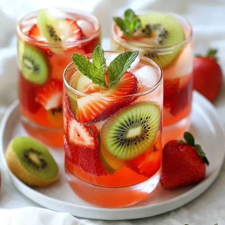 To make a great Strawberry Kiwi Agua Fresca, you need fresh fruits. Here’s what you’ll need: - 2 cups fresh strawberries, hulled and sliced - 3 ripe kiwis, peeled and roughly chopped - 4 cups cold water - Juice of 1 fresh lime These ingredients create a bright and fruity drink. Fresh strawberries add sweetness. Ripe kiwis bring a tangy kick. The lime juice adds a zesty flavor that elevates the drink. Sweeteners can enhance the taste. I suggest using: - 2 tablespoons agave syrup - Honey (to taste) Agave syrup is a great choice. It blends well without overpowering the fruits. Honey is a delicious alternative too. You can adjust the sweetness to suit your taste. Garnishing adds flair to your drink. Consider these options: - Fresh mint leaves - Ice cubes Mint leaves not only look pretty but also add a cool aroma. Ice cubes keep your drink chilled and refreshing. These small touches elevate the experience of your Strawberry Kiwi Agua Fresca. {{ingredient_image_2}} Start by gathering your fresh fruits. You need 2 cups of strawberries and 3 ripe kiwis. First, hull the strawberries and slice them. Then, peel the kiwis and chop them roughly. This helps them blend better. Fresh fruits give the best flavor. Now, put the strawberries and kiwis into a blender. Pour in 2 cups of cold water. Blend on high speed until it is smooth. Next, use a fine mesh sieve to strain the mixture into a large pitcher. This step is optional. If you like a thicker drink, skip straining. After straining, add the remaining 2 cups of cold water, 2 tablespoons of agave syrup, and the juice of 1 lime. Stir well to mix everything. Place the pitcher in the fridge for about 30 minutes. This chilling time helps the flavors blend. When ready to serve, fill glasses with ice cubes. Pour the chilled agua fresca over the ice. For a lovely touch, garnish each glass with fresh mint leaves. Enjoy your refreshing drink! To make your Strawberry Kiwi Agua Fresca just right, taste as you go. Start with 2 tablespoons of agave syrup. Blend it with your fruit and water. After mixing, taste the drink. If you want it sweeter, add more syrup or honey. Mix again and taste. This way, you control the sweetness. You can also use fresh fruit for natural sweetness. Fresh ingredients make this drink shine. Choose ripe strawberries and kiwis. They should smell sweet and look vibrant. Store fruits in the fridge until you are ready to use them. If you need to prep ahead of time, slice your fruits but keep them in an airtight container. This keeps them fresh for longer. If you have a party, you can prep this drink early. Blend the fruit and water, then strain it. Store the liquid in the fridge for up to 24 hours. When you’re ready to serve, add the sweetener, lime juice, and ice. This will keep your drink fresh and tasty. Plus, it saves time when guests arrive! Pro Tips Use Ripe Fruits: Make sure your strawberries and kiwis are perfectly ripe for the best flavor. Ripe fruits will provide natural sweetness and vibrant taste to your agua fresca. Adjust Sweetness: Everyone's taste preferences vary, so start with the recommended amount of agave syrup or honey and adjust according to your liking. Taste as you go for the perfect balance! Chill Before Serving: Allow your agua fresca to chill in the refrigerator for at least 30 minutes. This not only makes it refreshing but also helps the flavors to blend beautifully. Add a Twist: For an extra layer of flavor, consider adding a splash of coconut water or even a hint of ginger for a unique twist on this classic drink. {{image_4}} You can mix up your strawberry kiwi agua fresca in fun ways. Try adding fruits like mango, pineapple, or peach. Each fruit brings unique taste and sweetness. Blend them the same way as the strawberries and kiwis. You can also add a touch of cucumber for a cool twist. The options are endless! If you want to change the sweetener, try maple syrup or coconut sugar. These add different flavors to your drink. You can also use stevia for a sugar-free option. Always taste as you go. Adjust the sweetness to what you like best. This helps you create a drink that fits your taste. Herbs and spices can make your agua fresca special. Fresh mint or basil add a nice twist. Just muddle them gently before mixing. You can also try a hint of ginger for a spicy kick. Cinnamon can add warmth and depth too. Be creative and explore flavors that excite you! After you make this drink, you may have some left. To store your agua fresca, pour it into a clean, airtight container. This helps keep the drink fresh. Place the container in the fridge. It is best to drink it within a few days for the best taste. Strawberry kiwi agua fresca tastes best when fresh. If stored well, it can last about 3 to 5 days. The flavor may fade after that. To keep it tasty, avoid adding ice to the pitcher. Ice can dilute the flavor as it melts. Instead, add ice to your glass when serving. You can freeze agua fresca for later use. Pour it into ice cube trays or freezer-safe containers. This way, you can enjoy it even after a few weeks. When you want a drink, just thaw the cubes in the fridge. You can also blend frozen cubes into smoothies for a new twist! Agua fresca is a light, refreshing drink. It comes from Mexico. The name means “fresh water.” It mixes fruits, water, and sweeteners. You can use many fruits like strawberries, kiwis, and more. This drink is perfect for hot days. Yes, you can use frozen fruits. Frozen fruits work well in agua fresca. They give a nice chill to the drink. Just let them thaw a bit before blending. This helps them blend smoothly. The flavor stays great, but the texture may change slightly. To make a sugar-free version, skip the sweeteners. Use fresh fruits that are ripe and sweet. You can also add a splash of lemon or lime juice. This adds a tasty zing without any sugar. If you want extra sweetness, try using a sugar-free sweetener. Strawberry Kiwi Agua Fresca is a fun and tasty drink. We explored fresh ingredients, sweeteners, and ways to garnish. The simple steps make preparation easy. You can tweak sweetness to your taste and enjoy variations with herbs or spices. Remember to store leftovers correctly for the best flavor. In the end, this drink refreshes any day. Enjoy it at home or share with friends. You now have all the tools to make the perfect batch. Cheers to making delicious memories!