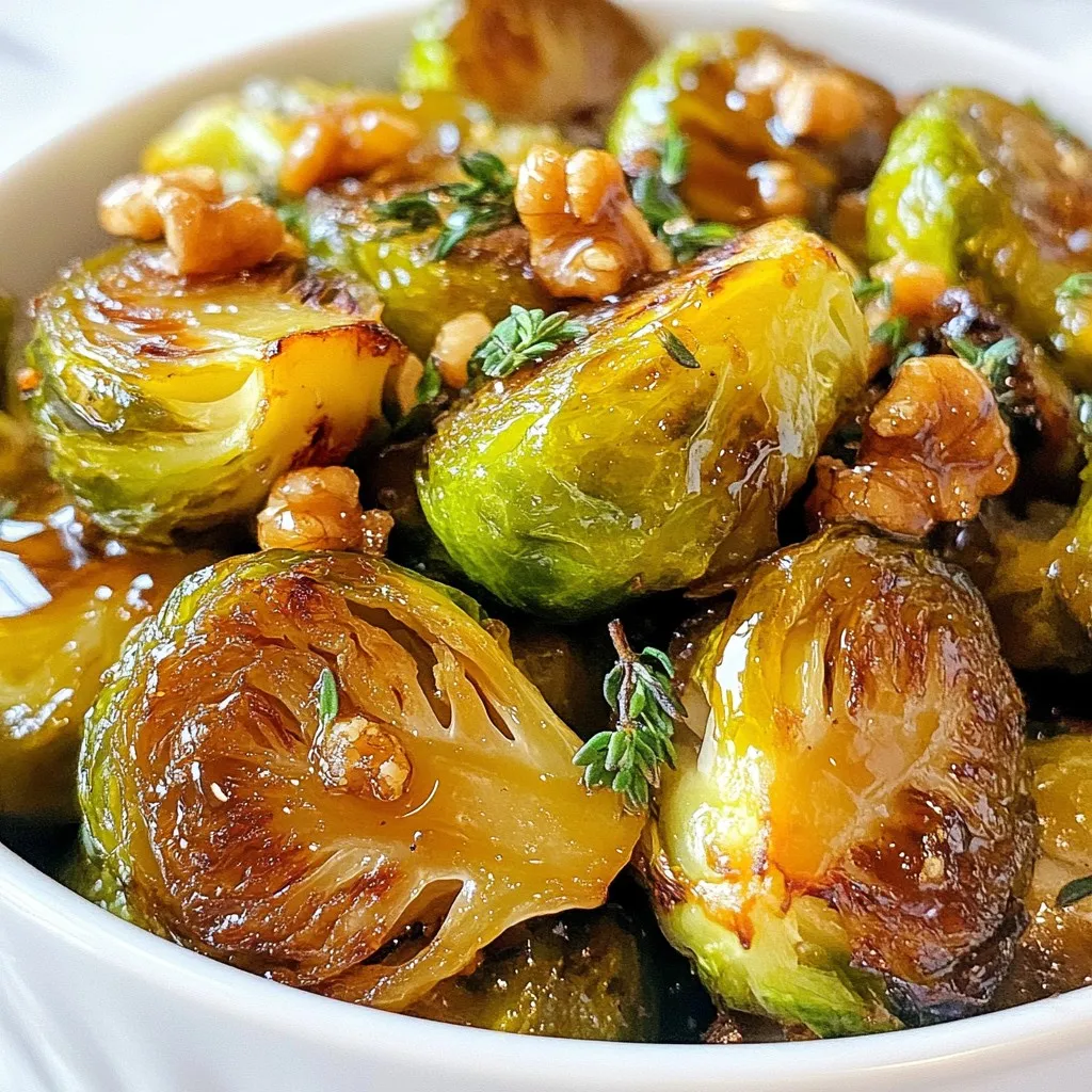 - 1 pound Brussels sprouts - 1/4 cup pure maple syrup - 2 tablespoons olive oil - 1 teaspoon balsamic vinegar - 1/2 teaspoon garlic powder - Salt and freshly ground black pepper - 1/4 cup chopped walnuts (optional) - 1 tablespoon fresh thyme leaves (optional) To create the best maple glazed Brussels sprouts, start with fresh ingredients. I love using 1 pound of Brussels sprouts. Trim and halve each sprout for even cooking. The sweet touch of 1/4 cup of pure maple syrup makes the dish shine. You’ll need 2 tablespoons of olive oil to coat the sprouts nicely and enhance their flavor. Add 1 teaspoon of balsamic vinegar to bring a light tang. A dash of 1/2 teaspoon garlic powder adds depth and warmth. Don’t forget salt and freshly ground black pepper. Adjust those to your taste. If you want extra crunch, toss in 1/4 cup of chopped walnuts. These nuts add a lovely texture. For a fresh herb note, sprinkle 1 tablespoon of fresh thyme leaves on top. This adds a fragrant touch to the dish. These simple ingredients combine to create a delightful side that is both tasty and easy to make. {{ingredient_image_2}} First, set your oven to 400°F (200°C). This high heat helps caramelize the Brussels sprouts, making them sweet and tasty. Next, take 1 pound of Brussels sprouts. Trim the ends off and cut them in half. This step is key to getting them cooked evenly. In a large bowl, mix together: - 2 tablespoons olive oil - 1/4 cup pure maple syrup - 1 teaspoon balsamic vinegar - 1/2 teaspoon garlic powder - Salt and freshly ground black pepper Add the halved Brussels sprouts to the bowl. Toss all the ingredients together until the sprouts are well-coated. Line a baking sheet with parchment paper. Spread the coated Brussels sprouts in a single layer on the sheet. Place it in the preheated oven. Roast for 20 to 25 minutes. Stir halfway to ensure even cooking. You want them to be caramelized and tender. If you want extra crunch, add 1/4 cup of chopped walnuts during the last 5 minutes of roasting. This gives a nice nutty flavor to the dish. When the Brussels sprouts are done, take them out of the oven. Sprinkle some fresh thyme over the top. This adds a lovely aroma and makes the dish look great. Enjoy your delicious maple glazed Brussels sprouts! To get caramelization, start with fresh Brussels sprouts. Trim and halve them evenly. This helps them cook at the same rate. Toss the sprouts in olive oil and maple syrup. The oil helps the sprouts brown, while the syrup adds sweetness. Roast them at 400°F (200°C) for 20 to 25 minutes. Stir halfway through to ensure even cooking. Look for a golden-brown color and a tender texture. You can easily change the flavors. Add spices like paprika or chili powder for heat. A pinch of cumin gives a warm, earthy taste. For a zestier touch, squeeze fresh lemon juice before serving. You can also mix in other seasonings like smoked salt for depth. If you like herbs, add rosemary or sage to the mix. This keeps your dish fresh and exciting. Serving is just as key as cooking. Use a rustic bowl or a large platter. This gives a warm, inviting feel. Garnish the sprouts with extra thyme leaves for color. You can also sprinkle some toasted walnuts on top for crunch. This adds texture and makes the dish visually appealing. A beautiful presentation makes your meal more enjoyable and fun! Pro Tips Choosing the Right Brussels Sprouts: Select Brussels sprouts that are firm and bright green for the best flavor and texture. Avoid any that are yellowing or have blemishes. Perfect Roasting Technique: Make sure to spread the Brussels sprouts in a single layer on the baking sheet. This allows them to roast evenly and achieve that desirable caramelization. Enhancing Flavor: For an extra layer of flavor, consider adding a pinch of red pepper flakes or a splash of lemon juice just before serving to brighten the dish. Storage Tips: Leftover roasted Brussels sprouts can be stored in an airtight container in the fridge for up to 3 days. Reheat them in the oven to restore their crispiness. {{image_4}} You can keep this dish plant-based by skipping the walnuts. Use more veggies like carrots or bell peppers for crunch. The maple syrup and balsamic vinegar add the sweet and tangy flavors you want. Adding dried cranberries or apples brings a nice sweet contrast. This adds color and texture. Try mixing them in just before serving. You can use fresh apples too, but add them halfway through roasting. This keeps them crisp. If you have nut allergies, skip the walnuts. Try using seeds instead, like pumpkin or sunflower seeds. They give a nice crunch without nuts. You can also add seeds on top during the last few minutes of roasting. To store your leftover maple glazed Brussels sprouts, first let them cool down. Place them in an airtight container. They will stay fresh in the fridge for up to four days. Make sure to keep them away from strong odors. This helps maintain their sweet maple flavor. When you are ready to enjoy your leftovers, you can reheat them in several ways. The best method is using the oven. Preheat it to 350°F (175°C). Spread the Brussels sprouts on a baking sheet. Heat them for about 10 minutes until warm. This keeps them crispy and delicious. You can also use the microwave. Place them in a microwave-safe dish and cover with a lid. Heat for about 1-2 minutes. Stir halfway to ensure even warming. If you want to freeze your Brussels sprouts, it’s easy! First, let them cool completely. Then, place them in a freezer-safe bag or container. Try to remove as much air as possible. They can last in the freezer for up to three months. When you are ready to eat them, thaw in the fridge overnight. Reheat them in the oven or microwave for the best taste and texture. Yes, you can prepare these sprouts ahead of time. - Trim and halve the Brussels sprouts. - Mix them with olive oil, maple syrup, balsamic vinegar, garlic powder, salt, and pepper. - Store the mixture in the fridge for up to 24 hours. When you’re ready, just roast them as directed. This saves time and makes your meal stress-free. These Brussels sprouts pair well with many dishes. - Try them with roasted chicken for a hearty meal. - They also go great with grilled salmon or pork chops. - Add some rice or quinoa for a complete plate. You can also serve them alongside mashed potatoes for a cozy dinner. Look for a few signs to check if they are done roasting. - They should be tender when you poke them with a fork. - The outside should be golden brown and slightly crispy. - If they smell sweet and nutty, they are likely ready to eat. Roast them for about 20 to 25 minutes for the best flavor and texture. This recipe for Maple Glazed Brussels Sprouts is simple and tasty. You learned how to prepare, roast, and serve them with fun variations. You can customize flavors and even store leftovers properly. Now, you can impress friends and family with your cooking skills. Enjoy every bite and feel proud of your delicious creation. Good luck, and happy cooking!