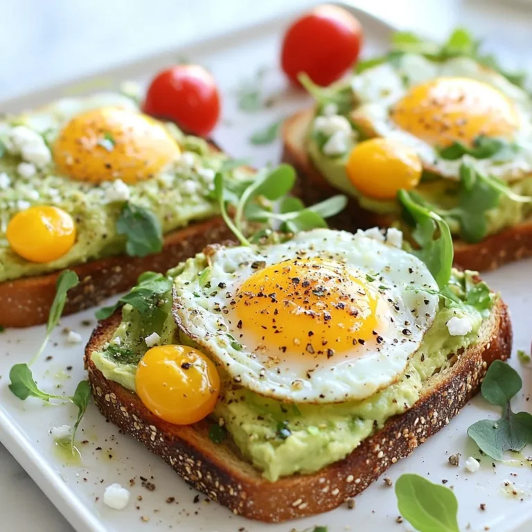 - 2 ripe avocados - 4 slices of whole-grain bread - 4 large eggs - 1 teaspoon chili flakes - 1 tablespoon extra-virgin olive oil - Salt and freshly ground black pepper to taste The main ingredients create a strong base for our toast. The ripe avocados give a creamy texture. Whole-grain bread adds crunch and fiber. The eggs provide protein. You can cook them in many ways, like sunny-side up or scrambled. Olive oil adds richness, while salt and pepper enhance the flavor. - Crumbled feta cheese - Thinly sliced radishes - Vibrant microgreens - Juicy cherry tomatoes, halved These optional toppings let you create your own twist on avocado egg toast. Feta cheese adds a salty kick. Radishes bring a fresh crunch. Microgreens offer a pop of color and flavor. Cherry tomatoes add sweetness and juiciness, making each bite exciting. Avocado egg toast is not just tasty; it's packed with nutrients. Each serving is rich in healthy fats, thanks to the avocados. Eggs provide high-quality protein. Whole-grain bread offers fiber and essential vitamins. This meal keeps you full and energized. With different toppings, you can boost vitamins and minerals even more. {{ingredient_image_2}} To start, slice each avocado in half. Carefully remove the pit using a spoon or knife. Scoop the green flesh into a mixing bowl. I like to mash the avocado with a fork until it’s smooth but still a bit chunky. This gives it great texture. Season with salt and freshly ground black pepper. This adds a nice flavor boost. Next, preheat your toaster or skillet. Toast the slices of whole-grain bread until they are golden brown and crispy. This step is key for a nice crunch. A good toast makes every bite delightful. Now, heat a non-stick skillet over medium heat. Add a tablespoon of extra-virgin olive oil and wait until it shimmers. Crack the eggs into the hot skillet. If you want sunny-side-up eggs, be gentle to keep the yolks whole. Cook them to your liking: sunny-side up, poached, or scrambled. Don’t forget to season with a bit of salt and pepper. Once the bread is toasted, spread the mashed avocado on each slice evenly. This creamy layer is the star of the dish. Now, it’s time to add the eggs. - For the Classically Delicious version, place one egg on top of the avocado. Add chili flakes and a pinch of salt for extra flavor. - For the Mediterranean Twist, sprinkle crumbled feta cheese and sliced cherry tomatoes on top. A drizzle of olive oil adds richness. - For the Garden Fresh style, finish with thinly sliced radishes and a handful of microgreens. This adds a nice crunch and color. Now you have a tasty breakfast ready to enjoy! To pick a ripe avocado, look for a dark green color. The skin should feel slightly soft when you press it gently. If it feels too hard, it is not ripe yet. Avoid avocados with large dark spots or wrinkles, as they may be overripe. If you find hard avocados, leave them at room temperature. They will ripen in a few days. To speed up the process, place them in a paper bag with bananas. This method works well! Cooking eggs just right is key to great avocado toast. You can choose from sunny-side up, poached, or scrambled eggs based on your taste. For sunny-side up, heat oil in a pan and crack in the eggs. Cook until the whites are set but yolks remain runny. For poached eggs, simmer water with a splash of vinegar, then gently slide in cracked eggs. Cook for about three minutes. Scrambled eggs should be whisked and cooked in a pan until fluffy and just set. Each method adds its own charm to your toast. You can jazz up your avocado toast with fun toppings. For a classic twist, add chili flakes for heat. If you love Mediterranean flavors, sprinkle crumbled feta and cherry tomatoes on top. For a fresh garden vibe, use thinly sliced radishes and microgreens. These toppings are not just pretty; they add flavor and nutrition. Mix and match to personalize your toast and impress your friends! Pro Tips Choose Ripe Avocados: Ensure your avocados are ripe for the creamiest texture. They should yield slightly to gentle pressure when squeezed. Season the Eggs: Don’t forget to season your eggs while cooking! A pinch of salt and pepper enhances their natural flavor significantly. Experiment with Toppings: Feel free to get creative with toppings! Try adding fresh herbs or your favorite hot sauce for an extra kick. Serve Immediately: For the best taste and texture, serve your avocado egg toasts right after assembling. They are best enjoyed fresh! {{image_4}} This is the simplest way to enjoy avocado toast. Start by mashing the ripe avocado and seasoning it with salt and pepper. Spread it generously on toasted whole-grain bread. Top it with a sunny-side-up egg. For added flavor, sprinkle chili flakes on top. This dish is creamy, crunchy, and full of taste. For a Mediterranean twist, follow the same steps as before. Spread the mashed avocado on the toast. Place a cooked egg on top. Next, add crumbled feta cheese and halved cherry tomatoes. Drizzle a bit of olive oil for extra flavor. This version has a nice mix of creamy, tangy, and fresh tastes. This version brings a garden's freshness to your plate. Start with the mashed avocado on your toast. Add your cooked egg, then top with thinly sliced radishes and a handful of microgreens. This adds a nice crunch and bright colors to your dish. It's a perfect way to boost your breakfast with fresh veggies. After making avocado egg toast, you might have some leftover ingredients. Store any mashed avocado in an airtight container. Press plastic wrap directly onto the surface to prevent browning. Refrigerate it and use it within one day. For leftover eggs, keep them in the fridge as well. You can store them whole or chopped. To keep ingredients fresh, buy ripe avocados but not overripe ones. Look for avocados that yield slightly to gentle pressure. Store them at room temperature until ripe. Then, place them in the fridge to slow down ripening. Whole-grain bread stays freshest in a cool, dry place. Use it within a week for the best taste. You can freeze avocado, but it's best to mash it first. Place the mashed avocado in a freezer-safe bag, remove air, and seal it tight. It will last up to three months. For eggs, you can freeze scrambled eggs. Whisk them, season lightly, and freeze in a safe container. Thaw them in the fridge before reheating. Yes, you can prep some of it ahead. You can mash the avocado and store it in the fridge. Use an airtight container to keep it fresh. Add a bit of lemon juice to slow browning. Toast the bread fresh when you are ready to eat. Cook the eggs right before serving for the best taste. Whole-grain bread is a great choice for avocado toast. It adds fiber and nutrients. You can also use sourdough for a chewy texture. Rye bread brings a unique flavor. Gluten-free options are available too, like almond or coconut flour bread. Choose what you love best! Adding extra eggs is an easy way to boost protein. Try using two eggs instead of one. You can also add cooked bacon or smoked salmon. Chopped nuts, like almonds, work well too. For a plant-based option, sprinkle on some hemp seeds. These make your meal more filling! Avocado egg toast is simple, tasty, and healthy. We covered key ingredients, like ripe avocados and fresh eggs. I shared step-by-step instructions to make it easy for you. You learned tips for selecting avocados and cooking eggs. Lastly, we explored fun variations and how to store leftovers. Don’t hesitate to try new toppings and flavors. Enjoy this great dish for breakfast or lunch!