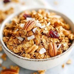 To make Maple Pecan Granola Clusters, you need the following: - 2 cups rolled oats - 1 cup pecans, roughly chopped - 1/2 cup unsweetened shredded coconut - 1/4 cup sunflower seeds - 1/4 cup pure maple syrup - 1/4 cup almond butter (or substitute with peanut butter) - 1 teaspoon vanilla extract - 1/2 teaspoon ground cinnamon - 1/4 teaspoon salt - 1/2 cup dried cranberries (or your preferred dried fruit) These ingredients come together to create a tasty, crunchy snack. You can easily change some of these ingredients. If you need a nut-free option, use sunflower butter instead of almond butter. For sweetness, try honey or agave syrup in place of maple syrup. Want to add flavor? Mix in a pinch of nutmeg or cardamom. If you love different nuts, swap out pecans for walnuts or almonds. You can also use other dried fruits like raisins or apricots. These swaps keep the recipe fun and flexible. Each serving of these Maple Pecan Granola Clusters offers great nutrition. The oats provide fiber, which helps digestion. Pecans add healthy fats, supporting heart health. Coconut brings in healthy fats too, while sunflower seeds offer protein and vitamin E. Dried cranberries add a touch of sweetness and antioxidants. This snack is not only delicious but also packed with nutrients. Enjoy it as a wholesome snack or breakfast option! {{ingredient_image_2}} First, preheat your oven to 325&deg;F (163&deg;C). This step is key for even cooking. Line a baking sheet with parchment paper. This makes it easy to remove the granola later. It also keeps your baking sheet clean. Next, grab a large mixing bowl. Add 2 cups of rolled oats. Then, toss in 1 cup of roughly chopped pecans. Add 1/2 cup of unsweetened shredded coconut and 1/4 cup of sunflower seeds. Stir all these dry ingredients together. Make sure they are mixed well. This helps each cluster have a good blend of flavors. Now, take another bowl. Whisk together 1/4 cup of pure maple syrup and 1/4 cup of almond butter. If you prefer, you can use peanut butter. Add 1 teaspoon of vanilla extract, 1/2 teaspoon of ground cinnamon, and 1/4 teaspoon of salt. Mix until the texture is smooth and all ingredients are combined. This mixture adds sweetness and flavor. Pour the wet mixture over the dry ingredients. Stir well until every piece is sticky and coated. This is important for forming clusters later. Once mixed, transfer the granola mixture onto the prepared baking sheet. Spread it evenly and press down firmly. Use your hands or a spatula to create clusters. The more you press, the better the clusters will hold together. Place the baking sheet in the preheated oven. Bake for 20-25 minutes. Halfway through, stir the granola gently. This helps it brown evenly. You want it to be golden brown when done. Once baked, remove the sheet and let it cool completely. The granola will harden more as it cools. After cooling, break it into clusters and fold in 1/2 cup of dried cranberries. Store your granola in an airtight container for up to two weeks. Enjoy your tasty snack! To get those lovely clusters, press the mixture down firmly on the baking sheet. This helps them stick together. When mixing, make sure every ingredient is coated with the wet mixture. This ensures the clusters form well during baking. You can add more flavors easily. Try adding a pinch of nutmeg for warmth. Chocolate chips can add sweetness and richness. You can also use different dried fruits, like raisins or apricots, for a fun twist. Do not skip cooling the granola on the baking sheet. It hardens as it cools. If you stir too much during baking, the clusters may break apart. Lastly, be careful not to overbake; watch for that golden brown color. Pro Tips Use Fresh Ingredients: Ensure that your nuts and seeds are fresh for the best flavor and texture. Stale ingredients can make your granola taste bland. Experiment with Sweeteners: While maple syrup gives a wonderful flavor, you can experiment with other sweeteners like honey or agave syrup for a different taste profile. Customize Your Mix-ins: Feel free to adjust the dried fruits and nuts based on your preferences. Try adding chocolate chips or different seeds for a unique twist! Storage Matters: For optimal freshness, store your granola clusters in the refrigerator during warm months to prevent them from becoming too soft. {{image_4}} You can change pecans for other nuts. Almonds, walnuts, or cashews work well. Each nut adds its unique taste and crunch. If you want a milder flavor, try hazelnuts. Mixing nuts can also boost nutrition. Aim for about 1 cup of nuts total. This flexibility means you can always find a nut you love. Maple syrup is tasty, but you can use other sweeteners. Honey or agave syrup can replace it. These sweeteners offer different flavors and sweetness levels. If you need a sugar-free option, try stevia or monk fruit. Remember to adjust amounts based on how sweet you want your clusters. Feel free to get creative by adding more ingredients. You can mix in seeds like pumpkin or chia seeds for extra health benefits. Dried fruit, such as apricots or raisins, adds sweetness and chewy texture. You could also add spices like nutmeg or ginger for a flavor twist. Just keep in mind to balance flavors and textures for the best results. To keep your Maple Pecan Granola Clusters fresh, use an airtight container. Glass jars work well, but plastic containers do too. Make sure the lid seals tightly. Store it in a cool, dry place, like a pantry. This helps maintain its crunch and flavor. Avoid exposing the granola to moisture. Dampness can make it soggy and spoil your tasty clusters. You can extend freshness by adding a few simple steps. First, let the granola cool completely before storing. This helps prevent condensation inside the container. Second, you can use silica gel packs. These absorb moisture and keep your granola crisp. Lastly, if you live in a humid area, store your granola in the fridge. It stays fresh longer in cooler temperatures. I love eating granola clusters in many ways. You can enjoy them plain as a snack. They also taste great with yogurt. Just add a dollop of yogurt in a bowl, then sprinkle clusters on top. For breakfast, serve granola with milk or non-dairy alternatives. You can add fresh fruit, like sliced bananas or berries, for extra flavor. Get creative and explore different combinations! Maple Pecan Granola Clusters stay fresh for up to two weeks. Store them in an airtight container. This keeps them crunchy and tasty. If stored correctly, they can last even longer. However, they may lose some crunch after a couple of weeks. Yes, you can make this recipe nut-free. Just replace the pecans and almond butter. Use seeds like pumpkin or sunflower instead. This way, you still get great texture and flavor. The clusters will still be delicious and satisfying. You can pair granola clusters with many things. They go well with yogurt or milk. You can also sprinkle them over oatmeal or smoothie bowls. For snacks, enjoy them on their own or with fresh fruit. They add a nice crunch and flavor boost to any meal. This post covered how to make tasty granola clusters with simple steps. You learned about the best ingredients, tips for success, and fun variations. Remember, perfecting your granola takes practice. Avoid common mistakes to make it even better. Store your clusters well for freshness. Enjoy them with yogurt or as a snack. Making granola is not just fun; it's rewarding. Now, you can create your healthy snacks and impress your friends. Happy baking!