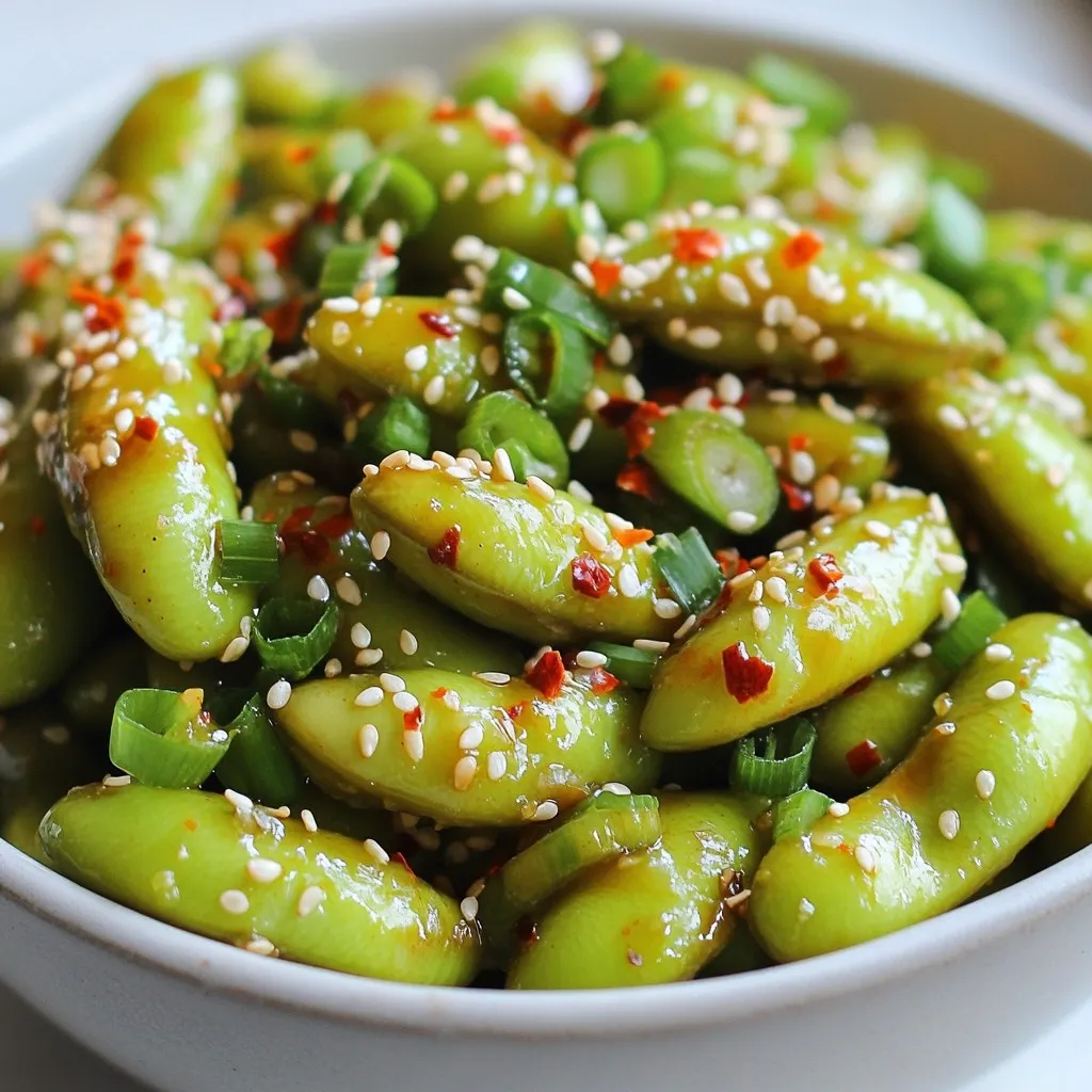 To make spicy garlic edamame, gather these key ingredients: - 1 pound edamame in pods (fresh or frozen) - 4 cloves garlic, finely minced - 2 tablespoons sesame oil - 1 tablespoon soy sauce - 1 teaspoon red pepper flakes (adjust according to your spice preference) - 1 tablespoon rice vinegar - Salt, to taste These ingredients combine to create a bold and tasty snack that is both simple and satisfying. You can enhance your dish with these garnishes and substitutes: - 1 teaspoon toasted sesame seeds (for garnish) - 2 green onions, finely sliced (for garnish) If you want a twist, try using lime juice instead of rice vinegar. You can also swap sesame oil with olive oil for a lighter flavor. Spicy garlic edamame is not only delicious but also nutritious. A typical serving of this dish provides: - High protein: Edamame is rich in plant-based protein. - Healthy fats: Sesame oil adds beneficial fats for heart health. - Fiber: Edamame is a good source of dietary fiber, aiding digestion. This snack is perfect for a healthy diet, giving you energy without excessive calories. {{ingredient_image_2}} To start, you need to cook the edamame. If you have frozen edamame, boil a large pot of water. Once it boils, add the edamame pods. Cook them for about 3 to 5 minutes. You want them to be tender but not mushy. If you use fresh edamame, steam or boil them for about 5 to 7 minutes. After cooking, drain the edamame and set them aside. Next, it’s time to bring out the garlic. In a large skillet, pour in the sesame oil. Heat it on medium until it’s hot. Add the finely minced garlic to the skillet. Sauté the garlic for 1 to 2 minutes. Stir it often. You want the garlic to be fragrant but not brown. Burnt garlic can taste bitter, and we want only the best flavor. Now, let’s mix everything together. Add the cooked edamame to the skillet. Then pour in the soy sauce, red pepper flakes, and rice vinegar. Use a spatula to gently toss the edamame with the sauce. Make sure every pod gets coated. Cook this mix for an extra 2 to 3 minutes. This allows the edamame to soak up all the delicious flavors. Once done, season with salt to taste. If you love heat, feel free to add more red pepper flakes. Finally, transfer your spicy garlic edamame to a serving bowl. Garnish with toasted sesame seeds and finely sliced green onions. This adds a fresh touch and looks great! To cook edamame well, you want them tender but not mushy. If you use frozen edamame, boil water in a big pot. Cook the edamame for 3 to 5 minutes. If fresh, steam or boil for 5 to 7 minutes. After cooking, drain them and set aside. This keeps them firm and tasty. Want it spicier? Add more red pepper flakes! Start with one teaspoon for a mild kick. If you want more heat, sprinkle in more until it’s just right. You can also mix in some chili oil for extra flavor. Taste as you go to find your perfect heat level. For serving, use a rustic bowl. It looks nice and feels cozy. Add toothpicks for easy snacking. Before serving, sprinkle extra sesame seeds on top. This adds a nice crunch and makes your dish pop. Garnish with green onions for freshness and color. Enjoy your tasty, colorful snack! Pro Tips Fresh vs. Frozen: Fresh edamame pods will have a sweeter taste and firmer texture compared to frozen ones. If possible, opt for fresh for the best flavor. Adjusting Spice Levels: If you want to control the heat, start with a small amount of red pepper flakes and add more gradually. Remember, you can always add more, but you can't take it out! Garlic Flavor: For a milder garlic flavor, sauté the garlic for a shorter time. If you prefer a stronger taste, let it cook a bit longer, but watch closely to avoid burning. Garnish Matters: Don't skip the garnishing step! Toasted sesame seeds and green onions not only enhance the visual appeal but also add a delightful crunch and freshness to the dish. {{image_4}} You can switch up the flavors in spicy garlic edamame. Try adding lime juice for a zesty kick. You can also add a splash of coconut aminos for a sweet touch. If you enjoy umami, sprinkle in some mushroom powder. For a fresh taste, mix in chopped cilantro or basil. These small changes can make a big difference. Feel free to experiment until you find your favorite combination! Spicy garlic edamame can be a star in many meals! Use it as a topping for rice bowls. Add it to salads for extra crunch and flavor. You can also mix it into stir-fries for added protein. Try it in a wrap or as a filling for sushi rolls. The options are endless! This dish adds a unique twist to any meal, making it both fun and tasty. This recipe is already vegan and gluten-free, which is great! Still, you can make adjustments based on your needs. If you want less sodium, use low-sodium soy sauce or tamari. For a nut-free version, skip the sesame oil and use olive oil instead. These small tweaks keep it healthy and delicious while fitting your dietary needs. Once you finish your spicy garlic edamame, store leftovers in an airtight container. This keeps the flavors fresh. Place the container in the fridge. Properly stored, it lasts about 3 to 4 days. If you want to enjoy it later, don’t forget to seal it well. To reheat your edamame, use a skillet or microwave. If using a skillet, add a splash of sesame oil. Heat over medium until warm, stirring often. This method keeps the flavors intact. If using a microwave, heat in short bursts. Stir every 30 seconds to ensure even warming. Avoid overheating, as it can change the texture. You can freeze spicy garlic edamame for longer storage. First, let it cool completely. Then, place it in a freezer-safe bag. Squeeze out excess air and seal tightly. It can stay frozen for up to 3 months. To thaw, move it to the fridge overnight. Heat it gently in a skillet to restore its tasty texture. Edamame are young soybeans still in their pods. They are green and soft. These beans pack a lot of nutrients. They are high in protein and fiber. Edamame is a great snack for any time. They help with muscle building and digestion. Plus, they contain vitamins like K and C. Eating edamame may support heart health too. You can use dried edamame, but it needs soaking. Dried beans take longer to cook. You should soak them overnight in water. After soaking, boil them until they are tender. This can take 30 minutes or more. Remember, using fresh or frozen pods is easier for quick snacks. You can prepare Spicy Garlic Edamame ahead of time. Cook the beans and mix them with the sauce. Let the mix cool, then store it in the fridge. When ready to serve, reheat the edamame in a skillet. Add a splash of sesame oil to freshen the flavor. Garnish before serving to make it look nice. You now know how to make spicy garlic edamame, from ingredients to serving tips. This dish is easy to make and full of flavor. Remember to adjust spice levels to fit your taste. You can also use alternate seasonings or create bowls for variety. Storing leftovers is simple and keeps the taste fresh. Now you can enjoy this healthy snack anytime. Make it your own and share it with friends!