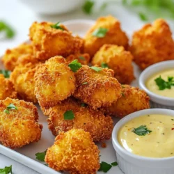 - 1 pound chicken breast, cut into bite-sized pieces - 1 cup dill pickle juice - 1 cup buttermilk The chicken breast is the star of this dish. I love using fresh chicken for the best flavor. Dill pickle juice adds a nice tang, making the chicken juicy and tasty. Buttermilk is key, too. It helps tenderize the chicken and adds creaminess. - 1 cup all-purpose flour - 1/2 cup cornstarch - 1 tablespoon powdered sugar - 1 teaspoon garlic powder - 1 teaspoon onion powder - 1 teaspoon paprika - 1 teaspoon black pepper - 1 teaspoon salt For the coating, all-purpose flour and cornstarch work together. They make the nuggets crunchy. The powdered sugar gives a slight sweetness. Garlic powder and onion powder add depth. Paprika, black pepper, and salt bring all the flavors together. - Vegetable oil for frying - Optional dipping sauces You need vegetable oil for frying the nuggets. Make sure you have enough to fully cover them. For dipping, choose your favorites. Ranch, honey mustard, or BBQ sauce pairs well with these nuggets. {{ingredient_image_2}} - Start by cutting the chicken breast into bite-sized pieces. - In a medium bowl, mix the chicken pieces with the dill pickle juice. - Cover the bowl and place it in the refrigerator. Let it marinate for at least 30 minutes. This helps the chicken soak up great flavor. - While the chicken marinates, gather another bowl for the coating. - Whisk together 1 cup of flour, 1/2 cup of cornstarch, 1 tablespoon of powdered sugar, and the spices: garlic powder, onion powder, paprika, black pepper, and salt. - Mix these dry ingredients well. This creates a tasty crunchy coating that sticks to the chicken. - Heat vegetable oil in a deep pan or fryer to 350&deg;F (175&deg;C). - Make sure you have enough oil to cover the nuggets while frying. - Once the chicken has marinated, take each piece and let the extra liquid drip off. - Coat each chicken piece in the flour mixture, ensuring it is fully covered. - Carefully place the coated nuggets into the hot oil. Fry in small batches, so they cook evenly. - Fry the nuggets for about 4-5 minutes. They should turn a golden brown and reach an internal temperature of 165&deg;F (74&deg;C). - Use a slotted spoon to transfer the nuggets to a paper towel-lined plate after frying. This helps drain any extra oil. - Repeat this process until all the chicken pieces are cooked. Optimal Marination Time For the best flavor, marinate the chicken for at least 30 minutes. This helps the meat soak up the dill pickle juice, which gives it a tangy kick. If you have time, let it sit for 1-2 hours. This extra time makes the chicken even more flavorful. Alternative Marinades You can use other liquids for marinating. Try yogurt or citrus juices for a twist. Each option adds unique flavors to your nuggets. Experiment to find your favorite! Importance of Dredging Technique The key to crispy nuggets is the dredging process. After soaking, remove each piece and let excess liquid drip off. Then, coat the chicken well in the flour mix. This layer is what gives the nuggets their crunch. Oil Temperature Tips Heat your oil to 350&deg;F (175&deg;C) for great results. Use a thermometer to keep track. If the oil is too hot, the nuggets may burn. Too cool, and they will soak up oil and become soggy. Maintain the temperature for the best crunch. Best Dipping Sauces Pair your nuggets with delicious dips. Ranch, honey mustard, and BBQ sauce are top picks. You can also try spicy sauces for some heat. These dips enhance the flavor and make your meal more fun. Presentation Ideas Make your nuggets look great by using a large platter. Arrange the nuggets in a circle, leaving space for dipping sauces. Add fresh parsley or dill around the edges to brighten the dish. A nice presentation makes the meal more inviting. Pro Tips Marinate for Maximum Flavor: Ensure the chicken is marinated for at least 30 minutes in dill pickle juice and another 30 in buttermilk for optimal flavor and tenderness. Maintain Oil Temperature: Use a thermometer to keep the oil temperature at around 350&deg;F (175&deg;C) to achieve that perfect crispy texture without burning. Don&rsquo;t Overcrowd the Pan: Fry the nuggets in small batches to prevent temperature drops in the oil and ensure even cooking and crispiness. Experiment with Seasonings: Feel free to customize the spice mix in the flour coating to suit your taste. Adding cayenne pepper or herbs can enhance the flavor profile even more. {{image_4}} You can add heat to the nuggets. Use spices like cayenne pepper or chili powder. Start with 1/2 teaspoon and adjust to your taste. Mix these spices into the flour and cornstarch. This will give your nuggets a nice kick. You can also serve them with spicy dipping sauce. If you want a healthier option, try baking the nuggets. Instead of frying, preheat your oven to 400&deg;F (200&deg;C). Line a baking sheet with parchment paper. After coating the chicken, place the nuggets on the sheet. Spray them lightly with cooking spray. Bake for 20-25 minutes. Flip halfway to ensure even crispness. For a gluten-free version, swap out the all-purpose flour. Use a gluten-free flour blend instead. You can also use almond flour or coconut flour. This keeps the crunch while being safe for those with gluten issues. Be sure to check the labels on your ingredients to avoid hidden gluten. To keep your leftover nuggets fresh, place them in an airtight container. Make sure they cool down first. Store them in the fridge for up to 3 days. If you want them to last longer, consider freezing them. For best results, freeze the nuggets after they cool. Lay them on a baking sheet, ensuring they don't touch. Freeze them for about 1 hour. Once frozen, transfer the nuggets to a freezer bag. This method helps keep them crispy. When you're ready to enjoy your nuggets again, use the oven or an air fryer. Preheat the oven to 400&deg;F (200&deg;C). Spread the nuggets on a baking sheet and bake for about 10 minutes. This keeps them crispy. If using an air fryer, set it to 375&deg;F (190&deg;C) and cook for about 5-7 minutes. Both methods ensure you enjoy a delightful crunch. Yes, you can use frozen chicken. Just make sure to thaw it first. Frozen chicken takes longer to marinate, so plan for extra time. Thaw it in the fridge overnight or use the microwave. You can make a quick substitute for buttermilk. Mix one cup of milk with one tablespoon of lemon juice or vinegar. Let it sit for five minutes. This will mimic the tangy flavor of buttermilk. Check the color of the nuggets. They should be golden brown. Use a food thermometer to check the inside temperature. It should reach 165&deg;F (74&deg;C) for safe eating. Yes, you can bake them! Preheat your oven to 400&deg;F (200&deg;C). Place the nuggets on a baking sheet lined with parchment paper. Spray them lightly with oil. Bake for 15-20 minutes, flipping halfway through. You have many tasty options for dipping sauces. Try ranch, honey mustard, or BBQ sauce. You can also serve sweet and sour sauce or hot sauce for a kick. You learned how to make tasty chicken nuggets using simple steps and common ingredients. We discussed marinating the chicken in dill pickle juice, creating a crunchy coating, and cooking techniques for perfect results. Remember, you can also try spicy or baked versions. Store any leftovers properly to keep them fresh. The fun doesn&rsquo;t stop here; experiment with different dips and flavors to make the recipe your own. Enjoy your cooking adventures with these nuggets!