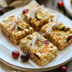 - 1 cup rolled oats - 1/2 cup unsweetened almond butter - 1/3 cup honey or maple syrup - 1/2 cup dried cranberries, chopped - 1/2 cup shelled pistachios, roughly chopped - 1 teaspoon vanilla extract - 1/4 teaspoon salt - 1/4 teaspoon ground cinnamon (optional) The ingredients for these bars are simple yet powerful. Rolled oats form the base. They give the bars fiber and heartiness. Almond butter adds creaminess and healthy fats. Honey or maple syrup brings natural sweetness. Dried cranberries add a tart kick, while pistachios add crunch. The vanilla extract gives a warm flavor, and salt enhances all the tastes. Using ground cinnamon is optional, but I think it makes the flavor pop. - Calories per bar: About 150 - Macronutrient breakdown: Each bar has roughly 5g protein, 7g fat, and 20g carbs. These bars pack a lot of nutrition. Each bar has about 150 calories, making them a great snack. They offer a nice balance of protein, fats, and carbs. This mix fuels your body without feeling heavy. Plus, you get vitamins and minerals from the nuts and fruits. Eating these bars can help you stay full and satisfied. {{ingredient_image_2}} Start by lining an 8x8 inch baking dish with parchment paper. Make sure the paper hangs over the edges a bit. This helps you lift the bars out after they set. In a large bowl, add 1/2 cup of unsweetened almond butter, 1/3 cup of honey or maple syrup, and 1 teaspoon of vanilla extract. Stir these ingredients together well. You want a smooth and creamy mix without lumps. In another bowl, combine 1 cup of rolled oats, 1/2 cup of chopped dried cranberries, 1/2 cup of roughly chopped pistachios, 1/4 teaspoon of salt, and 1/4 teaspoon of ground cinnamon if you like. Mix these dry ingredients until they are well blended. Now, slowly add the dry mix to the wet mix. Use a sturdy spoon or spatula to stir it all together. Make sure every oat and fruit piece is coated in the almond butter mix. This step is key for flavor and texture. Transfer the mixture into your lined baking dish. Use your hands or a spatula to press it down firmly and evenly. This helps the bars hold together when you cut them. Place the baking dish in the fridge for at least 2 hours. This helps the mixture firm up. After chilling, lift the mixture out using the parchment paper. Place it on a cutting board and slice it into equal bars. Enjoy your homemade energy bars! If you don&rsquo;t have almond butter, try peanut butter or sunflower seed butter. Both options give a great taste. For sweeteners, maple syrup works well if you want a vegan choice. You can also use agave nectar or brown rice syrup. Just remember, different sweeteners may change the texture slightly. Getting the right texture is key. The mixture should feel sticky but not too wet. If it seems crumbly, add a bit more almond butter or sweetener. Press the mix firmly into the pan. This helps the bars hold together once cut. The chilling time is also important. Letting them set in the fridge for at least two hours helps them firm up nicely. Wrap each energy bar in parchment paper for a rustic look. Tie it with twine or ribbon for a nice touch. This makes them perfect for gifts or snacks on the go. You can also stack them in a jar for a fun presentation on your kitchen counter. These small details can make your homemade energy bars feel special. Pro Tips Use Fresh Ingredients: Your energy bars will taste better and have a more vibrant flavor profile if you use fresh, high-quality dried cranberries and nuts. Customize the Sweetness: Adjust the amount of honey or maple syrup based on your personal preference or dietary needs. You can also use stevia or agave syrup as alternatives. Add Protein: For an extra boost, consider mixing in a scoop of your favorite protein powder to the wet ingredients before combining them with the dry ingredients. Experiment with Flavors: Feel free to add other spices like nutmeg or ginger or mix in different nuts or seeds to create your unique flavor combination. {{image_4}} You can change the flavors by adding different dried fruits or nuts. Try using dried apricots or cherries instead of cranberries. Raisins or figs can also work well. For nuts, almonds or walnuts are great options. These swaps keep the bars exciting and tasty. Want more protein? You can mix in protein powder or seeds. Adding a scoop of vanilla protein powder gives a nice flavor. You can also use chia seeds or hemp seeds for a nutritious boost. These additions help make your bars more filling and energizing. If you need vegan or gluten-free bars, it&rsquo;s easy to adjust. Use maple syrup instead of honey to keep it vegan. For gluten-free options, make sure your oats are certified gluten-free. These small changes make the recipe fit various diets without losing taste. To keep your cranberry pistachio energy bars fresh, store them in the refrigerator. Use an airtight container to protect them from moisture and odors. The bars will stay good for up to one week. When you want a quick snack, just grab one from the container. This method keeps the bars soft and chewy. If you want to save your energy bars for later, freezing is a great option. Wrap each bar in plastic wrap or parchment paper. Then, place the wrapped bars in a freezer-safe bag or container. This helps to keep them fresh for up to three months. When you&rsquo;re ready to eat one, take it out and let it thaw in the fridge or at room temperature. This way, you can enjoy your tasty bars even after weeks! Yes, you can! Feel free to swap out the pistachios for almonds or walnuts. You can also try different dried fruits. Dates and apricots work well as alternatives to cranberries. Just remember to keep the same amount. This way, your bars will still hold together nicely. These energy bars last about one week when stored in an airtight container in the fridge. If you want them to last longer, you can freeze them. They can stay fresh in the freezer for up to three months. Just thaw them in the fridge before eating. Absolutely! These bars are great for kids. They are packed with healthy fats, fiber, and natural sweetness. The oats and fruits provide energy, making them perfect for snacks. Plus, kids love the chewy texture and yummy taste. Yes, you can make these bars ahead of time! They are perfect for meal prep. You can prepare them on the weekend and have snacks ready for the week. Just store them in the fridge or freezer until you are ready to eat. This saves time on busy days! These energy bars are easy to make and taste great. You need simple ingredients like oats, almond butter, and honey. I showed you how to mix dry and wet parts, chill, and cut them. You can even switch out ingredients for your needs, like using different nuts or sweeteners. These bars are tasty, healthy, and perfect for busy days. Store them carefully for the best taste. I hope you enjoy making and eating them!