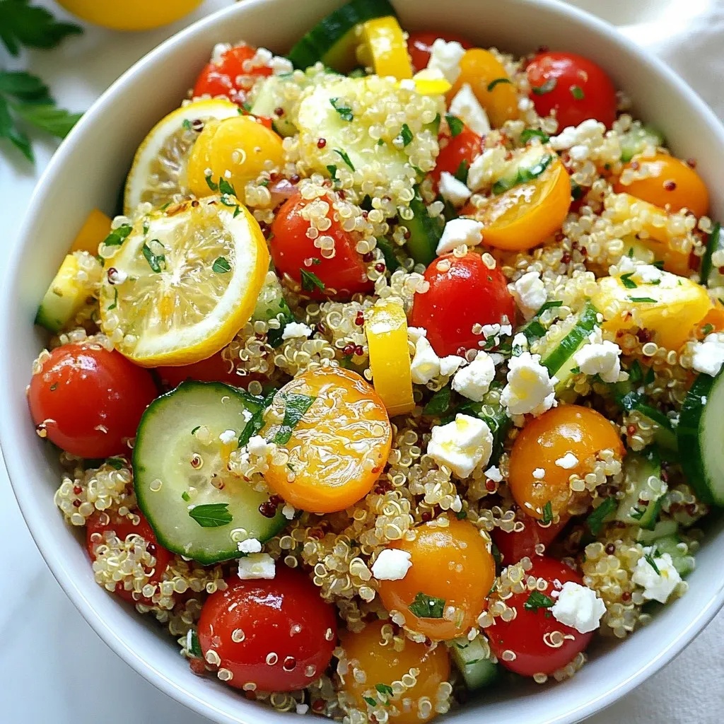 - 1 cup quinoa, thoroughly rinsed - 2 cups vegetable broth or water - 1 cup cherry tomatoes, halved - 1 crisp cucumber, diced - 1 bell pepper of any color, diced - 1/4 red onion, finely minced - 1/2 cup fresh parsley, coarsely chopped - 1/2 cup fresh mint, coarsely chopped - Juice of 1 large lemon (about 1/4 cup) - 3 tablespoons extra virgin olive oil - Salt and freshly ground black pepper, to taste The star of this dish is quinoa. It is a superfood packed with protein. You will want to rinse it well before cooking. This removes any bitterness. Next, fresh vegetables add a crunchy texture. I love using cherry tomatoes, cucumbers, and bell peppers. They bring bright colors and great taste. Herbs are key in this salad. Fresh parsley and mint give it a vibrant flavor. The dressing components include fresh lemon juice and olive oil. This combination brightens the dish and keeps it light. - Crumbled feta cheese (optional, for a delightful garnish) If you want to add a creamy touch, try feta cheese. It provides a nice, tangy kick. It also looks great on top. - Medium saucepan - Mixing bowl - Fork for fluffing quinoa You will need a medium saucepan for cooking quinoa. A mixing bowl is perfect for combining all the fresh ingredients. A fork helps fluff the quinoa, making it light and airy. These tools make the process easy and fun! {{ingredient_image_2}} To start, rinse 1 cup of quinoa under cold water. Rinsing removes the bitter coating. Then, in a medium saucepan, add the rinsed quinoa and 2 cups of vegetable broth or water. Turn the heat to medium-high until it boils. Once it boils, lower the heat to a gentle simmer. Cover the pot and let it cook for about 15 minutes. The quinoa will absorb all the liquid and become fluffy. After 15 minutes, take the pot off the heat but keep it covered for another 5 minutes. This resting time helps the quinoa to become even fluffier. After that, use a fork to fluff the quinoa and set it aside to cool. While the quinoa cools, it's time to prep the veggies. Chop 1 cup of cherry tomatoes in half, dice 1 crisp cucumber, and chop 1 bell pepper. For extra flavor, finely mince 1/4 of a red onion. In a large bowl, mix all these vegetables together. Next, add 1/2 cup of fresh parsley and 1/2 cup of fresh mint. Mixing in these herbs adds a lovely aroma and taste to the salad. Once the herbs and veggies are well combined, it's time to add the quinoa. Pour the cooled quinoa into the bowl and mix everything together gently. Now for the fun part—dressing the salad! Squeeze the juice from 1 large lemon into the bowl. This gives the salad a bright, zesty flavor. Then, drizzle in 3 tablespoons of extra virgin olive oil. Season with salt and freshly ground black pepper to taste. Finally, toss the salad carefully to coat all the ingredients with the dressing. If you want a tangy kick, sprinkle crumbled feta cheese on top before serving. This salad is ready to impress your family and friends! To start, rinse the quinoa well. This step removes the bitter coating called saponin. Next, use two cups of vegetable broth or water for each cup of quinoa. This ratio helps avoid mushy quinoa. After boiling, turn the heat down to simmer. Cover the pot tightly and let it cook for about 15 minutes. You want all the liquid absorbed. Once cooked, remove the pot from heat. Let it sit for five minutes. Then, fluff it gently with a fork. This will keep it light and airy. To boost the taste, you can change up the seasonings. Try adding garlic powder, cumin, or even chili flakes. Mix and match spices to find your favorite flavor. Fresh herbs are key to making the salad bright. I recommend adding parsley and mint for a fresh kick. You could also use basil or cilantro. Just chop them coarsely before mixing them in. This adds color and vibrancy to your dish. Serving the salad in a large, beautiful bowl makes it look more appealing. Use a bowl that contrasts with the salad colors. This will make the dish stand out. For a lovely touch, add fresh lemon slices around the edges. A few sprigs of parsley on top can elevate the look. These simple garnishes create an inviting display that draws people in. Pro Tips Rinse Your Quinoa: Always rinse quinoa under cold water before cooking to remove its natural coating, called saponin, which can impart a bitter taste. Let It Cool: Allow the quinoa to cool completely before mixing it with the vegetables to maintain their crispness and vibrant colors. Fresh Herbs Matter: Using fresh herbs like parsley and mint elevates the flavor profile of the salad significantly compared to dried herbs. Customize Your Veggies: Feel free to swap out or add other vegetables based on your preference or seasonal availability for a personalized touch. {{image_4}} You can change this salad with the seasons. In spring, add fresh peas or asparagus. These veggies bring a bright taste and nice crunch. In summer, try adding diced peaches or strawberries. The fruit adds sweetness and pairs well with lemon. To make your salad more filling, add protein. Chickpeas or black beans work great. They offer a creamy texture and boost nutrition. If you like meat, grilled chicken or shrimp can also fit nicely. They add flavor and make the dish hearty. This salad can fit many diets. If you want a vegan version, skip the feta cheese. You still get great taste with just veggies and herbs. If you need gluten-free options, quinoa is safe for you. Just make sure no gluten is added in your dressing. This way, everyone can enjoy a flavorful meal. To keep your Lemon Herb Quinoa Salad fresh, store it in an airtight container. This helps seal in flavors and moisture. Place it in the fridge right after serving. If you want to freeze it, use a freezer-safe container. Be sure to leave some space for expansion. The salad lasts about 3 to 5 days in the fridge. After that, it starts to lose its taste and texture. Look for signs of spoilage like a sour smell or slimy vegetables. If you see these, it's best to toss it. If you want to reheat the salad, do it gently. Place it in a pan over low heat. Stir often and add a little water if it seems dry. You can also enjoy it cold, as the fresh flavors shine through! Yes, you can make this salad ahead of time. It tastes even better after sitting. The flavors blend well when chilled. Store it in an airtight container in the fridge. It should stay fresh for about three days. Just remember to stir it before serving. Yes, this salad is gluten-free. Quinoa is a gluten-free grain. It is a great option for those with gluten sensitivities. Always check any added ingredients, like feta cheese, to ensure they are gluten-free too. Absolutely! You can swap ingredients as needed. If you don’t have cherry tomatoes, use regular ones. No parsley? Try cilantro instead. You can even mix in different veggies like carrots or bell peppers. The salad remains tasty with your preferred ingredients. To make this salad more filling, add protein sources. Chickpeas or black beans work great. Grilled chicken or shrimp adds heartiness too. You can also toss in some avocado for healthy fats. These additions will keep you satisfied longer. Pair this salad with grilled meats or fish for a complete meal. It also goes well with roasted vegetables. You can serve it as a side dish or a main dish. Enjoy it at picnics, barbecues, or light lunches. This Lemon Herb Quinoa Salad is simple yet packed with flavor. We explored the main ingredients, tips for cooking quinoa, and ways to enhance the dish. You learned about adding seasonal veggies and proteins for variations, plus easy storage tips. Overall, this salad is versatile and enjoyable. It’s perfect for meals at home or gatherings. You can customize it to fit your taste. Make it your own and enjoy healthy eating!