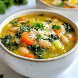 To make this tasty Tuscan white bean soup, gather these simple items: - 2 cups canned white beans (cannellini or navy), drained and rinsed - 1 tablespoon extra virgin olive oil - 1 medium onion, finely diced - 2 medium carrots, peeled and diced - 2 celery stalks, diced evenly - 3 cloves of garlic, minced - 4 cups vegetable broth, low-sodium preferred - 1 teaspoon dried thyme - 1 teaspoon fresh rosemary, finely chopped - Salt and fresh black pepper to taste - 2 cups fresh kale, stems removed and roughly chopped - Juice of 1 fresh lemon - Grated Parmesan cheese, for serving (optional) - Fresh parsley, chopped, for garnish You can switch up some ingredients to make the soup your own. Here are a few ideas: - Use fresh beans instead of canned. Soak and cook them for a great taste. - Swap vegetable broth with chicken broth for more flavor. - Try adding diced potatoes or squash for a heartier texture. - Mix in other greens like spinach or Swiss chard for a colorful twist. Garnishing your soup can make it more appealing. Here are some options: - A sprinkle of grated Parmesan cheese adds creaminess. - Fresh parsley gives a nice pop of color. - Serve with warm crusty bread to soak up the soup. - Add a drizzle of olive oil for extra richness. {{ingredient_image_2}} 1. Heat the oil: Start by warming the extra virgin olive oil in a large pot over medium heat. 2. Saut&eacute; the base: Add the finely diced onion, diced carrots, and diced celery. Cook for 5-7 minutes until soft. 3. Add garlic: Stir in the minced garlic. Cook for one more minute, but watch it closely to prevent burning. 4. Combine broth and beans: Pour in low-sodium vegetable broth. Add the drained white beans, dried thyme, and fresh rosemary. 5. Bring to a boil: Turn the heat up to bring the soup to a gentle boil, then lower it to medium-low. Let it simmer uncovered for 15 minutes. 6. Season the soup: Taste your soup and add salt and freshly cracked black pepper as needed. 7. Add kale and lemon: Fold in the chopped kale and squeeze the fresh lemon juice over the soup. Cook for an additional 5 minutes until the kale wilts. 8. Serve: Ladle the hot soup into warm bowls. Top with grated Parmesan cheese and fresh parsley if desired. - Use fresh veggies: Fresh vegetables enhance the soup's flavor and texture. - Don&rsquo;t skip the lemon: The lemon juice adds brightness and balances the flavors. - Season gradually: Taste as you go; this helps build deeper flavors. - Burning the garlic: Garlic cooks quickly. Stir it often to keep it from burning. - Overcooking the kale: Add kale near the end to keep it vibrant and tender. - Skipping the seasoning: Seasoning is key. Don&rsquo;t forget to taste and adjust. To boost the taste of your Tuscan White Bean Soup, here are some ideas: - Add a bay leaf: Toss in a bay leaf while it simmers for deeper flavor. - Finish with fresh herbs: Add fresh basil or parsley at the end for a bright touch. - Use a splash of balsamic vinegar: This can add a nice tang to the soup. - Experiment with spices: Try adding a pinch of red pepper flakes for heat or smoked paprika for depth. Storing your soup properly helps keep it fresh: - Cool the soup: Let it cool completely before storing. - Use airtight containers: This keeps the soup from absorbing other odors in the fridge. - Store for up to 3 days: It stays tasty in the fridge for three days. - Reheat gently: Warm it on the stove over medium heat, stirring often. Add a splash of broth if it thickens too much. If you have dietary needs, here are some smart swaps: - Beans: Use any canned beans you like, such as great northern or chickpeas. - Broth: Swap vegetable broth for chicken broth if you prefer. - Kale: Spinach or Swiss chard can replace kale for a different green. - Cheese: Omit Parmesan for a dairy-free version or use a vegan cheese option. Pro Tips Use Fresh Herbs: Fresh rosemary and thyme enhance the flavor profile of the soup significantly. If you have access to them, don't hesitate to use them instead of dried herbs. Vegetable Broth Matters: Opt for a high-quality low-sodium vegetable broth for the best flavor. Homemade broth can elevate this dish even further. Adjust Consistency: If you prefer a thicker soup, blend a portion of the beans before adding them to the pot. This will create a creamy texture without needing additional cream. Make It Ahead: This soup tastes even better the next day! Store leftovers in the fridge and reheat for a quick and delicious meal. {{image_4}} You can easily make this soup vegetarian or vegan. The main base is already plant-based. Use vegetable broth and skip the Parmesan cheese for a vegan choice. You can also add more veggies, like bell peppers or zucchini, to boost flavor and nutrition. Fresh herbs like basil or oregano can enhance the taste. If you want to add protein, consider diced chicken or Italian sausage. Cook them in the pot before adding other veggies. For a plant-based option, use lentils or tofu. These options make the soup more filling and satisfying. They also add great taste, making each bite richer. Seasonal veggies can change the soup&rsquo;s flavor. In summer, try fresh tomatoes or corn. In fall, add butternut squash or sweet potatoes for sweetness. You can also use spinach instead of kale in spring. These changes keep the soup fresh and exciting year-round. Experiment with what you have to create your own unique version. To store Tuscan White Bean Soup, let it cool first. Use an airtight container. This helps keep the soup fresh and tasty. I recommend using glass containers. They do not hold odors and are easy to clean. Place the cooled soup in the container. Make sure to leave some space at the top for expansion. If you want to freeze the soup, use freezer-safe bags or containers. Pour in the cooled soup and seal tightly. Be sure to label the bags with the date. This helps you know how long it has been stored. The soup can freeze well for up to three months. When ready to eat, thaw it overnight in the fridge. Reheat it on the stove over low heat. Stir often to warm it evenly. In the fridge, Tuscan White Bean Soup lasts about 4 to 5 days. Keep it in an airtight container for best results. If you notice any off smell or mold, throw it away. Always trust your senses to keep food safe. Enjoy the soup while it's fresh for the best flavor! The best beans for this soup are cannellini and navy beans. They are creamy and tender. You can use canned beans for ease. Just make sure to drain and rinse them well. This helps remove excess salt and starch. If you prefer dried beans, soak them overnight before cooking. They will add a lovely texture to your soup. Yes, you can make this soup in a slow cooker. Start by saut&eacute;ing your onion, carrots, and celery in a pan. This step adds depth to the flavor. Then, add all your ingredients to the slow cooker. Set it to low for 6-8 hours or high for 3-4 hours. The beans will soften nicely, and the flavors will blend well. To thicken your soup, you can mash some of the beans. Use a fork or a potato masher to break them apart. This will create a creamy base. You can also add a bit of potato or a cornstarch slurry. Just mix cornstarch with water and stir it in while the soup cooks. Let it simmer for a few minutes to thicken nicely. In this blog post, we explored the essentials for making Tuscan White Bean Soup. We covered the key ingredients, step-by-step cooking instructions, and helpful tips. You learned about variations for different diets and how to store your soup properly. Remember, using fresh ingredients and following cooking tips can make a big difference. Embrace variations to make this dish your own. Keep experimenting and enjoy every bowl of this tasty soup!