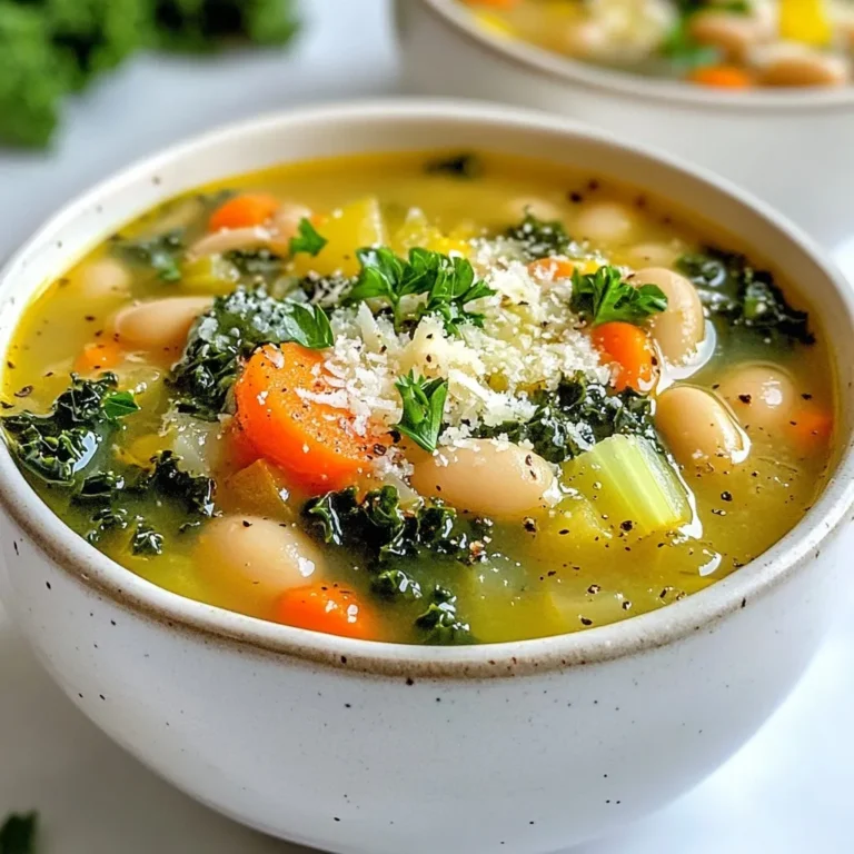 To make this tasty Tuscan white bean soup, gather these simple items: - 2 cups canned white beans (cannellini or navy), drained and rinsed - 1 tablespoon extra virgin olive oil - 1 medium onion, finely diced - 2 medium carrots, peeled and diced - 2 celery stalks, diced evenly - 3 cloves of garlic, minced - 4 cups vegetable broth, low-sodium preferred - 1 teaspoon dried thyme - 1 teaspoon fresh rosemary, finely chopped - Salt and fresh black pepper to taste - 2 cups fresh kale, stems removed and roughly chopped - Juice of 1 fresh lemon - Grated Parmesan cheese, for serving (optional) - Fresh parsley, chopped, for garnish You can switch up some ingredients to make the soup your own. Here are a few ideas: - Use fresh beans instead of canned. Soak and cook them for a great taste. - Swap vegetable broth with chicken broth for more flavor. - Try adding diced potatoes or squash for a heartier texture. - Mix in other greens like spinach or Swiss chard for a colorful twist. Garnishing your soup can make it more appealing. Here are some options: - A sprinkle of grated Parmesan cheese adds creaminess. - Fresh parsley gives a nice pop of color. - Serve with warm crusty bread to soak up the soup. - Add a drizzle of olive oil for extra richness. {{ingredient_image_2}} 1. Heat the oil: Start by warming the extra virgin olive oil in a large pot over medium heat. 2. Sauté the base: Add the finely diced onion, diced carrots, and diced celery. Cook for 5-7 minutes until soft. 3. Add garlic: Stir in the minced garlic. Cook for one more minute, but watch it closely to prevent burning. 4. Combine broth and beans: Pour in low-sodium vegetable broth. Add the drained white beans, dried thyme, and fresh rosemary. 5. Bring to a boil: Turn the heat up to bring the soup to a gentle boil, then lower it to medium-low. Let it simmer uncovered for 15 minutes. 6. Season the soup: Taste your soup and add salt and freshly cracked black pepper as needed. 7. Add kale and lemon: Fold in the chopped kale and squeeze the fresh lemon juice over the soup. Cook for an additional 5 minutes until the kale wilts. 8. Serve: Ladle the hot soup into warm bowls. Top with grated Parmesan cheese and fresh parsley if desired. - Use fresh veggies: Fresh vegetables enhance the soup's flavor and texture. - Don’t skip the lemon: The lemon juice adds brightness and balances the flavors. - Season gradually: Taste as you go; this helps build deeper flavors. - Burning the garlic: Garlic cooks quickly. Stir it often to keep it from burning. - Overcooking the kale: Add kale near the end to keep it vibrant and tender. - Skipping the seasoning: Seasoning is key. Don’t forget to taste and adjust. To boost the taste of your Tuscan White Bean Soup, here are some ideas: - Add a bay leaf: Toss in a bay leaf while it simmers for deeper flavor. - Finish with fresh herbs: Add fresh basil or parsley at the end for a bright touch. - Use a splash of balsamic vinegar: This can add a nice tang to the soup. - Experiment with spices: Try adding a pinch of red pepper flakes for heat or smoked paprika for depth. Storing your soup properly helps keep it fresh: - Cool the soup: Let it cool completely before storing. - Use airtight containers: This keeps the soup from absorbing other odors in the fridge. - Store for up to 3 days: It stays tasty in the fridge for three days. - Reheat gently: Warm it on the stove over medium heat, stirring often. Add a splash of broth if it thickens too much. If you have dietary needs, here are some smart swaps: - Beans: Use any canned beans you like, such as great northern or chickpeas. - Broth: Swap vegetable broth for chicken broth if you prefer. - Kale: Spinach or Swiss chard can replace kale for a different green. - Cheese: Omit Parmesan for a dairy-free version or use a vegan cheese option. Pro Tips Use Fresh Herbs: Fresh rosemary and thyme enhance the flavor profile of the soup significantly. If you have access to them, don't hesitate to use them instead of dried herbs. Vegetable Broth Matters: Opt for a high-quality low-sodium vegetable broth for the best flavor. Homemade broth can elevate this dish even further. Adjust Consistency: If you prefer a thicker soup, blend a portion of the beans before adding them to the pot. This will create a creamy texture without needing additional cream. Make It Ahead: This soup tastes even better the next day! Store leftovers in the fridge and reheat for a quick and delicious meal. {{image_4}} You can easily make this soup vegetarian or vegan. The main base is already plant-based. Use vegetable broth and skip the Parmesan cheese for a vegan choice. You can also add more veggies, like bell peppers or zucchini, to boost flavor and nutrition. Fresh herbs like basil or oregano can enhance the taste. If you want to add protein, consider diced chicken or Italian sausage. Cook them in the pot before adding other veggies. For a plant-based option, use lentils or tofu. These options make the soup more filling and satisfying. They also add great taste, making each bite richer. Seasonal veggies can change the soup’s flavor. In summer, try fresh tomatoes or corn. In fall, add butternut squash or sweet potatoes for sweetness. You can also use spinach instead of kale in spring. These changes keep the soup fresh and exciting year-round. Experiment with what you have to create your own unique version. To store Tuscan White Bean Soup, let it cool first. Use an airtight container. This helps keep the soup fresh and tasty. I recommend using glass containers. They do not hold odors and are easy to clean. Place the cooled soup in the container. Make sure to leave some space at the top for expansion. If you want to freeze the soup, use freezer-safe bags or containers. Pour in the cooled soup and seal tightly. Be sure to label the bags with the date. This helps you know how long it has been stored. The soup can freeze well for up to three months. When ready to eat, thaw it overnight in the fridge. Reheat it on the stove over low heat. Stir often to warm it evenly. In the fridge, Tuscan White Bean Soup lasts about 4 to 5 days. Keep it in an airtight container for best results. If you notice any off smell or mold, throw it away. Always trust your senses to keep food safe. Enjoy the soup while it's fresh for the best flavor! The best beans for this soup are cannellini and navy beans. They are creamy and tender. You can use canned beans for ease. Just make sure to drain and rinse them well. This helps remove excess salt and starch. If you prefer dried beans, soak them overnight before cooking. They will add a lovely texture to your soup. Yes, you can make this soup in a slow cooker. Start by sautéing your onion, carrots, and celery in a pan. This step adds depth to the flavor. Then, add all your ingredients to the slow cooker. Set it to low for 6-8 hours or high for 3-4 hours. The beans will soften nicely, and the flavors will blend well. To thicken your soup, you can mash some of the beans. Use a fork or a potato masher to break them apart. This will create a creamy base. You can also add a bit of potato or a cornstarch slurry. Just mix cornstarch with water and stir it in while the soup cooks. Let it simmer for a few minutes to thicken nicely. In this blog post, we explored the essentials for making Tuscan White Bean Soup. We covered the key ingredients, step-by-step cooking instructions, and helpful tips. You learned about variations for different diets and how to store your soup properly. Remember, using fresh ingredients and following cooking tips can make a big difference. Embrace variations to make this dish your own. Keep experimenting and enjoy every bowl of this tasty soup!