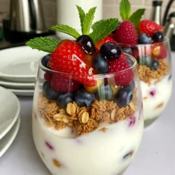 To make delicious Honey Berry Yogurt Parfaits, you need just a few simple ingredients. Here&rsquo;s what to gather: - 2 cups Greek yogurt - 1 cup mixed berries (including strawberries, blueberries, and raspberries) - 1/4 cup honey (divided) - 1/2 cup granola (your favorite variety) - 1 teaspoon vanilla extract - Fresh mint leaves for a garnish These items are easy to find. Greek yogurt gives a creamy base. Mixed berries add a burst of flavor and color. Honey brings sweetness, while granola adds crunch. Vanilla extract enhances the yogurt's taste. Finally, fresh mint leaves make your parfaits look pretty and smell great. You can even swap out some ingredients based on your taste. For example, try different fruits or sweeteners! These ingredients will come together to create a treat that is not only tasty but also visually stunning. Enjoy the process of layering these ingredients and making your parfaits unique! {{ingredient_image_2}} 1. In a medium bowl, add 2 cups of Greek yogurt. 2. Pour in 1 teaspoon of vanilla extract. 3. Use a spatula to mix until smooth and creamy. 4. Make sure the vanilla spreads evenly in the yogurt. 1. Take 1 cup of mixed berries. 2. Gently toss the berries with 2 tablespoons of honey in a separate bowl. 3. Let them sit for a few minutes. This helps the flavors blend well. 1. Grab clear glasses or dessert cups to show off the layers. 2. Start by adding about 1/4 cup of the yogurt mixture as the base. 3. Next, add a layer of the honey-infused berries over the yogurt. 4. Sprinkle about 2 tablespoons of granola on top of the berries for crunch. 5. Repeat the layers&mdash;yogurt, berries, and granola&mdash;until you fill the glasses. 6. Finish with a nice layer of berries on top. 7. Drizzle the remaining 2 tablespoons of honey over the top layer. 8. Finally, add a sprig of fresh mint leaves for color and aroma. Now you have a delicious Honey Berry Yogurt Parfait! Enjoy the fresh taste! Serve your parfait in clear glasses. This way, everyone can see the lovely layers. I love using tall glasses for a dramatic look. You can even use small dessert cups if you want a more casual vibe. Top each parfait with a sprig of fresh mint. This adds a nice touch of color. Place a few whole berries on the rim for extra flair. To make your parfait look great, distribute the layers evenly. Start with yogurt, then add the honey berries, and finish with granola. Repeat this until you reach the top of the glass. The key is to make each layer visible. When you serve the parfaits, each spoonful should have a bit of everything. You can customize the sweetness to fit your taste. If you want more honey, just drizzle more on top. You can also try using maple syrup or agave if you prefer. These options give you different flavors and sweetness levels. Always taste as you go and adjust based on what you like. Pro Tips Choose Fresh Berries: Opt for in-season berries for the best flavor and sweetness. Fresh berries will elevate your parfaits and provide vibrant colors. Honey Substitutions: If you prefer a different sweetness, consider using maple syrup or agave nectar as a substitute for honey, providing a unique flavor twist. Layering Technique: For a more visually appealing parfait, alternate the yogurt, berries, and granola layers. This not only enhances appearance but also ensures every bite is perfectly balanced. Make Ahead: Prepare the yogurt and berry mixture in advance and assemble the parfaits just before serving. This keeps the granola crunchy and fresh. {{image_4}} You can switch up the berries in your parfait. Try using strawberries, blueberries, or raspberries. Each berry adds its own flavor and color. If you want to mix it up, add blackberries or even diced peaches. These fruits add sweetness and a pop of color. If you need gluten-free options, try using gluten-free granola. Many brands offer tasty blends without any gluten. For those who prefer dairy-free, choose coconut or almond yogurt. These options still taste great and work well in parfaits. You can add extra flavor to your parfaits. A sprinkle of cinnamon or nutmeg gives a warm touch. These spices blend well with the yogurt and honey. You can also mix in nut butters like almond or peanut butter. This not only adds flavor but also boosts protein. To store leftover parfaits, use airtight containers. This keeps the layers fresh. You can use glass jars or plastic containers. Make sure the lid fits snugly. If you have extra granola, store it separately. This will keep it crunchy. You can store parfaits in the fridge for up to three days. After that, the yogurt may lose its creaminess. Check for any off smells or changes in color. If the berries look slimy, it&rsquo;s time to toss them. When you are ready to eat, take them out of the fridge. If the layers shifted, gently stir to refresh the textures. Add a bit more honey if the flavors seem dull. Layer the yogurt, berries, and granola again for a fresh look. Enjoy your treat as if it were just made! Yes, you can use frozen berries. They are often just as tasty as fresh ones. Frozen berries save time and can help with your budget. However, they might be a bit softer when thawed. This may change the texture of your parfait. To use them, just let them thaw and drain any excess juice. This way, you keep your parfait from getting too soggy. This recipe fits many diets. You can make it keto by using unsweetened yogurt and low-carb granola. For vegan options, swap Greek yogurt for coconut yogurt. Use maple syrup instead of honey for sweetening. Each swap helps fit your needs while keeping the flavor. You can prepare these parfaits up to two days in advance. Store them in the fridge in airtight containers. Keep the granola separate until you are ready to serve. This keeps the crunchiness, so each bite is perfect. This parfait recipe is simple and fun. You mix Greek yogurt with honey and berries. Then, layer it with granola for crunch. You can customize it with your favorite fruits and adjust the sweetness. Storage is easy, too&mdash;just keep it in an airtight container in the fridge. With tips for presentation, flavor twists, and dietary options, you can make this treat any way you want. Enjoy this delicious and healthy snack anytime!