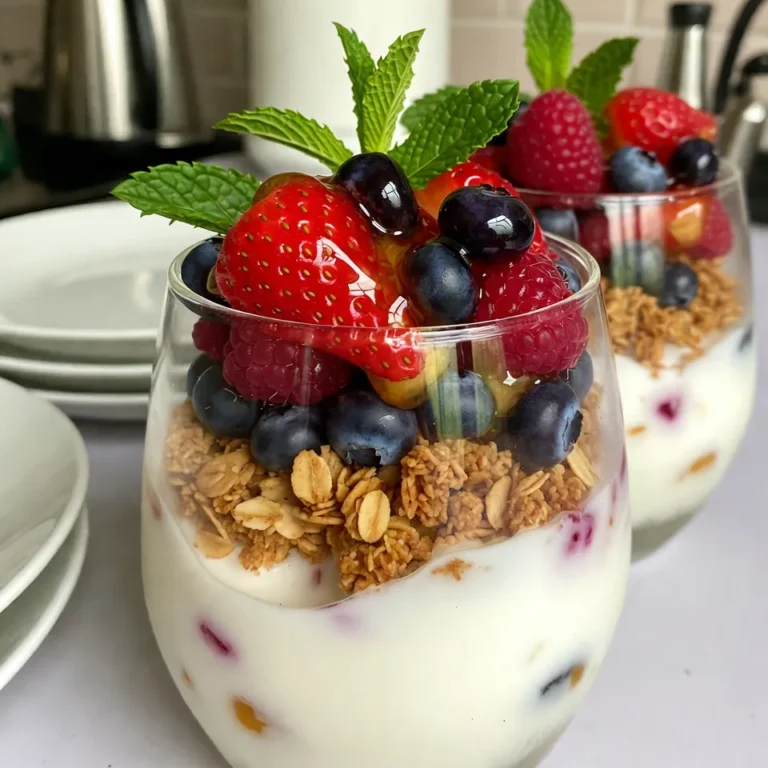 To make delicious Honey Berry Yogurt Parfaits, you need just a few simple ingredients. Here’s what to gather: - 2 cups Greek yogurt - 1 cup mixed berries (including strawberries, blueberries, and raspberries) - 1/4 cup honey (divided) - 1/2 cup granola (your favorite variety) - 1 teaspoon vanilla extract - Fresh mint leaves for a garnish These items are easy to find. Greek yogurt gives a creamy base. Mixed berries add a burst of flavor and color. Honey brings sweetness, while granola adds crunch. Vanilla extract enhances the yogurt's taste. Finally, fresh mint leaves make your parfaits look pretty and smell great. You can even swap out some ingredients based on your taste. For example, try different fruits or sweeteners! These ingredients will come together to create a treat that is not only tasty but also visually stunning. Enjoy the process of layering these ingredients and making your parfaits unique! {{ingredient_image_2}} 1. In a medium bowl, add 2 cups of Greek yogurt. 2. Pour in 1 teaspoon of vanilla extract. 3. Use a spatula to mix until smooth and creamy. 4. Make sure the vanilla spreads evenly in the yogurt. 1. Take 1 cup of mixed berries. 2. Gently toss the berries with 2 tablespoons of honey in a separate bowl. 3. Let them sit for a few minutes. This helps the flavors blend well. 1. Grab clear glasses or dessert cups to show off the layers. 2. Start by adding about 1/4 cup of the yogurt mixture as the base. 3. Next, add a layer of the honey-infused berries over the yogurt. 4. Sprinkle about 2 tablespoons of granola on top of the berries for crunch. 5. Repeat the layers—yogurt, berries, and granola—until you fill the glasses. 6. Finish with a nice layer of berries on top. 7. Drizzle the remaining 2 tablespoons of honey over the top layer. 8. Finally, add a sprig of fresh mint leaves for color and aroma. Now you have a delicious Honey Berry Yogurt Parfait! Enjoy the fresh taste! Serve your parfait in clear glasses. This way, everyone can see the lovely layers. I love using tall glasses for a dramatic look. You can even use small dessert cups if you want a more casual vibe. Top each parfait with a sprig of fresh mint. This adds a nice touch of color. Place a few whole berries on the rim for extra flair. To make your parfait look great, distribute the layers evenly. Start with yogurt, then add the honey berries, and finish with granola. Repeat this until you reach the top of the glass. The key is to make each layer visible. When you serve the parfaits, each spoonful should have a bit of everything. You can customize the sweetness to fit your taste. If you want more honey, just drizzle more on top. You can also try using maple syrup or agave if you prefer. These options give you different flavors and sweetness levels. Always taste as you go and adjust based on what you like. Pro Tips Choose Fresh Berries: Opt for in-season berries for the best flavor and sweetness. Fresh berries will elevate your parfaits and provide vibrant colors. Honey Substitutions: If you prefer a different sweetness, consider using maple syrup or agave nectar as a substitute for honey, providing a unique flavor twist. Layering Technique: For a more visually appealing parfait, alternate the yogurt, berries, and granola layers. This not only enhances appearance but also ensures every bite is perfectly balanced. Make Ahead: Prepare the yogurt and berry mixture in advance and assemble the parfaits just before serving. This keeps the granola crunchy and fresh. {{image_4}} You can switch up the berries in your parfait. Try using strawberries, blueberries, or raspberries. Each berry adds its own flavor and color. If you want to mix it up, add blackberries or even diced peaches. These fruits add sweetness and a pop of color. If you need gluten-free options, try using gluten-free granola. Many brands offer tasty blends without any gluten. For those who prefer dairy-free, choose coconut or almond yogurt. These options still taste great and work well in parfaits. You can add extra flavor to your parfaits. A sprinkle of cinnamon or nutmeg gives a warm touch. These spices blend well with the yogurt and honey. You can also mix in nut butters like almond or peanut butter. This not only adds flavor but also boosts protein. To store leftover parfaits, use airtight containers. This keeps the layers fresh. You can use glass jars or plastic containers. Make sure the lid fits snugly. If you have extra granola, store it separately. This will keep it crunchy. You can store parfaits in the fridge for up to three days. After that, the yogurt may lose its creaminess. Check for any off smells or changes in color. If the berries look slimy, it’s time to toss them. When you are ready to eat, take them out of the fridge. If the layers shifted, gently stir to refresh the textures. Add a bit more honey if the flavors seem dull. Layer the yogurt, berries, and granola again for a fresh look. Enjoy your treat as if it were just made! Yes, you can use frozen berries. They are often just as tasty as fresh ones. Frozen berries save time and can help with your budget. However, they might be a bit softer when thawed. This may change the texture of your parfait. To use them, just let them thaw and drain any excess juice. This way, you keep your parfait from getting too soggy. This recipe fits many diets. You can make it keto by using unsweetened yogurt and low-carb granola. For vegan options, swap Greek yogurt for coconut yogurt. Use maple syrup instead of honey for sweetening. Each swap helps fit your needs while keeping the flavor. You can prepare these parfaits up to two days in advance. Store them in the fridge in airtight containers. Keep the granola separate until you are ready to serve. This keeps the crunchiness, so each bite is perfect. This parfait recipe is simple and fun. You mix Greek yogurt with honey and berries. Then, layer it with granola for crunch. You can customize it with your favorite fruits and adjust the sweetness. Storage is easy, too—just keep it in an airtight container in the fridge. With tips for presentation, flavor twists, and dietary options, you can make this treat any way you want. Enjoy this delicious and healthy snack anytime!