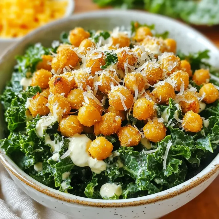 - 4 cups fresh kale, chopped - 1 can (15 oz) chickpeas, drained and rinsed - 3 tablespoons olive oil - 1 teaspoon garlic powder - 1 teaspoon paprika - 1/4 cup creamy Greek yogurt - 2 tablespoons lemon juice - 2 tablespoons Dijon mustard - 1 tablespoon Worcestershire sauce - 1/4 cup grated Parmesan cheese (or nutritional yeast) - Croutons (optional) - Kale: 4 cups, chopped into bite-sized pieces - Chickpeas: 1 can (15 oz), drained and rinsed - Olive oil: 3 tablespoons, divided - Garlic powder: 1 teaspoon - Paprika: 1 teaspoon - Greek yogurt: 1/4 cup - Lemon juice: 2 tablespoons, freshly squeezed - Dijon mustard: 2 tablespoons - Worcestershire sauce: 1 tablespoon - Parmesan cheese: 1/4 cup, grated (or nutritional yeast for vegan) - Croutons: optional - For a vegan option, replace Greek yogurt with cashew cream or tahini. - Use nutritional yeast instead of Parmesan cheese for a dairy-free version. - For gluten-free needs, ensure croutons are certified gluten-free or skip them entirely. - You can also swap olive oil for avocado oil if preferred. {{ingredient_image_2}} First, preheat the oven to 400°F (200°C). This step is key for crispy chickpeas. Next, dry the chickpeas thoroughly with paper towels. This helps them get crunchy. Spread them out on a baking sheet. Drizzle 1 tablespoon of olive oil over the chickpeas. Sprinkle with garlic powder, paprika, salt, and pepper. Toss them gently so every chickpea is coated. Now, place the baking sheet in the oven. Roast the chickpeas for 20 to 25 minutes. Stir them halfway through for even cooking. They should turn golden brown and crispy. Keep an eye on them to avoid burning. While the chickpeas roast, make the dressing. In a medium bowl, combine Greek yogurt, lemon juice, Dijon mustard, Worcestershire sauce, and the remaining olive oil. Whisk until smooth. This dressing will be creamy and tangy, perfect for the kale. In a large salad bowl, add the chopped kale. Pour the dressing over the kale. With clean hands, massage the kale for 1 to 2 minutes. This makes the kale softer and helps it soak up the dressing. Once the chickpeas are done, add them to the bowl. Sprinkle on the grated Parmesan cheese. If you want, add croutons just before serving for extra crunch. Toss everything gently to mix. Enjoy your delicious Kale Caesar Salad with Crispy Chickpeas! To get crispy chickpeas, start with dry ones. After draining, pat them with a paper towel. This step removes extra moisture. Use enough olive oil to coat them well. Season with garlic powder, paprika, salt, and pepper. Spread them evenly on a baking sheet. Roast at 400°F for 20-25 minutes. Stir halfway for even cooking. You want them to be golden and crunchy. To boost flavor, consider adding more spices. A dash of cayenne can give heat. Fresh herbs like parsley can add freshness. You might also try a splash of balsamic vinegar. For a twist, mix in some capers or olives. Each option brings a unique taste. Experiment with flavors until you find your favorite. Serve this salad with grilled chicken for protein. It pairs well with roasted veggies too. You can even enjoy it with a warm soup. If you want a heartier meal, add quinoa or farro. This salad is versatile and can fit many dishes. Pro Tips Dry Chickpeas for Extra Crispiness: Ensure the chickpeas are thoroughly dried before roasting. Excess moisture can prevent them from achieving that perfect crunch. Massage the Kale: Don’t skip the massaging step! This helps to break down the tough fibers in kale, making it more tender and enjoyable to eat. Customize Your Dressing: Feel free to adjust the dressing ingredients to suit your taste. Add more lemon for brightness or a splash of hot sauce for a kick. Serve Immediately: For the best texture, serve the salad right after tossing. The longer it sits, the softer the chickpeas and kale will become. {{image_4}} To make a vegan version of this salad, swap out the Greek yogurt and cheese. Use plant-based yogurt instead. For cheese, try nutritional yeast for a cheesy flavor. This keeps the dressing creamy without dairy. You can still enjoy the same rich taste while following a vegan diet. If you want to add more protein, grilled chicken or tofu works great. Simply grill the chicken until cooked through and slice it thin. For tofu, press it to remove moisture, then grill or sauté until golden. Both options will make your salad filling and delicious. Feel free to get creative with seasonal ingredients. In summer, add fresh berries for sweetness. In fall, nuts like walnuts or pecans add crunch. These extra touches not only enhance flavor but also make your salad shine with seasonal colors. To keep your Kale Caesar salad fresh, store it in an airtight container. Make sure to keep the crispy chickpeas separate. This way, they stay crunchy. You can add them just before serving. If you have leftover dressing, store it in a small jar. It will last well for a few days. Reheating the salad is not the best option, as it may wilt the kale. Instead, focus on reheating the chickpeas if you like. Place them in an oven at 350°F (175°C) for about 5-10 minutes. This will restore some of their crunch. You can also use a microwave, but they won't be as crispy. For the best quality, eat the salad within 2-3 days. The kale will start to wilt after this time. If stored properly, the crispy chickpeas can last for about a week. However, they may lose some crunch over time. Yes, you can prep this salad ahead of time. Start by making the crispy chickpeas. Store them in an airtight container to keep them crunchy. Next, wash and chop the kale. Keep it in a separate container. You can prepare the dressing too. Just mix Greek yogurt, lemon juice, Dijon mustard, Worcestershire sauce, and olive oil. Store it in the fridge. When ready to serve, combine everything. This way, the salad stays fresh and tasty. To keep your kale fresh, store it in the fridge. Place it in a bag with some air. You can also wrap it in a damp paper towel. This helps keep it crisp. Avoid washing it before storage. Wash it only when you are ready to use it. Use it within a week for the best flavor. This salad pairs well with many sides. Here are some great options: - Grilled chicken for added protein - Quinoa for a hearty touch - Roasted sweet potatoes for sweetness - Whole grain bread for a crunchy bite - A light soup for a warm contrast These sides complement the salad and make a complete meal. Enjoy experimenting! This blog post covered key ingredients, preparations, and variations for a tasty salad. We explored how to prepare chickpeas, make a creamy dressing, and assemble a fresh dish. I shared tips for crispy chickpeas and suggested delicious meal pairings. Remember, you can customize this salad to fit your dietary needs. Store any leftovers well to keep them fresh. Enjoy creating and sharing this healthy salad that’s easy and fun to make!