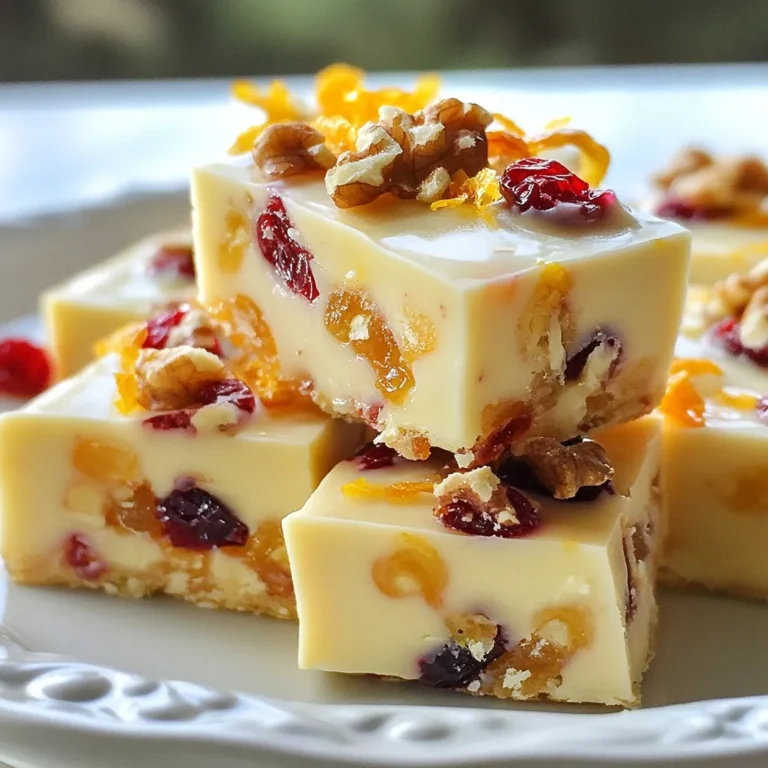 To make this tasty cranberry orange fudge, you will need: - 2 cups white chocolate chips - 1 can (14 oz) sweetened condensed milk - 1 cup dried cranberries, roughly chopped - Zest of 1 large orange - 1 tablespoon freshly squeezed orange juice - ½ teaspoon vanilla extract - Pinch of salt These ingredients come together to create a rich and creamy fudge with bright citrus notes. If you want to add more flavor and crunch, consider these optional ingredients: - ¼ cup chopped walnuts or pecans Nuts give the fudge a nice texture and deepen the flavor. You can skip them if you prefer a smoother fudge. When choosing your ingredients, look for high-quality white chocolate chips. They should melt well and taste sweet. For cranberries, select ones that are soft and plump. Fresh oranges are best for zest and juice, as they add a vibrant flavor. If you go for nuts, pick ones that are fresh and unsalted to keep the flavor balanced. {{ingredient_image_2}} Start by preparing your baking dish. Use an 8x8 inch dish for the fudge. Line it with parchment paper. Make sure the paper hangs over the sides. This will help you lift the fudge out later. It’s an easy way to cut it into pieces. In a medium saucepan, add the white chocolate chips. Pour in the sweetened condensed milk too. Place the saucepan on low heat. Stir often as it melts. You want the mixture to be smooth and creamy. This part is fun! The aroma will fill your kitchen. Once the chocolate melts, take the saucepan off the heat. Now, add the chopped dried cranberries. Toss in the orange zest, orange juice, vanilla extract, and a pinch of salt. Stir well until everything blends together. If you want nuts, fold in the chopped walnuts or pecans. These add a nice crunch. Pour the fudge mixture into your prepared baking dish. Use a spatula to spread it out evenly. Make sure the top is smooth. Then, place the dish in the fridge. Chill for 2-3 hours. When it feels firm to the touch, it’s ready. Lift the fudge out using the parchment paper. Place it on a cutting board and cut it into squares. Enjoy your sweet treat! Texture is key for great fudge. You want it to be smooth and creamy. When melting, stir continuously. This helps prevent lumps. If it feels too thick, add a splash of milk. A perfect fudge should be firm but not hard. It should melt in your mouth with a slight chew. Common mistakes can ruin your fudge. First, don’t rush the melting process. Heat should be low to avoid burning. If you burn the chocolate, start over. Next, make sure to mix well. If ingredients are not combined, the fudge may not set right. Lastly, always chill it for enough time. Patience is key for the best results. Presentation makes your fudge look special. Cut it into even squares for a neat look. Serve it on a colorful platter. Sprinkle extra orange zest on top for a pop of color. For gifts, wrap each piece in cellophane. It makes a sweet treat for friends or family. A little care in serving goes a long way! Pro Tips Use Quality Chocolate: Opt for high-quality white chocolate chips for a smoother and richer fudge texture. Chill Thoroughly: Ensure the fudge is completely chilled for at least 2-3 hours to achieve the best firmness and sliceability. Customize Flavors: Experiment with different nuts or even a splash of almond extract for a unique twist on the classic flavor. Gift Presentation: Wrap individual pieces in festive cellophane and tie with a ribbon for an attractive homemade gift. {{image_4}} You can change the flavors of cranberry orange fudge easily. Try using dark chocolate instead of white chocolate. This will give your fudge a rich taste. You can also swap cranberries for dried cherries or blueberries. These fruits add unique flavors. If you want a twist, add a pinch of cinnamon or nutmeg. This will warm up the taste. You can even mix in a bit of peppermint extract for a holiday vibe! If you want nut-free fudge, just skip the nuts. The fudge will still be creamy and tasty without them. If you like a crunchy texture, add crispy rice cereal. This will give you that crunch without the nuts. Always check ingredient labels to ensure no hidden allergens are present. To make this fudge vegan, replace white chocolate chips with dairy-free chocolate chips. Also, use coconut milk instead of sweetened condensed milk. This will keep it creamy and delicious. For gluten-free fudge, ensure that all your ingredients are labeled gluten-free. Most dried fruits and chocolate chips are safe, but it's wise to double-check. These small changes will let anyone enjoy this sweet treat! To keep your cranberry orange fudge fresh, use an airtight container. This seals in moisture and flavor. Line the container with parchment paper for easy removal. Avoid stacking fudge pieces directly on top of each other. This prevents sticking and keeps each piece intact. When stored properly, cranberry orange fudge lasts up to two weeks in the fridge. The sweetened condensed milk helps preserve its rich taste. You might notice the fudge gets firmer over time. This is normal, so don’t worry. Just let it sit out for a few minutes to soften slightly before serving. You can freeze this fudge for up to three months. Cut it into squares before freezing. Wrap each piece tightly in plastic wrap, then place them in a freezer-safe bag. To thaw, move the fudge to the fridge overnight. This keeps it from getting too soft. Enjoy your tasty treat whenever you want! Yes, you can use other types of chocolate. Dark chocolate or milk chocolate work well too. Each type adds a different flavor. Dark chocolate gives a rich taste, while milk chocolate is sweeter. Adjust the sweetness if you choose dark chocolate. To adjust the sweetness, you can change the type of chocolate. Try using semi-sweet chocolate chips. You can also use less sweetened condensed milk. If you want it sweeter, add more chocolate or sugar. Taste as you go to get it just right. Absolutely! You can make this fudge days in advance. Just follow the recipe and let it chill. After it sets, cut it into pieces. Store it in an airtight container in the fridge. It stays fresh for up to two weeks. You can find premade Cranberry Orange Fudge at specialty candy shops. Some bakeries sell it too. Look at local farmers' markets or gourmet stores. Online retailers also offer this fudge for delivery. Check the reviews for the best options. This blog post covered how to make delicious cranberry orange fudge. We explored key ingredients, step-by-step instructions, and tips for success. You learned about variations and how to store your fudge well. In the end, making this fudge can be fun and easy. Don't hesitate to try new flavors or share your fudge with friends. A little effort leads to a treat that everyone will love. Enjoy your sweet creations!