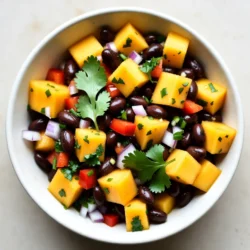 - 1 ripe mango, diced - 1 red bell pepper, finely chopped - 1 small red onion, finely diced - 1 jalape&ntilde;o, seeds removed and minced - 1/4 cup fresh cilantro, finely chopped - 1 can (15 oz) black beans, rinsed and drained - Juice of 2 limes - 2 tablespoons extra-virgin olive oil - Salt and freshly cracked black pepper to taste Gathering fresh ingredients is key to making Mango Black Bean Salsa. Start with a ripe mango. The mango should be firm but slightly soft when you press it. This ripeness gives you the sweetest flavor. Next, grab a red bell pepper. Its crunch and sweetness balance the dish. A small red onion adds a nice bite. For a bit of heat, choose a jalape&ntilde;o. Removing the seeds cuts down on spice. I love to add fresh cilantro for a burst of freshness. The black beans bring in protein and texture. Rinsing them well helps remove extra sodium. Lime juice keeps everything bright and fresh. Extra-virgin olive oil adds richness. Lastly, season with salt and pepper. This mix of ingredients creates a tasty and colorful salsa that everyone will enjoy. {{ingredient_image_2}} 1. In a big mixing bowl, add the diced mango, black beans, red bell pepper, red onion, and jalape&ntilde;o. This mix brings bright colors and flavors. 2. Gently fold in the chopped cilantro. This step keeps the cilantro intact while spreading its fresh taste. 3. Carefully drizzle the lime juice and olive oil over the mixture. This adds a tangy kick and rich flavor. 4. Using a spatula, toss everything together gently. Be careful not to mash the mango; you want it to stay chunky. 5. Season the salsa with salt and cracked black pepper. Adjust the lime and oil if needed to enhance the taste. 6. Let the salsa rest for 15 minutes. This wait helps the flavors blend and become more vibrant. To pick a great mango, look for one that is ripe. A ripe mango feels slightly soft when you press it. The skin should have a nice mix of green and yellow or red tones. If it&rsquo;s too hard, it isn't ripe yet. If it&rsquo;s too soft, it may be overripe. You can also smell the stem. A sweet scent shows ripeness. Remember, the right mango makes your salsa shine. If you want a milder salsa, skip the seeds from the jalape&ntilde;o. This part holds most of the heat. You can also use less jalape&ntilde;o overall. For more heat, leave some seeds in or add a second jalape&ntilde;o. Always taste as you go to find your perfect spice level. A little heat can add excitement without overwhelming the other flavors. To keep the mango cubes intact, handle them with care. When adding them to the bowl, gently place them instead of dropping them in. When mixing, use a spatula and fold the ingredients. Avoid stirring too hard, as this can mash the mango. The goal is to have fresh, beautiful pieces of mango in your salsa. This gives the dish a lovely look and texture. Pro Tips Choose Ripe Mango: Select a mango that gives slightly to pressure and has a sweet aroma to ensure optimal sweetness in your salsa. Adjust Spice Level: If you prefer less heat, remove all seeds and membranes from the jalape&ntilde;o; alternatively, add more for an extra kick. Mix Ahead of Time: Prepare the salsa ahead of time and refrigerate for up to an hour to let the flavors develop further. Serve with Variety: Pair the salsa not just with tortilla chips, but also as a topping for grilled chicken or fish for a delightful twist. {{image_4}} You can make your mango black bean salsa even better. Adding pineapple or avocado brings a fun twist. Pineapple adds sweetness and a juicy crunch. Avocado gives a creamy texture that balances the salsa. Just chop them up and mix them in with the other ingredients. You'll love the extra flavor and freshness! If you want to switch things up, consider using kidney beans or chickpeas. Kidney beans add a rich color and a hearty bite. Chickpeas offer a nutty taste and a firm texture. Both options work great in this salsa. Just rinse and drain them like you do with black beans. You can create a unique dish that still tastes amazing! Spices can take your salsa to the next level. Adding cumin gives a warm note that complements the mango. A pinch of chili powder adds heat and depth. Use these spices sparingly, and taste as you go. You can find the perfect balance that suits your taste. These flavor boosts make your salsa stand out at any gathering! To keep your mango black bean salsa fresh, store it in an airtight container. Make sure to press out as much air as possible. This helps slow down spoilage. Place the container in the fridge. It will stay good for about 3 days. If you notice any liquid gathering at the bottom, just drain it before serving. Always give it a quick stir before enjoying it again. This helps mix the flavors back together. You can freeze mango black bean salsa, but it may change texture. To freeze, use a freezer-safe container. Fill it, but leave some space for expansion. Seal it tightly and label it with the date. This salsa can last up to 3 months in the freezer. When you&rsquo;re ready to use it, thaw it in the fridge overnight. Stir well before serving, but expect some change in texture. For gatherings, serving fresh salsa is best. Place the salsa in a colorful bowl to show off the vibrant colors. Keep it cool with an ice bowl underneath. This helps maintain freshness. If you have leftovers, cover them tightly and refrigerate. For a fun twist, serve it with crunchy tortilla chips. This adds texture and balances the flavors. Enjoy the bright taste! You can enjoy this salsa with many dishes. It pairs well with: - Grilled chicken or fish - Tacos or burritos - Chips for dipping - A fresh salad - As a topping on quesadillas Each option enhances the tasty flavors of the salsa. You can also use it as a refreshing side dish. It adds color and health to your meal. Mango Black Bean Salsa lasts about 3 days in the fridge. Store it in an airtight container. Check for signs of spoilage: - Sour smell - Change in color - Mushy texture If you notice these signs, it's best to toss it out. Fresh salsa tastes the best! Yes, you can make the salsa a few hours early. Just keep it in the fridge. To maintain the fresh taste: - Mix all ingredients except mango and cilantro first. - Add them right before serving. This way, the mango stays firm and bright. Your salsa will taste great and look fresh! In this post, we explored how to make Mango Black Bean Salsa. We gathered fresh produce, canned goods, and flavor enhancers for great taste. You learned step-by-step how to prepare and dress the salsa to get the best flavor. We also shared tips for choosing ripe ingredients and adjusting spice levels. Lastly, you found helpful storage tips to enjoy this dish longer. Now, it's your turn to bring this vibrant recipe to life. Get creative and enjoy!